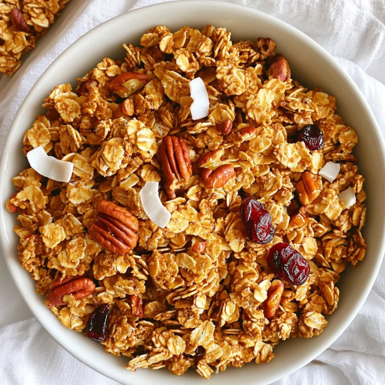 To make tasty maple pecan granola, you need these main ingredients: - 2 cups rolled oats - 1 cup pecans, chopped - ½ cup sunflower seeds - ½ cup coconut flakes (unsweetened) - ½ cup maple syrup - ¼ cup coconut oil, melted - 1 teaspoon vanilla extract - ½ teaspoon cinnamon - ½ teaspoon salt These ingredients work together to create a crunchy and sweet breakfast. The oats serve as the base. They provide fiber and texture. The pecans add a rich, nutty flavor. Sunflower seeds give a nice crunch, while coconut flakes add a hint of tropical taste. You can also add these optional items to your granola: - ½ cup dried cranberries or raisins These dried fruits bring extra sweetness and chewiness. You can mix in other options too, like chocolate chips or different nuts. Feel free to get creative! This granola is not just tasty; it’s good for you too. Here’s a simple breakdown: - Calories: About 200 per serving - Protein: 4 grams - Fat: 10 grams (mostly healthy fats) - Carbohydrates: 30 grams - Fiber: 3 grams This granola gives you energy to start your day. It has healthy fats from nuts and seeds. The fiber helps keep you full longer. Enjoy it with yogurt or fresh fruit for a balanced meal! Start by gathering all your ingredients. You need: - 2 cups rolled oats - 1 cup pecans, chopped - ½ cup sunflower seeds - ½ cup coconut flakes (unsweetened) - ½ cup maple syrup - ¼ cup coconut oil, melted - 1 teaspoon vanilla extract - ½ teaspoon cinnamon - ½ teaspoon salt - ½ cup dried cranberries or raisins (optional) Once you have everything, preheat your oven to 350°F (175°C). Line a large baking sheet with parchment paper. This step helps your granola not stick. In a large bowl, mix the rolled oats, chopped pecans, sunflower seeds, coconut flakes, cinnamon, and salt together. Stir until everything is well combined. In another bowl, whisk the melted coconut oil, maple syrup, and vanilla extract. Mix until smooth and blended. Pour the wet mixture over the dry ingredients. Stir until every piece is coated. This ensures all flavors blend well. Spread the granola on your prepared baking sheet in an even layer. Bake for 25 to 30 minutes. Stir halfway through to ensure even baking. Watch it closely to avoid burning. After baking, take it out and let it cool completely on the baking sheet. This cooling time helps the granola become crispy. Once cooled, you can mix in dried cranberries or raisins if you like. Store your granola in an airtight container. It will stay fresh for up to two weeks. Enjoy it with yogurt and fresh fruit for a tasty breakfast! To get crunchy granola, follow a few simple steps. First, spread the mixture on the baking sheet in one even layer. This allows hot air to circulate and crisp every part. Next, stir the granola halfway through baking. This helps it brown evenly. Watch it closely in the last few minutes. You want it golden, not burnt. Lastly, let it cool completely on the sheet. Cooling helps it firm up and become crispy. If you have allergies, you can easily swap some ingredients. For nuts, try seeds like pumpkin or more sunflower seeds. This keeps the crunch without nuts. For coconut, you can leave it out completely. If you cannot use maple syrup, agave syrup or honey works well. Make sure the substitute fits your diet. Always check labels for hidden allergens. Granola is versatile and tasty! You can serve it with yogurt and fresh fruit. Try berries or sliced bananas for a sweet touch. You can also add a drizzle of maple syrup on top for extra flavor. For a snack, enjoy it plain or with milk. You can even sprinkle it on salads for added crunch. Be creative and mix it up! {{image_2}} You can change the nuts and seeds in your granola. Try walnuts, almonds, or pistachios. Each option brings its own flavor. For seeds, consider pumpkin or chia seeds. These will add crunch and nutrients. Mixing different nuts and seeds keeps your granola exciting. You can add different flavors to your granola. Adding cocoa powder gives a nice chocolate taste. You can also mix in spices like nutmeg or ginger. For a sweeter touch, try adding a pinch of brown sugar. You can even sprinkle in some vanilla bean or almond extract. These small changes can make your granola unique. To make granola bars, follow the same steps but with a twist. Add 1/2 cup of nut butter to the wet mix. This helps hold the bars together. After baking, press the mixture into a lined baking dish. Let it cool, then cut into bars. These bars are great for a quick snack or breakfast on the go. To keep your maple pecan granola fresh, use an airtight container. Glass jars or plastic containers work well. Store it in a cool, dry place. This prevents moisture from making the granola soggy. Avoid areas near the stove or oven, as heat can spoil the granola faster. When stored properly, your granola can last up to two weeks. After that, it may lose its crispness. Check for any signs of moisture or off smells before eating. If it smells stale or feels soft, it's best to toss it. Keeping the granola fresh helps maintain its great taste. You can freeze your granola for longer storage. First, let it cool completely. Then, place it in a freezer-safe bag or container. Remove as much air as possible to prevent freezer burn. Granola can last up to three months in the freezer. To enjoy, simply thaw it at room temperature before eating. Yes, you can use regular syrup. However, it will change the flavor. Maple syrup gives a rich, sweet taste. If you prefer a light flavor, use corn syrup or agave. Keep in mind that these options are not as healthy as maple syrup. To make it vegan, use plant-based ingredients. Substitute coconut oil for a vegan butter. Also, ensure your syrup is pure and from a vegan source. You can skip the optional dried cranberries or use vegan-friendly options. This way, you keep it tasty and plant-based. Maple pecan granola offers several health benefits. Here are a few: - Fiber: Rolled oats are high in fiber. This supports digestion and keeps you full. - Healthy Fats: Pecans provide healthy fats. They are good for your heart. - Vitamins: Coconut flakes add vitamins and minerals. They help boost your immune system. - Natural Sweetener: Maple syrup is a natural sweetener. It has antioxidants and fewer chemicals than refined sugars. This granola is not just tasty; it also supports a balanced diet. Enjoy it with yogurt or milk for extra nutrition. This article covered how to make delicious maple pecan granola at home. We explored ingredients, step-by-step instructions, and tips for perfect granola. You can experiment with flavors and add-ins to suit your taste. Storing granola properly can keep it fresh longer. Remember, making this granola can be fun and rewarding. Now, enjoy your tasty treat!