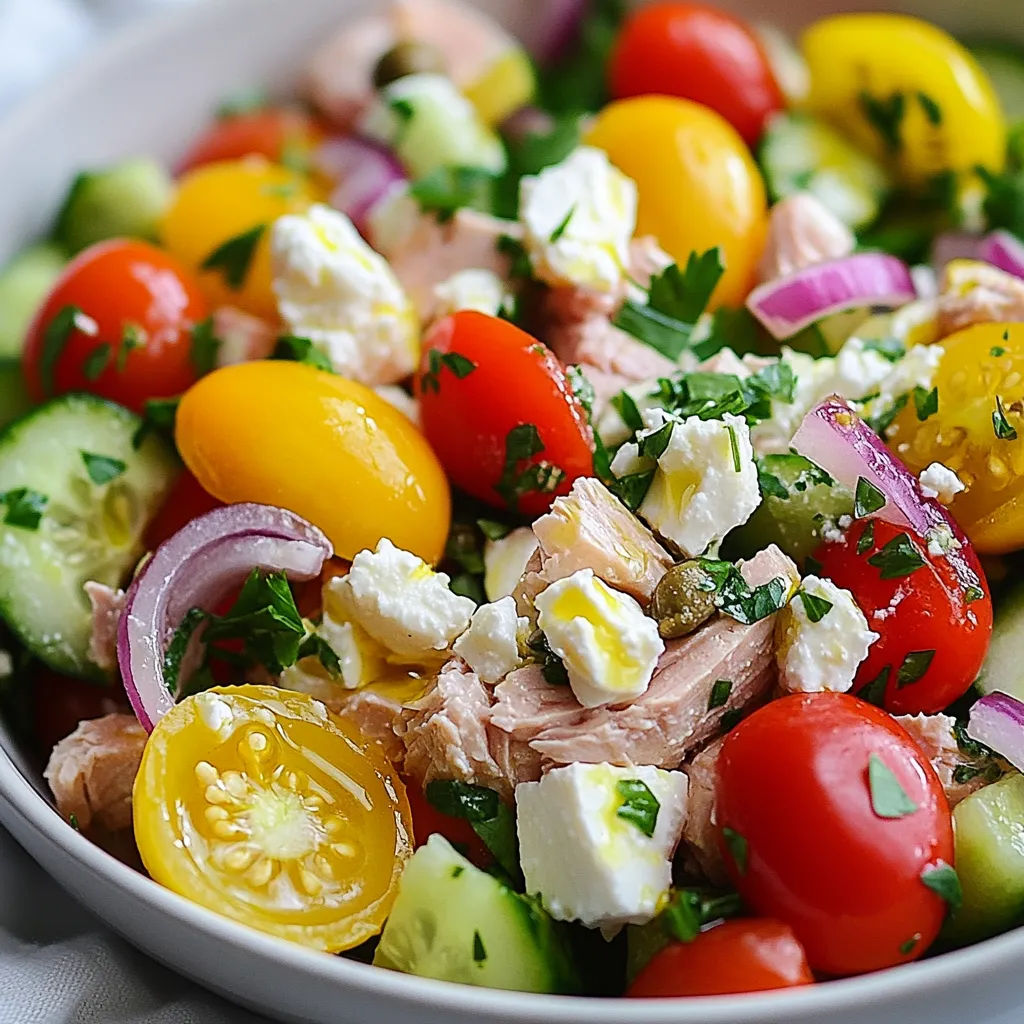- 2 cans of tuna in olive oil, drained - 1 cup cherry tomatoes, halved - 1/2 cucumber, diced - 1/4 red onion, finely chopped - 1/4 cup Kalamata olives, pitted and sliced - 1/4 cup feta cheese, crumbled - 1/4 cup fresh parsley, chopped - 2 tablespoons capers, drained Tuna is the star of this dish. I love using canned tuna in olive oil because it adds great flavor. It’s also very tender. Cherry tomatoes and cucumber bring freshness and crunch. Red onion adds a slight bite that balances the salad well. Kalamata olives provide a rich, briny taste. Feta cheese gives a nice creaminess with a salty kick. Fresh parsley brightens it all up. Capers add a unique tang that makes this salad special. - Juice of 1 lemon - 3 tablespoons olive oil - Salt and pepper to taste The dressing is simple yet powerful. Fresh lemon juice adds acidity and zest. Olive oil ties everything together with a smooth, rich flavor. I recommend using a high-quality olive oil for the best taste. Salt and pepper enhance all the flavors. You can adjust these based on your taste. Mixing the dressing well helps ensure every bite is flavorful. This dish is fresh, colorful, and perfect for any meal. {{ingredient_image_1}} Mixing the Salad Ingredients Start with a large bowl. Add two cans of drained tuna. Then, toss in one cup of halved cherry tomatoes. Next, add half a diced cucumber. Chop a quarter of a red onion and mix it in. Don’t forget the quarter cup of sliced Kalamata olives. Crumble in a quarter cup of feta cheese. Finally, add a quarter cup of chopped fresh parsley and two tablespoons of drained capers. Preparing the Dressing In a small bowl, whisk together the juice of one lemon and three tablespoons of olive oil. Add salt and pepper to taste. Mix until it blends well. This dressing adds a bright flavor to your salad. Folding the Ingredients Together Pour the dressing over the salad mixture. Gently fold everything together. Be careful not to break up the tuna too much. You want all the flavors to mix well while keeping some texture. Adjusting Seasoning Taste your salad. If it needs more flavor, add a little more salt or pepper. This step ensures the salad is just right for you. Refrigeration Tips Cover the salad and chill it in the fridge for at least 30 minutes. This wait lets the flavors blend together. If you have time, chilling it longer makes it even better. Suggestions for Serving You can serve this salad cold or at room temperature. Pair it with crusty bread for a nice crunch. Or, serve it on a bed of greens for a refreshing meal. Enjoy your tasty Mediterranean tuna salad! How to Choose the Best Tuna When picking tuna, look for high-quality cans. Choose tuna packed in olive oil for great flavor. Check for brands that use sustainable fishing. The best tuna will have a firm texture and a nice color. Always read the label for any added ingredients. Tips for Fresh Vegetables Fresh veggies make your salad pop. Select ripe cherry tomatoes that are bright and firm. Look for cucumbers that are crisp and free from soft spots. Red onions should be vibrant and crunchy. Always wash your veggies to remove any dirt. Cut them right before mixing for freshness. Ideas for Pairing This salad goes well with crusty bread. You can also serve it on a bed of mixed greens. Pair it with a light white wine for a nice touch. A crisp sparkling water adds a refreshing feel. You can add some lemon wedges for extra zing. Creative Serving Options Serve the salad in individual bowls for a fun touch. You can also wrap it in lettuce leaves for a low-carb option. Try using pita bread to scoop up the salad. For a twist, serve it with a side of hummus and pita chips. This makes a great lunch or light dinner. Pro Tips Quality Tuna Matters: Use high-quality tuna packed in olive oil for a richer flavor and better texture in your salad. Fresh Herbs for Flavor: Fresh parsley enhances the taste significantly; consider adding fresh dill or basil for a unique twist. Customize Your Ingredients: Feel free to add other ingredients like bell peppers, artichokes, or even hard-boiled eggs to make it your own. Chill for Best Flavor: Allowing the salad to chill for at least 30 minutes helps the flavors meld, making each bite more delicious. {{image_2}} Alternative Proteins You can swap tuna for other proteins. Try canned salmon for a different taste. Cooked chicken can also work well. For a vegetarian option, use chickpeas. They add a nice texture and flavor. Different Vegetables Feel free to mix up the veggies. Bell peppers add crunch and sweetness. Zucchini can bring a fresh taste. Carrots offer a nice pop of color. Use what you love or what you have on hand. Additional Herbs and Spices Fresh herbs boost the flavor. Try dill or basil for a twist. You can also add a pinch of red pepper flakes for heat. Garlic powder can add a warm depth. Experiment to find your favorite mix. Different Dressings While lemon and olive oil is classic, you can try new dressings. A balsamic vinaigrette adds sweetness. Greek yogurt can give a creamy texture. Experiment with different dressings to suit your taste. Refrigeration Guidelines To store leftovers, place the tuna salad in an airtight container. Make sure to seal it well. It will stay fresh in the fridge for about three days. Keep it on a middle shelf for the best temperature. Always check for any signs of spoilage before eating. Freezing Options You can freeze this salad, but it may change the texture. If you want to freeze it, use a freezer-safe container. Leave some space at the top for expansion. Thaw it in the fridge overnight before serving. Use the salad within three months for the best taste. How Long it Lasts in the Fridge In the fridge, this Mediterranean tuna salad lasts up to three days. After this, you should discard it. Always check the salad before enjoying it again. Signs of Spoilage Look for any off smells or changes in color. If the salad appears slimy or has an unusual texture, it’s time to throw it away. Trust your senses; they often guide you well. Can I use canned tuna in water? Yes, you can use canned tuna in water. However, tuna in olive oil adds more flavor. The oil also keeps the tuna moist and gives a richer taste. If you use tuna in water, you may want to add a bit more olive oil to the salad. This keeps the dish bright and tasty. Is Mediterranean tuna salad healthy? Yes, Mediterranean tuna salad is very healthy. It is packed with protein from the tuna. The fresh veggies and olives add vitamins and minerals. Feta cheese gives you calcium too. You can enjoy this meal without feeling guilty. Can I make it ahead of time? Yes, you can make this salad ahead of time. It tastes even better after sitting for a while. Make it a few hours before or even the night before. Just keep it in the fridge. The flavors will blend nicely. How should I serve it? You can serve this salad cold or at room temperature. It goes great with crusty bread or on a bed of greens. You can also use it as a filling for wraps. This makes it a versatile dish for any meal. Mediterranean tuna salad is fresh, healthy, and easy to make. We covered main ingredients like tuna, veggies, feta, and olives. You learned how to mix, chill, and serve it right. Remember to pick the best tuna and veggies for the best taste. Don’t hesitate to try different proteins or herbs for fun flavors. With these tips, you will enjoy this dish for days. Keep leftovers safe in the fridge and watch for spoilage. Enjoy your cooking and sharing this vibrant salad!
