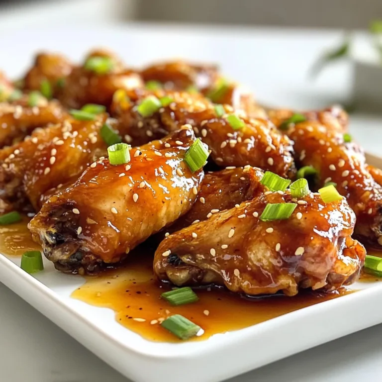 - Chicken wings (2 pounds) - Honey (1/2 cup) - Soy sauce (low sodium) (1/4 cup) - Garlic (4 cloves, minced) - Fresh ginger (1 tablespoon, grated) - Apple cider vinegar (1 tablespoon) - Red pepper flakes (1/2 teaspoon, optional for heat) - Salt and pepper (to taste) - Sesame seeds (2 tablespoons, for garnish) - Chopped green onions (for garnish) When making honey garlic chicken wings, fresh ingredients matter. Use quality chicken wings for the best taste. I prefer organic wings if possible. Honey gives the wings their sweet flavor. Low-sodium soy sauce adds depth without making the dish too salty. Fresh garlic and ginger provide a bold kick that balances the sweetness. Apple cider vinegar adds a tangy note. If you like heat, try red pepper flakes for a spicy twist. Adjust salt and pepper to your taste. Sesame seeds and green onions make a lovely garnish. They add color and crunch to your finished dish. These simple ingredients come together to create a flavorful dish. Enjoy the process of gathering and prepping them. Each step builds excitement for the tasty wings ahead! {{ingredient_image_1}} - Preheat the oven to 425°F (220°C). - Line a large baking sheet with parchment paper or a silicone mat. - In a big bowl, combine honey, soy sauce, minced garlic, grated ginger, and vinegar. - Add salt and pepper to taste. Whisk it all together until mixed. - Toss the chicken wings in the marinade. Make sure they are well coated. - Place the coated wings in a single layer on the baking sheet. - Bake the wings for 25-30 minutes. Remember to flip them halfway through. - For extra flavor, baste the wings with more marinade during the last five minutes. Choosing the best chicken wings is key. Fresh wings usually taste better than frozen ones. Look for plump, clean wings with no bruising. Fresh wings have a nice texture and flavor. If you use frozen wings, thaw them completely before cooking. To achieve the right crispiness, I recommend a few oven tips. First, preheat your oven to 425°F (220°C). This high heat helps the wings crisp up nicely. Line your baking sheet with parchment paper to prevent sticking. Arrange the wings in a single layer, giving them space to cook evenly. Flip the wings halfway through cooking for even browning. If you want extra crispiness, broil them for the last few minutes. Presentation can make a meal more enjoyable. Serve the wings on a large platter for a fun look. Drizzle some leftover sauce from the baking sheet over the wings. This adds flavor and makes them shine. Add celery sticks on the side for crunch. For dips, I suggest ranch or blue cheese dressing to enhance the flavors. You could also try a sweet chili sauce for a different twist. These options make your meal even more exciting. You will need some essential kitchen tools. A large mixing bowl helps mix the sauce and coat the wings. A baking sheet lined with parchment paper ensures easy cleanup. For oven settings, keep it at 425°F (220°C) for the best results. Monitor the wings closely during baking. This way, you can catch them at the perfect crispness. Using a meat thermometer can help too; the wings should reach 165°F (74°C) for safe eating. Pro Tips Marinade Time: For the best flavor, allow the chicken wings to marinate in the sauce for at least 1 hour, or overnight in the refrigerator if time permits. Crispy Skin: To achieve extra crispy wings, pat them dry with paper towels before seasoning and baking. Add Variety: Experiment with different types of honey or add citrus zest to the marinade for a unique flavor twist. Serving Suggestion: Pair the wings with a cooling dip like ranch or blue cheese to balance the sweetness and heat of the sauce. {{image_2}} You can make your honey garlic wings spicy. To do this, add more red pepper flakes. If you want more control, try different hot sauces. Sriracha or buffalo sauce can add a nice kick. Just mix these sauces into the marinade for extra flavor. You can change the sweetener in the sauce. Maple syrup or agave nectar works well. These options bring a new taste to the wings. For soy sauce, you can use tamari or coconut aminos. These are great for those who need gluten-free options. You can cook honey garlic wings in an air fryer. Set the air fryer to 400°F (200°C). Cook for about 25 minutes. Flip the wings halfway through for even cooking. This method gives a nice crisp without deep frying. Grilling is another tasty option. Grilling adds a smoky flavor that pairs well with honey garlic sauce. Preheat your grill to medium heat. Grill the wings for about 20-25 minutes. Turn them often to avoid burning. Both methods create delicious wings. To store leftovers, place the wings in an airtight container. Make sure they cool down first. You can keep them in the fridge for up to 3 days. If you want to keep them longer, consider freezing. You can freeze honey garlic chicken wings for up to 3 months. To do this, place the wings in a freezer-safe bag or container. Squeeze out as much air as you can before sealing. When you're ready to eat, thaw them in the fridge overnight. Reheat the wings in the oven for best results. Preheat your oven to 350°F (175°C) and place the wings on a baking sheet. Heat for about 10-15 minutes. This method keeps them crispy. If you use a microwave, heat them in short bursts. This can make them soggy, so be careful. You can brush on some extra honey garlic sauce for added flavor while reheating. I love pairing honey garlic chicken wings with fresh sides. Here are some great options: - Celery sticks: Crunchy and refreshing, they balance the sweet wings. - Carrot sticks: Sweet and crunchy, carrots add color and flavor. - Coleslaw: Creamy slaw adds coolness to the spicy wings. - Green salad: A simple salad with greens, tomatoes, and cucumbers works well. - Rice or quinoa: They soak up the sauce and round out the meal. These sides bring color and taste to your meal. They also help balance the sweet and savory flavors of the wings. Yes, you can use chicken drumsticks! Drumsticks will take a bit longer to cook. Here are some tips: - Cooking time: Bake drumsticks for about 35-40 minutes. Make sure they reach 165°F (75°C) for safety. - Coating: Use the same marinade as for wings. Toss them well to coat. - Placement: Arrange them in a single layer, just like the wings. This swap gives you juicy meat with the same delicious flavor. If you want a thicker honey garlic sauce, try these tips: - Cornstarch: Mix 1 tablespoon of cornstarch with 2 tablespoons of water. Stir this mix into the sauce while cooking. - Reduce the sauce: Let it simmer on low heat. This helps to concentrate the flavors. - Add more honey: Honey thickens as it cooks. Just be careful not to make it too sweet. These methods help you achieve the perfect sauce texture for your wings. In this blog post, we explored how to make delicious honey garlic chicken wings. We covered the key ingredients, step-by-step instructions, and helpful tips. You learned about fun variations and how to store leftovers. For a tasty meal, serve these wings with your favorite sides. Remember, you can adjust the recipe to match your taste. Whether you cook them in the oven, air fryer, or on the grill, enjoy the sticky, sweet flavor!