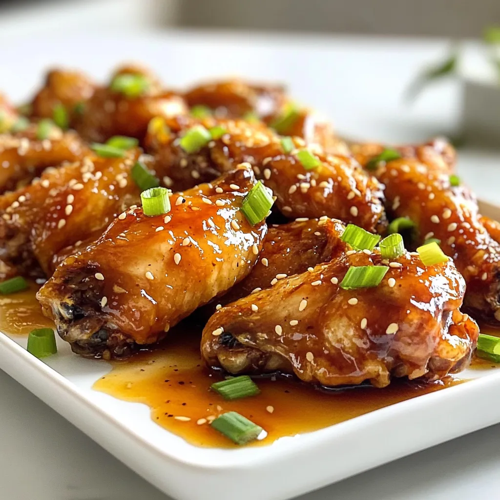 - Chicken wings (2 pounds) - Honey (1/2 cup) - Soy sauce (low sodium) (1/4 cup) - Garlic (4 cloves, minced) - Fresh ginger (1 tablespoon, grated) - Apple cider vinegar (1 tablespoon) - Red pepper flakes (1/2 teaspoon, optional for heat) - Salt and pepper (to taste) - Sesame seeds (2 tablespoons, for garnish) - Chopped green onions (for garnish) When making honey garlic chicken wings, fresh ingredients matter. Use quality chicken wings for the best taste. I prefer organic wings if possible. Honey gives the wings their sweet flavor. Low-sodium soy sauce adds depth without making the dish too salty. Fresh garlic and ginger provide a bold kick that balances the sweetness. Apple cider vinegar adds a tangy note. If you like heat, try red pepper flakes for a spicy twist. Adjust salt and pepper to your taste. Sesame seeds and green onions make a lovely garnish. They add color and crunch to your finished dish. These simple ingredients come together to create a flavorful dish. Enjoy the process of gathering and prepping them. Each step builds excitement for the tasty wings ahead! {{ingredient_image_1}} - Preheat the oven to 425°F (220°C). - Line a large baking sheet with parchment paper or a silicone mat. - In a big bowl, combine honey, soy sauce, minced garlic, grated ginger, and vinegar. - Add salt and pepper to taste. Whisk it all together until mixed. - Toss the chicken wings in the marinade. Make sure they are well coated. - Place the coated wings in a single layer on the baking sheet. - Bake the wings for 25-30 minutes. Remember to flip them halfway through. - For extra flavor, baste the wings with more marinade during the last five minutes. Choosing the best chicken wings is key. Fresh wings usually taste better than frozen ones. Look for plump, clean wings with no bruising. Fresh wings have a nice texture and flavor. If you use frozen wings, thaw them completely before cooking. To achieve the right crispiness, I recommend a few oven tips. First, preheat your oven to 425°F (220°C). This high heat helps the wings crisp up nicely. Line your baking sheet with parchment paper to prevent sticking. Arrange the wings in a single layer, giving them space to cook evenly. Flip the wings halfway through cooking for even browning. If you want extra crispiness, broil them for the last few minutes. Presentation can make a meal more enjoyable. Serve the wings on a large platter for a fun look. Drizzle some leftover sauce from the baking sheet over the wings. This adds flavor and makes them shine. Add celery sticks on the side for crunch. For dips, I suggest ranch or blue cheese dressing to enhance the flavors. You could also try a sweet chili sauce for a different twist. These options make your meal even more exciting. You will need some essential kitchen tools. A large mixing bowl helps mix the sauce and coat the wings. A baking sheet lined with parchment paper ensures easy cleanup. For oven settings, keep it at 425°F (220°C) for the best results. Monitor the wings closely during baking. This way, you can catch them at the perfect crispness. Using a meat thermometer can help too; the wings should reach 165°F (74°C) for safe eating. Pro Tips Marinade Time: For the best flavor, allow the chicken wings to marinate in the sauce for at least 1 hour, or overnight in the refrigerator if time permits. Crispy Skin: To achieve extra crispy wings, pat them dry with paper towels before seasoning and baking. Add Variety: Experiment with different types of honey or add citrus zest to the marinade for a unique flavor twist. Serving Suggestion: Pair the wings with a cooling dip like ranch or blue cheese to balance the sweetness and heat of the sauce. {{image_2}} You can make your honey garlic wings spicy. To do this, add more red pepper flakes. If you want more control, try different hot sauces. Sriracha or buffalo sauce can add a nice kick. Just mix these sauces into the marinade for extra flavor. You can change the sweetener in the sauce. Maple syrup or agave nectar works well. These options bring a new taste to the wings. For soy sauce, you can use tamari or coconut aminos. These are great for those who need gluten-free options. You can cook honey garlic wings in an air fryer. Set the air fryer to 400°F (200°C). Cook for about 25 minutes. Flip the wings halfway through for even cooking. This method gives a nice crisp without deep frying. Grilling is another tasty option. Grilling adds a smoky flavor that pairs well with honey garlic sauce. Preheat your grill to medium heat. Grill the wings for about 20-25 minutes. Turn them often to avoid burning. Both methods create delicious wings. To store leftovers, place the wings in an airtight container. Make sure they cool down first. You can keep them in the fridge for up to 3 days. If you want to keep them longer, consider freezing. You can freeze honey garlic chicken wings for up to 3 months. To do this, place the wings in a freezer-safe bag or container. Squeeze out as much air as you can before sealing. When you're ready to eat, thaw them in the fridge overnight. Reheat the wings in the oven for best results. Preheat your oven to 350°F (175°C) and place the wings on a baking sheet. Heat for about 10-15 minutes. This method keeps them crispy. If you use a microwave, heat them in short bursts. This can make them soggy, so be careful. You can brush on some extra honey garlic sauce for added flavor while reheating. I love pairing honey garlic chicken wings with fresh sides. Here are some great options: - Celery sticks: Crunchy and refreshing, they balance the sweet wings. - Carrot sticks: Sweet and crunchy, carrots add color and flavor. - Coleslaw: Creamy slaw adds coolness to the spicy wings. - Green salad: A simple salad with greens, tomatoes, and cucumbers works well. - Rice or quinoa: They soak up the sauce and round out the meal. These sides bring color and taste to your meal. They also help balance the sweet and savory flavors of the wings. Yes, you can use chicken drumsticks! Drumsticks will take a bit longer to cook. Here are some tips: - Cooking time: Bake drumsticks for about 35-40 minutes. Make sure they reach 165°F (75°C) for safety. - Coating: Use the same marinade as for wings. Toss them well to coat. - Placement: Arrange them in a single layer, just like the wings. This swap gives you juicy meat with the same delicious flavor. If you want a thicker honey garlic sauce, try these tips: - Cornstarch: Mix 1 tablespoon of cornstarch with 2 tablespoons of water. Stir this mix into the sauce while cooking. - Reduce the sauce: Let it simmer on low heat. This helps to concentrate the flavors. - Add more honey: Honey thickens as it cooks. Just be careful not to make it too sweet. These methods help you achieve the perfect sauce texture for your wings. In this blog post, we explored how to make delicious honey garlic chicken wings. We covered the key ingredients, step-by-step instructions, and helpful tips. You learned about fun variations and how to store leftovers. For a tasty meal, serve these wings with your favorite sides. Remember, you can adjust the recipe to match your taste. Whether you cook them in the oven, air fryer, or on the grill, enjoy the sticky, sweet flavor!