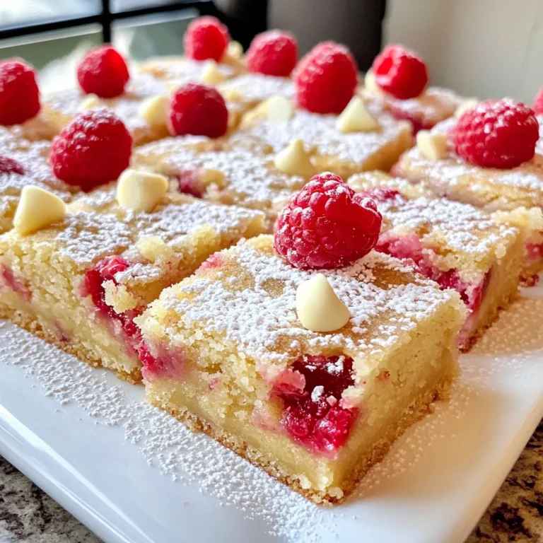 To make these blondies, you need a few key ingredients: - 1 cup unsalted butter, melted - 1 ½ cups packed brown sugar - 2 large eggs - 1 teaspoon vanilla extract - 2 cups all-purpose flour - 1 teaspoon baking powder - ½ teaspoon salt - 1 cup white chocolate chips - 1 cup fresh raspberries (or frozen, thawed) These ingredients create a soft and chewy dessert with a sweet and fruity flavor. The butter adds richness, while the brown sugar gives depth. White chocolate chips provide creamy sweetness, and raspberries add a nice tart contrast. If you don’t have certain ingredients, you can make a few swaps: - Use salted butter instead of unsalted. Just skip the added salt. - Replace brown sugar with white sugar, but the flavor will change. - If you lack eggs, try using unsweetened applesauce or mashed banana. Use ¼ cup for each egg. - For the flour, you can use a gluten-free blend if needed. These substitutes still work well to create tasty blondies while keeping the recipe simple. When you pick raspberries, look for these signs: - Choose berries that are plump and firm. - Check for bright color; dark berries may be overripe. - Avoid any that are mushy or have mold. Fresh raspberries add the best flavor and texture. If you can’t find fresh ones, frozen raspberries work too. Just make sure to thaw and drain them before mixing. {{ingredient_image_1}} Start by preheating your oven to 350°F (175°C). This step helps your blondies bake evenly. Next, take a 9x13 inch baking pan. You can grease it with butter or use parchment paper. Parchment paper makes it easy to lift the blondies out later. In a large mixing bowl, pour in the melted butter. Add the packed brown sugar. Use a whisk to mix them well until smooth. Next, crack in the eggs, one at a time. Mix well after each egg. Add the vanilla extract and stir until it's blended in. In another bowl, whisk together the flour, baking powder, and salt. Gradually add this dry mix to your wet mix. Stir gently, but don’t overmix. Finally, fold in the white chocolate chips and the fresh raspberries. Be careful not to squish the berries. Now, pour the batter into your prepared pan. Spread it evenly with a spatula. Place the pan in your preheated oven. Bake for 25 to 30 minutes. Check for doneness by inserting a toothpick into the center. It should come out clean, with just a few crumbs. Once baked, take the pan out and let it cool for about 15 minutes. After that, transfer the blondies to a wire rack. Let them cool completely before cutting them into squares or rectangles. Enjoy! When you mix your batter, do it gently. Overmixing can make the blondies tough. You want a light and fluffy texture. Mix until just combined. This means you can still see a few flour streaks. It helps keep your blondies soft and delicious. To melt white chocolate, use a microwave or a double boiler. If using a microwave, heat in short bursts. Stir often to avoid burning. If it gets too hot, it will clump. Smooth melted chocolate mixes well into the batter. It adds creaminess and sweetness to your blondies. To keep your blondies fresh, store them in an airtight container. You can leave them at room temperature for a few days. If you want to keep them longer, place them in the fridge. For even longer storage, freeze them. Wrap each blondie in plastic wrap before freezing. This way, they stay moist and tasty when you are ready to enjoy them. Pro Tips Use Room Temperature Eggs: Allow your eggs to sit at room temperature for about 30 minutes before using them. This helps them incorporate better into the batter, resulting in a lighter texture. Don't Overmix the Batter: Mix just until the dry ingredients are incorporated. Overmixing can lead to dense blondies, so be gentle when folding in the chocolate and raspberries. Check for Doneness: Use a toothpick to check if your blondies are done. If it comes out with a few moist crumbs, they’re perfect! Overbaking can dry them out. Cool Completely Before Cutting: Let the blondies cool in the pan for at least 15 minutes, then transfer to a wire rack. This ensures they set properly and makes slicing easier. {{image_2}} You can make your blondies even better by adding nuts. I love using chopped walnuts or pecans. They add a nice crunch and rich flavor. Just stir in about 1 cup of your favorite nuts when you fold in the white chocolate chips. This gives a fun texture and enhances the overall taste. While white chocolate is the star, you can switch it up. Dark or milk chocolate chips work great too. Each type gives a unique taste. If you prefer a more intense flavor, use dark chocolate. For a sweeter taste, try milk chocolate. Mix it up and find your favorite! Raspberries are delicious, but you can use other berries. Blueberries, strawberries, or blackberries can work well. Just make sure to keep the amount the same: about 1 cup. Each berry brings its own flavor, making your blondies special. Experiment with different berries to find the perfect match for you! To keep your white chocolate raspberry blondies fresh, store them in an airtight container. This helps retain their moist texture. You can keep them at room temperature for up to three days. If you want to store them longer, the fridge works well too. Just remember to seal them tightly. Freezing blondies is a great option for long-term storage. After they cool completely, cut them into squares. Wrap each piece in plastic wrap and place them in a freezer bag. Remove as much air as possible before sealing. You can freeze them for up to three months. When you’re ready to enjoy them, just thaw overnight in the fridge. To reheat your blondies, preheat your oven to 350°F (175°C). Place the blondies on a baking sheet. Cover them with foil to keep them moist. Heat for about 10 minutes or until warmed through. You can also use a microwave. Heat each square for 15-20 seconds for a soft treat. Enjoy them warm, and the white chocolate will melt just right! Yes, you can use frozen raspberries in your blondies. Just thaw them first. Pat them dry to remove excess moisture. This prevents the batter from getting too wet. The flavor remains sweet and fruity, just like fresh raspberries. To check if the blondies are done, look for golden edges. Insert a toothpick into the center. If it comes out clean or with a few crumbs, they are ready. The tops should be set but slightly soft. Remember, they will continue to cook a bit as they cool. Blondies and brownies differ in flavor and ingredients. Blondies use brown sugar and vanilla, while brownies use cocoa powder. This gives blondies a sweet, buttery taste. Brownies have a rich, chocolate flavor. Both are delicious, but they offer different treats! In this post, we explored how to make delicious white chocolate raspberry blondies. I covered key ingredients, tips for mixing, and smart storage ideas. You can customize these blondies with nuts or other berries for fun twists. Remember to avoid overmixing for the best texture. Keep these tips in mind for baking success. With the right ingredients and care, your blondies will be a hit! Enjoy baking and savoring every bite.