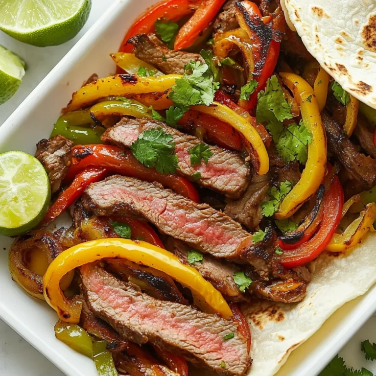 - 1 lb flank steak - 2 tablespoons chipotle in adobo sauce, blended - 1 red bell pepper, sliced - 1 green bell pepper, sliced - 1 medium onion, sliced - 2 tablespoons lime juice - 1 teaspoon cumin - 2 garlic cloves, minced - 1 teaspoon smoked paprika - Salt and pepper to taste - Fresh cilantro - Flour or corn tortillas For these Chipotle Lime Steak Fajitas, I love using flank steak. It cooks quickly and stays tender when sliced right. The chipotle in adobo sauce brings a smoky heat that pairs perfectly with lime juice. Fresh vegetables like red and green bell peppers add color and crunch. The marinade makes a huge difference in flavor. You can play with spices like cumin and smoked paprika to enhance the taste. I recommend fresh cilantro as a garnish; it adds a nice touch. Don’t forget the tortillas! You can choose flour or corn, depending on your taste. These ingredients work together to create a delightful meal that is sure to impress. {{ingredient_image_1}} To marinate the steak, first, mix chipotle sauce, lime juice, cumin, minced garlic, smoked paprika, salt, and pepper in a bowl. This mixture gives the steak a great flavor. Next, add the flank steak and coat it well with the marinade. Cover the bowl and let it sit. I suggest marinating for at least 30 minutes at room temperature. For a deeper flavor, refrigerate for up to 2 hours. In a large skillet, heat 1 tablespoon of olive oil over medium-high heat. Add your sliced red and green bell peppers and onion to the skillet. Sauté these for about 5 to 7 minutes. You want the vegetables to get tender and start to caramelize. A pinch of salt and pepper will enhance their taste. When they look good, remove them from the skillet and set them aside. Now, let’s cook the steak. In the same skillet, add another tablespoon of olive oil and raise the heat to high. Take the flank steak out of the marinade and discard any leftover marinade. Place the steak in the hot skillet. Cook it for about 4 to 5 minutes on each side for medium-rare. If you prefer it more done, adjust your cooking time. After cooking, let the steak rest for 5 minutes before slicing against the grain. For assembly, slice the steak thinly and return it to the skillet. Add the cooked vegetables over low heat. This warms everything together. It’s a great way to blend the flavors. Before serving, warm your tortillas in a skillet or microwave. Fill each tortilla with the steak and vegetable mix. Don’t forget to garnish with fresh cilantro for a burst of flavor! To make the best marinade, blend chipotle in adobo sauce with lime juice. This mix adds a smoky and tangy kick. Add cumin, minced garlic, and smoked paprika for depth. Coat the flank steak well to soak up all the flavor. Try marinating for at least 30 minutes. For even better taste, let it sit in the fridge for up to 2 hours. I love using a cast iron skillet for cooking steak. It holds heat well and gives a nice sear. If you use a non-stick pan, ensure you heat it well, too. Start cooking the steak on high heat to get a good crust. Keep an eye on the temperature. For medium-rare, cook about 4-5 minutes on each side. Use a meat thermometer to check. Aim for 130°F for the perfect doneness. To impress your guests, serve fajitas on a large platter. Add lime wedges for a pop of color. A bowl of fresh cilantro lets everyone add their own touch. You can even layer the tortillas on the side. It makes for a fun, DIY meal. For extra flair, sprinkle some smoked paprika on top for a vibrant look. Pro Tips Marinate for Flavor: Allowing the flank steak to marinate for at least 30 minutes will enhance the flavors significantly. For a deeper taste, consider marinating it overnight in the refrigerator. High Heat for Searing: Make sure your skillet is hot before adding the steak. This will give you a nice sear, locking in the juices and creating a delicious crust. Slice Against the Grain: To ensure tenderness, always slice the steak against the grain. This helps break down the muscle fibers, making each bite easier to chew. Customize Your Toppings: Feel free to add your favorite toppings such as avocado, sour cream, or salsa to personalize your fajitas and enhance their flavor profile. {{image_2}} You can switch up the meat in this recipe for a fun twist. Chicken or shrimp fajitas are great options. Both cook quickly and soak up the flavors well. For a vegetarian option, try using tofu or seitan. They provide a nice texture and absorb the marinade beautifully. Experiment with spices and sauces to change the flavor profile. Adding chili powder gives a richer heat. You can also try adding fresh herbs like oregano or thyme for a fresh taste. Seasonal vegetables can also add variety. Spring onions in the spring or zucchini in the summer make great choices. Choosing the right tortilla can change your fajita experience. Flour tortillas are soft and chewy, while corn tortillas offer a sturdy texture. If you need gluten-free options, many brands sell corn tortillas that taste great. You can even find gluten-free flour tortillas for a softer bite. To store leftover fajitas, first cool them down. Let them sit at room temperature for no more than two hours. This helps prevent bacteria growth. After cooling, place them in airtight containers. Glass or plastic containers work well. Make sure to seal them tightly to keep the flavors locked in. When reheating, you want to keep the flavors and texture. The stovetop is best for this. Heat a skillet over medium. Add a splash of water or oil to help steam the fajitas. Stir gently until everything is hot. If using a microwave, place the fajitas on a microwave-safe plate. Cover with a damp paper towel. Heat in short bursts, checking often to avoid overcooking. You can freeze fajitas for later use. To freeze, let the cooked fajitas cool completely. Then, place them in freezer-safe bags. Remove as much air as you can before sealing. To thaw, place the bag in the fridge overnight. This keeps the flavor fresh. You can also use the microwave for quick thawing, but this may affect the texture slightly. Yes, you can use other cuts of steak. Skirt steak, sirloin, or ribeye work well. Just remember to adjust cooking times slightly. Skirt steak cooks quickly, about 3-4 minutes per side. Sirloin takes about 5-6 minutes per side for medium-rare. Ribeye, being thicker, may need 6-7 minutes. You can marinate the steak for at least 30 minutes. For best flavor, let it sit for up to 2 hours in the fridge. Avoid marinating longer than 24 hours; the meat may become too tender and mushy. Great side options include Mexican rice, refried beans, or a fresh salad. You can also serve corn on the cob or guacamole. For drinks, try a cold beer or a refreshing limeade. These will complement the fajitas nicely. Yes, you can prep fajitas in advance! Marinate the steak the night before. Cook the vegetables and steak, then store them in the fridge. When ready to serve, just reheat them in a skillet. This saves time and makes meal planning easy. You’ve learned how to make delicious Chipotle Lime Steak Fajitas, from marinating flank steak to cooking fresh vegetables. Remember the importance of using fresh ingredients and the right techniques for cooking. Fajitas are versatile, so feel free to try different proteins and toppings. Proper storage lets you enjoy leftovers too. With these tips, you can impress friends and family with a flavorful meal. Enjoy your fajitas and get creative with your favorite ingredients!