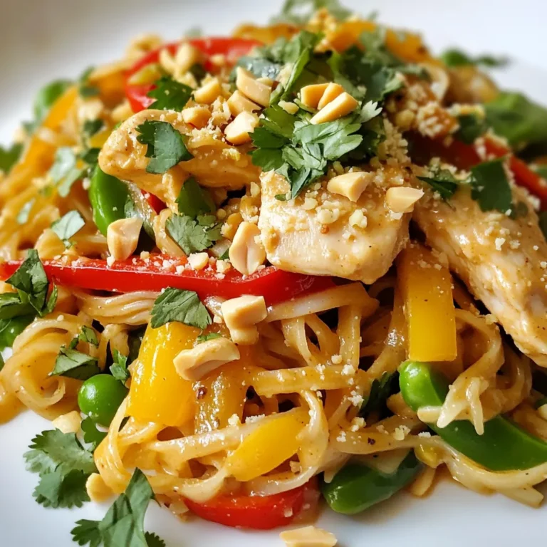 - 8 oz rice noodles - 1 lb chicken breast, thinly sliced - 1 cup bell peppers (red, yellow, green), thinly sliced - 1 cup snap peas, trimmed - 3 green onions, sliced - 2 cloves garlic, minced - 1 tablespoon fresh ginger, grated - 1 cup creamy peanut butter - 1/4 cup soy sauce (or tamari for gluten-free) - 2 tablespoons lime juice - 1 tablespoon honey or maple syrup - 1 teaspoon sriracha (adjust to taste) - 2 tablespoons sesame oil - Salt and pepper to taste - Crushed peanuts and cilantro for garnish When I make Thai peanut chicken noodles, I love to focus on fresh and vibrant ingredients. The rice noodles are a must. They soak up the sauce well and have a nice texture. Chicken breast, sliced thin, cooks quickly and stays juicy. I usually use a mix of colorful bell peppers for crunch and sweetness. Snap peas add a little snap and freshness too. For the sauce, creamy peanut butter is key. It gives a rich flavor that pairs well with the chicken and noodles. Soy sauce adds saltiness, while lime juice brings a zesty kick. I like to sweeten it with honey or maple syrup. A touch of sriracha adds warmth, but feel free to adjust this to match your taste. Don't forget the sesame oil, garlic, and ginger! They add depth and aroma to the dish. Finally, I season with salt and pepper to enhance all the flavors. I often finish the dish with crushed peanuts and cilantro for a delightful crunch and fresh taste. It’s a simple yet satisfying meal that I know you'll enjoy! {{ingredient_image_1}} To start, bring a large pot of water to a boil. Add 8 oz of rice noodles. Cook them according to the package instructions, usually around 4 to 6 minutes. You want the noodles to be al dente. This means they should be firm but not hard. Once done, drain the noodles and set them aside. To achieve that perfect texture, rinse the noodles under cold water. This stops the cooking process and prevents them from sticking together. If you want extra flavor, toss them with a little sesame oil. In a bowl, combine 1 cup of creamy peanut butter, 1/4 cup of soy sauce, 2 tablespoons of lime juice, 1 tablespoon of honey or maple syrup, and 1 teaspoon of sriracha. Mix these ingredients until they are smooth and well-blended. Taste the sauce and adjust it to your liking. If you want more sweetness, add a little more honey. For more heat, add extra sriracha. This sauce is key to the dish, so make it just how you like it. Heat 2 tablespoons of sesame oil in a large skillet over medium-high heat. Add 1 pound of thinly sliced chicken breast. Cook the chicken for about 5 to 7 minutes. You want it to be golden brown and fully cooked. Season it with salt and pepper while cooking. Once the chicken is done, add 1 cup of thinly sliced bell peppers and 1 cup of trimmed snap peas. Also, add 2 cloves of minced garlic and 1 tablespoon of grated ginger. Stir-fry these ingredients for 3 to 4 minutes. The veggies should be tender but still crisp. Now reduce the heat to low. Add the cooked rice noodles to the skillet. Pour the peanut sauce over the noodles. Toss everything together well. You want the sauce to coat the noodles evenly. Heat this mixture for 2 to 3 minutes, just until everything is warmed through. When ready to serve, plate the Thai peanut chicken noodles. For a nice touch, garnish with sliced green onions, crushed peanuts, and fresh cilantro. This not only adds flavor but also makes your dish look beautiful. Enjoy your tasty and quick meal! - Gluten-free options: Use tamari instead of soy sauce. Opt for rice noodles, as they are naturally gluten-free. - Vegan alternatives: Swap chicken for tofu or tempeh. Use maple syrup instead of honey to keep it vegan. - Skillet vs. wok: A skillet works well for this dish. A wok can help with heat and speed but isn’t necessary. - Tips for effective stir-frying: Keep your ingredients moving in the pan. This helps to cook them evenly and prevents burning. Cook on high heat for a quick finish. - Adding heat without overpowering: Use sriracha sparingly at first. You can always add more later if you want more spice. - Balancing sweetness and acidity: Adjust lime juice and honey to find your perfect mix. This balance makes the dish vibrant and tasty. Pro Tips Use Fresh Ingredients: Fresh vegetables and herbs will enhance the flavor and texture of your dish. Opt for vibrant, crisp bell peppers and snap peas for the best results. Adjust the Heat: The amount of sriracha can be modified to suit your spice preference. Start with a small amount and add more if you like it spicier. Meal Prep Friendly: This dish makes for excellent meal prep. You can cook the chicken and vegetables ahead of time and store them in the fridge, then simply reheat and add the noodles and sauce when ready to serve. Garnish for Flavor: Don’t skip the garnishes! Crushed peanuts and fresh cilantro not only add visual appeal but also enhance the overall flavor of the dish. {{image_2}} You can swap chicken for other proteins. Try shrimp or tofu for a tasty change. If you want plant-based options, consider chickpeas or tempeh. Both add great texture and flavor. Mix in other vegetables for more color and crunch. Broccoli, carrots, or zucchini all work well. You can also use seasonal veggies. For spring, try asparagus; in fall, add butternut squash. You can change the nut butter for a new flavor. Almond butter or cashew butter gives a fun twist. Want it spicier? Add more sriracha or some red pepper flakes. Adjust it to your taste! To store your Thai peanut chicken noodles, place them in an airtight container. Make sure the noodles cool down before sealing. This step helps prevent sogginess. You can store them in the fridge for up to three days. If you want to keep them longer, think about freezing. When reheating, aim to keep the dish moist. Use a skillet over medium heat. Add a splash of water or extra sauce to prevent drying out. Stir gently until everything is warmed through. You can also use a microwave. Cover the dish and heat in short intervals. Stir between each interval to keep it even. Yes, you can freeze Thai peanut chicken noodles! To do this, store them in a freezer-safe container. Make sure to leave some space for expansion. When you're ready to eat, thaw overnight in the fridge. Reheat it in a skillet with a bit of water or sauce to restore moisture. Enjoy your meal even later! Yes, you can make this dish ahead. Cook the noodles and chicken, then store them separately. For meal prep, follow these tips: - Cook noodles al dente: This keeps them firm when stored. - Store sauce separately: Keep the peanut sauce in a jar. It stays fresh longer. - Refrigerate: Place everything in airtight containers. They last up to three days in the fridge. The spice level can change based on your taste. If you want less heat, skip the sriracha or add less. If you love spice, add more sriracha or even fresh chili. Always taste the sauce first. Adjust it to fit your flavor. Pair these noodles with simple sides. Here are some ideas: - Crisp salad: A fresh green salad with lime dressing works great. - Steamed veggies: Broccoli or carrots add color and nutrition. - Spring rolls: These add fun and crunch to your meal. Feel free to mix and match these sides to make your meal exciting! This blog post walked you through making Thai peanut chicken noodles, from ingredients to serving tips. You learned how to cook rice noodles, create a tasty peanut sauce, and properly cook chicken and veggies. I shared tricks to enhance flavors and accommodate dietary needs. Remember, cooking is about enjoyment and creativity. You can always tweak the recipe to fit your taste. So use fresh ingredients, experiment with flavors, and enjoy your meal!