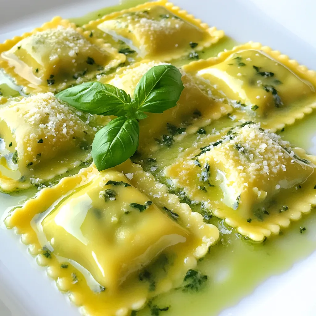 To make creamy spinach ricotta ravioli, you need the right mix of ingredients. Here’s what you will need: - 2 cups fresh spinach, chopped - 1 cup ricotta cheese - 1/2 cup grated Parmesan cheese - 1/4 cup cream cheese, softened - 1 teaspoon garlic powder - Salt and pepper to taste - 1 package (12 ounces) fresh or frozen ravioli (spinach or cheese filling) - 2 tablespoons olive oil These ingredients come together to create a rich and tasty dish. The blend of cheeses gives a creamy texture while the spinach adds freshness. You can enhance the dish with a few optional ingredients. Consider adding: - 1/4 teaspoon nutmeg - Fresh basil leaves, for garnish Nutmeg adds a warm spice that complements the creamy filling. Fresh basil gives a pop of color and flavor on top. If you have dietary needs, there are easy swaps. Here are some ideas: - Use dairy-free ricotta for a vegan option. - Swap regular ravioli for gluten-free pasta. - Try adding cooked chicken or mushrooms for extra protein. These substitutions keep the dish tasty while catering to different diets. Enjoy experimenting with your creamy spinach ricotta ravioli! {{ingredient_image_1}} To start, gather your ingredients. You will need fresh spinach, ricotta, Parmesan cheese, cream cheese, garlic powder, salt, and pepper. If you want a hint of warmth, add nutmeg. In a medium bowl, chop the spinach and mix it with the cheeses and garlic powder. Use a fork to blend until it's nice and creamy. Taste and adjust salt and pepper to your liking. Next, it's time to cook the ravioli. If you use fresh ravioli, follow the package instructions. If frozen, bring a large pot of water to a boil. Add the ravioli and let them cook for about 4 to 5 minutes. Watch closely for them to float to the top. This means they're done! Once cooked, drain the ravioli and set them aside on a plate. Now, let's make it all come together. In a large skillet, heat the olive oil over medium heat. Once hot, add the creamy spinach and ricotta mixture to the skillet. Stir for 1 to 2 minutes until it's heated through. Then, gently add the cooked ravioli. Toss them carefully in the creamy sauce until they are well coated. Cook for about 2 to 3 more minutes. This helps the flavors mix well. Adjust the seasoning one last time. When you're happy, serve the ravioli on a dish. Finish with fresh basil leaves for a pop of color and flavor. Enjoy your meal! To cook ravioli well, follow these steps: - Use a large pot for boiling water. - Add salt to the water. This adds flavor. - Fresh ravioli cooks fast, about 2-3 minutes. - Frozen ravioli takes longer, about 4-5 minutes. - When they float, they are ready. - Drain them gently to avoid breakage. For a creamy texture, focus on these tips: - Mix ricotta, cream cheese, and Parmesan well. - Ensure the cheese mix is smooth and free of lumps. - Add a splash of pasta water to the sauce. - This helps it cling to the ravioli better. - Stir the sauce gently while heating. To enhance flavor, try these simple ideas: - Use fresh garlic instead of garlic powder for bold taste. - Add a pinch of nutmeg for warmth. - Fresh herbs like basil or parsley brighten the dish. - Taste the sauce and adjust salt and pepper. - Consider a sprinkle of red pepper flakes for heat. - Finish with a drizzle of olive oil for richness. Pro Tips Fresh Spinach Choice: Opt for young, tender spinach leaves for a milder flavor and a more delicate texture in your ravioli filling. Cheese Variations: Experiment with different cheeses like feta or goat cheese mixed with ricotta for a unique taste profile. Noodle Cooking Time: Be careful not to overcook the ravioli; they should float to the top and be tender but still firm to the bite. Garnishing Ideas: Add a drizzle of balsamic reduction or a sprinkle of crushed red pepper for an extra pop of flavor and visual appeal. {{image_2}} You can change the filling in your ravioli to keep things fun. Here are some tasty options: - Mushroom and Cheese: Earthy mushrooms blend well with creamy cheese. - Butternut Squash: Sweet squash gives a nice twist to your dish. - Meat Filling: Ground beef or sausage adds a hearty touch. - Four Cheese: A mix of cheeses can make a rich and creamy bite. Experimenting with these fillings can change your meal completely. While the creamy sauce is delicious, you can try other options. Here are some ideas: - Marinara Sauce: A classic tomato sauce adds a fresh taste. - Pesto: This herb-based sauce gives a bright flavor. - Alfredo Sauce: Rich and creamy, it pairs well with the ravioli. - Brown Butter Sage: This nutty sauce adds a unique touch. These sauces can add new flavors to your dinner. If you want a vegan or gluten-free dish, you can easily adjust the recipe. Here are some swaps: - Vegan Ricotta: Use a nut-based ricotta made from cashews or tofu. - Gluten-Free Ravioli: Look for gluten-free pasta options in stores. - Plant-Based Cream Cheese: Many brands offer this as a dairy-free option. - Olive Oil and Herbs: Use these to enhance flavor without dairy. These adjustments keep the taste while meeting your diet needs. To store leftover ravioli, let them cool first. Place them in an airtight container. Make sure to cover the ravioli well to keep them fresh. You can keep them in the fridge for up to three days. If you want to save them longer, consider freezing them. When you are ready to eat your leftover ravioli, reheating them right is key. You can use a skillet for the best taste. Add a little olive oil or butter to the pan. Heat it on medium-low. Add the ravioli and gently stir until warm. This keeps the creamy sauce smooth. You can also microwave them, but they may lose some creaminess. To freeze ravioli, use a baking sheet lined with parchment paper. Spread the cooked ravioli in a single layer. Freeze them for about an hour until firm. Then transfer the ravioli to a freezer bag. Squeeze out the air and seal it tight. They can stay in the freezer for up to three months. When you're ready, cook them straight from frozen, adding a few extra minutes to the cooking time. To make homemade ravioli, you need flour, eggs, and water. Start by mixing 2 cups of flour with 3 eggs and a pinch of salt. Knead the dough for about 10 minutes. Let it rest for 30 minutes. Roll out the dough into thin sheets. Cut the sheets into squares or circles. Place a spoonful of filling in the center. Fold the dough over and seal the edges. Boil the ravioli in salted water for 3-4 minutes until they float. Yes, you can use dried ravioli. Dried ravioli takes longer to cook. Follow the package instructions for cooking times. Usually, it takes about 8-10 minutes in boiling water. Check for doneness by tasting one. Make sure it’s tender but not mushy. Keep an eye on it as it cooks. You can serve garlic bread or a fresh salad. A Caesar salad or a simple green salad pairs well. You can also serve it with steamed vegetables, like broccoli or green beans. A glass of white wine, like Pinot Grigio, complements the dish nicely. For a special touch, try a light lemon dessert after your meal. This blog post showed you how to make creamy spinach ricotta ravioli. We covered essential ingredients and tasty options for flavor. You learned easy steps to prepare the filling and cook ravioli. I shared tips for a creamy texture and seasoning skills. We explored fun variations and how to store leftovers. In the end, making this dish is easy and fun. You can customize it to fit your needs. Enjoy making and sharing this delightful meal!
