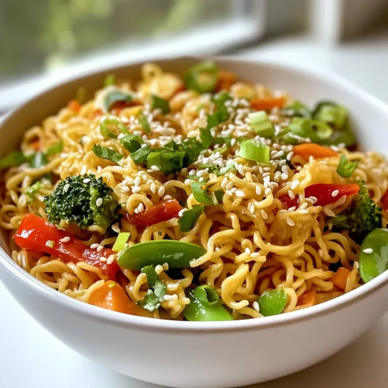 - 2 packs of instant ramen noodles (discard seasoning packets) - 2 tablespoons sesame oil - 4 cloves garlic, minced - 1-inch piece ginger, grated - 1 red bell pepper, sliced - 1 cup broccoli florets - 1 small carrot, julienned - 1 cup snap peas - 3 green onions, chopped - 2 tablespoons soy sauce - 1 tablespoon sriracha (adjust to taste) - 1 teaspoon rice vinegar - 1 tablespoon sesame seeds (for garnish) - Fresh cilantro (for garnish, optional) To make this spicy garlic ramen stir fry, gather these ingredients first. Start with instant ramen noodles. They cook quickly and work best for this dish. Next, choose fresh vegetables. I love a mix of red bell pepper, broccoli, carrot, and snap peas for crunch and color. Aromatics are key for flavor. Use garlic and ginger to create warmth and spice. Don’t forget the sauces! Soy sauce adds depth, while sriracha gives heat. Rice vinegar brings a nice balance. Finally, sesame seeds and cilantro make great toppings. They add a fresh twist to the dish. This simple list will set you up for a tasty meal in no time! {{ingredient_image_1}} To cook the ramen noodles, start by bringing a pot of water to a boil. Add the two packs of instant ramen noodles. Cook them for about 3-4 minutes, or until they are soft. Once done, drain the noodles in a colander. Rinse them briefly under cold water to stop cooking. This step helps avoid soggy noodles that can ruin your stir fry. Set the noodles aside while you prep the other ingredients. Next, grab a large skillet or wok. Heat two tablespoons of sesame oil over medium-high heat. Add four cloves of minced garlic and a one-inch piece of grated ginger. Sauté them for about 30 seconds, stirring constantly until fragrant. This quick step boosts the flavor of your dish. Now, increase the heat to high. Toss in a sliced red bell pepper, one cup of broccoli florets, one small julienned carrot, and one cup of snap peas. Stir-fry these vibrant veggies for about 3-4 minutes. You want them to be tender-crisp, not mushy. Now it’s time to combine the noodles and sauce. Add the cooked ramen noodles to the skillet with the vegetables. In a small bowl, whisk together two tablespoons of soy sauce, one tablespoon of sriracha, and one teaspoon of rice vinegar. Pour this sauce over the noodles and veggies. Toss everything together for 2-3 minutes, ensuring the noodles get an even coating of flavor. Finally, fold in three chopped green onions right before serving. This adds a fresh crunch to your dish. Enjoy your spicy garlic ramen stir fry, garnished with sesame seeds and fresh cilantro if you like! To make your vegetables crisp-tender, use high heat while stir-frying. This helps keep their shape and color bright. Cut your veggies evenly for even cooking. Start with the harder ones like carrots and broccoli, adding softer ones like snap peas later. This way, they all cook perfectly together. When it comes to spice, sriracha is your best friend. Start with one tablespoon, then taste. If you want more heat, add a little more. Mix it well with soy sauce and rice vinegar for a balanced flavor. It’s all about adjusting to your taste! For the best presentation, serve your spicy garlic ramen stir fry in deep bowls. This keeps everything warm and makes it look great. Top with extra green onions and a drizzle of sriracha for a pop of color and taste. To enhance flavor and texture, consider adding sesame seeds on top. Fresh cilantro can brighten the dish, too. These little touches make your meal look fancy and inviting, perfect for sharing or enjoying yourself. Pro Tips Use Fresh Ingredients: Fresh vegetables will enhance the flavor and texture of your stir fry, making it more vibrant and appealing. Adjust Spice Level: Feel free to modify the amount of sriracha according to your heat preference. Start with less and add more if you like it spicier. Don't Overcook the Veggies: Stir fry the vegetables until they are tender-crisp to retain their nutrients, color, and crunch. Garnish for Presentation: A sprinkle of sesame seeds and fresh cilantro not only adds flavor but also makes the dish visually appealing. {{image_2}} You can easily change the veggies in the spicy garlic ramen stir fry. Here are some great options: - Zucchini: Slice it thin and toss it in. - Mushrooms: Add sliced shiitake or button mushrooms for a meaty bite. - Bell Peppers: Use any color you like for a sweet crunch. For those needing vegan or gluten-free options, make simple swaps: - Soy Sauce: Use tamari for gluten-free. - Sriracha: Check for vegan versions if needed. - Noodles: Opt for rice noodles or gluten-free ramen. To amp up the flavor, try adding these spices or sauces: - Chili flakes: For extra heat. - Oyster sauce: For a richer taste. - Lime juice: A splash adds fresh brightness. You can also add proteins to make the dish heartier. Here are some ideas: - Chicken: Slice it thin, sauté it before the veggies. - Tofu: Firm tofu works well. Cube it and stir-fry until golden. These variations keep the dish fun and exciting! To keep your spicy garlic ramen stir fry fresh, follow these tips: - Cool it down: Let the stir fry cool to room temperature first. - Use airtight containers: Store leftovers in airtight containers to keep them safe. - Refrigerate: Place the containers in the fridge. They stay good for about 3-4 days. To keep noodles from sticking together, try these tips: - Separate noodles: Toss them with a bit of sesame oil before storing. - Layer correctly: Place noodles in one layer in the container. This helps them stay apart. Reheating your ramen stir fry is easy. Here’s how: - Stovetop method: Heat a skillet over medium heat. Add the stir fry and a splash of water. Stir until heated through. - Microwave method: Place the stir fry in a microwave-safe bowl. Cover it loosely and heat in 30-second bursts. Stir after each burst. To avoid overcooked noodles, keep these tips in mind: - Watch the time: Heat just until warm. Don’t overdo it! - Add moisture: Use a little water or broth. This helps keep noodles tender. Yes, you can use many types of noodles. Options include udon, soba, or even rice noodles. Each type has a unique taste and texture. Udon noodles are thick and chewy. Soba noodles are thin and nutty. Rice noodles are light and gluten-free. Choose what you like best. Just make sure to cook them according to the package instructions. Drain and add them to the stir fry like you would with ramen. Absolutely! This recipe is great for meal prep. You can cook the noodles and vegetables ahead of time. Store them in airtight containers in the fridge. Keep the sauce separate until you are ready to eat. This way, the noodles stay fresh. Reheat everything together in a pan. Add the sauce for extra flavor. You can also portion out the stir fry for easy lunches. If you want more heat, try adding chili flakes. You can also use fresh chopped chilies. For an extra kick, add a few drops of chili oil. Another option is to use spicy soy sauce. This will boost the flavor and heat. Adjust the amount of sriracha too. Start with a little and add more until it’s just right for you. In this blog post, we explored how to make a delicious ramen stir fry. We started with the key ingredients like instant noodles, fresh veggies, and tasty sauces. You learned step-by-step instructions for cooking noodles and stir-frying vegetables. We shared tips on perfecting your dish and ways to serve it beautifully. You also discovered variations, storage tips, and answers to common questions. Now you can create a flavorful ramen stir fry that suits your taste. Have fun experimenting with spices and veggies! Enjoy your cooking adventure!