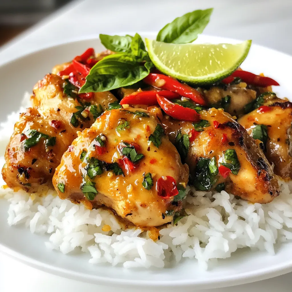 To make spicy Thai basil chicken, gather these main ingredients: - 1 lb (450g) boneless chicken thighs, sliced thinly - 2 tablespoons vegetable oil - 4 cloves garlic, minced - 2-3 bird's eye chilies, finely chopped (adjust to taste) - 1 red bell pepper, sliced - 1 cup fresh Thai basil leaves - 2 tablespoons soy sauce - 1 tablespoon fish sauce - 1 teaspoon sugar These ingredients create a rich, vibrant dish with bold flavors. You can add these optional ingredients for even more taste: - 1 tablespoon oyster sauce (for added depth) Oyster sauce brings a nice umami flavor to the dish. Serve spicy Thai basil chicken with these tasty sides: - Cooked jasmine rice - Steamed vegetables - Cucumber salad These sides balance the heat and enhance your meal. Enjoy experimenting with these flavors! {{ingredient_image_1}} Start by gathering all your ingredients. You will need: - 1 lb (450g) boneless chicken thighs, sliced thinly - 2 tablespoons vegetable oil - 4 cloves garlic, minced - 2-3 bird's eye chilies, finely chopped - 1 red bell pepper, sliced - 1 cup fresh Thai basil leaves - 2 tablespoons soy sauce - 1 tablespoon oyster sauce (optional) - 1 tablespoon fish sauce - 1 teaspoon sugar - Cooked jasmine rice, for serving Wash your vegetables well. Slice the chicken into thin strips. Mince the garlic and chop the chilies. This prep makes cooking easier and faster. Heat the vegetable oil in a large skillet or wok on medium-high heat. Once hot, add the minced garlic and chopped chilies. Sauté for about 30 seconds. You want the garlic fragrant but not burnt. Next, add the sliced chicken thighs. Stir frequently for about 5-7 minutes. Cook until the chicken is browned and no longer pink inside. Now, toss in the sliced red bell pepper. Cook for another 2-3 minutes. The peppers should be slightly soft but still crisp. This adds great texture to the dish. In a small bowl, mix together the soy sauce, oyster sauce (if you're using it), fish sauce, and sugar. Stir well to combine. Pour this sauce mixture into the skillet. Stir to coat the chicken and peppers evenly. Let everything cook for another minute. This allows the sauce to stick to the chicken and veggies. Finally, turn off the heat and gently fold in the fresh Thai basil leaves. They will wilt quickly from the heat. Serve your spicy Thai basil chicken over jasmine rice. Enjoy! You control how spicy your dish is. Start with one bird's eye chili. Taste, then add more if you want it hotter. Remember, fresh chilies are very strong! If it's too spicy, add a little sugar. This balances the heat nicely. You can also serve it with extra lime. Lime juice cools down the spice, making it more enjoyable. For tender chicken, slice the thighs thinly. This helps them cook quickly and evenly. Cook on medium-high heat for the best results. Avoid overcrowding the pan. If the pan is too full, the chicken will steam instead of fry. This can make it tough. Stir often to get an even cook. Make your dish look great! Serve the chicken on a bed of jasmine rice. Add fresh basil leaves on top for color. A slice of lime on the side adds brightness. This makes your dish pop! You can also use a colorful plate to enhance the look. Enjoy your meal with a smile! Pro Tips Use Fresh Ingredients: Opt for fresh Thai basil and the freshest chicken you can find for the best flavor in your dish. Adjust Spice Level: Feel free to adjust the number of bird's eye chilies to match your heat tolerance; start with fewer and add more if desired. Perfect Rice: Make sure to serve this dish over perfectly steamed jasmine rice, which complements the bold flavors beautifully. Garnish for Appeal: A few whole basil leaves and a slice of lime not only enhance presentation but also add a burst of freshness when served. {{image_2}} You can easily make Spicy Thai Basil Chicken vegetarian. Use firm tofu instead of chicken. Slice the tofu into thin pieces. Pan-fry the tofu until golden brown. This gives it a nice texture. Follow the same steps in the recipe after adding the garlic and chilies. Use the same sauces to keep the flavors. If you prefer other proteins, try shrimp or beef. For shrimp, cook them quickly, about 2-3 minutes. Add them just after the garlic and chilies. For beef, use thin strips of flank steak. Cook the beef until it’s browned, about 5-7 minutes. Both options will still taste great with the sauce. Many ingredients can change based on what you have. If you can’t find Thai basil, use regular basil or mint. You can replace fish sauce with soy sauce for a vegetarian option. If you want less sweetness, skip the sugar or use honey. Each swap can offer a new twist on the dish. To store leftovers, let the dish cool down first. Place it in an airtight container. Make sure to cover it well. Store the container in the fridge. It will stay fresh for about 3 days. To reheat, take the chicken out of the fridge. You can use a skillet or microwave. If using a skillet, heat it on medium. Add a splash of water to keep it moist. Stir it for about 5 minutes or until hot. If using a microwave, heat it in short bursts. Check every 30 seconds to avoid overcooking. You can freeze Spicy Thai Basil Chicken too. Use a freezer-safe container for best results. It will last up to 3 months in the freezer. When ready to eat, thaw it in the fridge overnight. Reheat it as mentioned above. Enjoy the flavors again! Spicy Thai Basil Chicken is a tasty dish from Thailand. It features tender chicken cooked with spicy chilies and fresh basil. The dish has a bold flavor, thanks to soy sauce, fish sauce, and garlic. You serve it over jasmine rice for a complete meal. This dish is quick to make and perfect for busy days. Yes, you can use different meats. Feel free to swap chicken for pork, beef, or shrimp. Each meat brings its own flavor. Just make sure to adjust cooking times. For example, shrimp cooks faster than chicken. Always ensure the meat is fully cooked before serving. To reduce the heat, use fewer bird's eye chilies. You can add more bell pepper to balance the spice. Another option is to remove the seeds from the chilies. You can also serve the dish with a side of yogurt or sour cream. This helps to cool the heat and makes it more enjoyable for everyone. This blog post covered how to make Spicy Thai Basil Chicken. We discussed main and optional ingredients, plus tasty side dishes. I walked you through step-by-step cooking and shared helpful tips. We even explored variations for different diets and storage methods. In the end, you can enjoy this dish your way. Make it spicy or mild and choose what fits your taste. Each bite brings fresh flavors. Take these ideas to your kitchen and have fun making it!