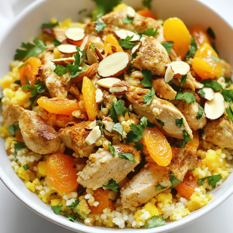 - 2 chicken breasts, diced - 1 cup couscous - 1 ½ cups chicken broth - 1 tablespoon olive oil - 1 onion, finely chopped - 2 cloves garlic, minced - 1 teaspoon ground cumin - 1 teaspoon ground coriander - 1 teaspoon cinnamon - 1 teaspoon ground turmeric - 1 cup carrots, diced - 1 cup chickpeas, drained and rinsed - 1/2 cup dried apricots, chopped - 1/2 cup almonds, toasted and sliced - Salt and pepper to taste - Fresh coriander or parsley, for garnish The ingredients for Moroccan chicken couscous create a rich and tasty dish. You start with the chicken breasts, which give protein and flavor. Diced chicken cooks quickly and absorbs all the spices. Couscous, a tiny pasta, cooks fast and soaks up the broth well. Next, you have vegetables. Onions and garlic bring depth and aroma. They add a sweet and savory base when sautéed. Carrots offer crunch and color, while chickpeas add creaminess and fiber. Dried apricots provide a sweet contrast, and toasted almonds add a nice texture. Now, let's talk about spices. Cumin and coriander give warmth and earthiness. Cinnamon adds a hint of sweetness, and turmeric brings a lovely golden color. These spices create a distinct Moroccan flavor that sets this dish apart. Finally, fresh herbs like coriander or parsley brighten up the dish. They add a fresh touch right before serving. Each ingredient plays a role, making it a balanced and delightful meal. {{ingredient_image_1}} First, heat 1 tablespoon of olive oil in a large skillet over medium heat. Once the oil is warm, add 2 diced chicken breasts. Season the chicken with salt and pepper. Cook the chicken for about 5-7 minutes until it turns brown and is fully cooked. Once done, remove the chicken from the skillet and set it aside. In the same skillet, add the finely chopped onion. Sauté it for about 3-4 minutes until it becomes translucent. Next, add 2 minced garlic cloves. Cook the garlic for about 1 minute until it smells great. Now, stir in 1 teaspoon each of ground cumin, ground coriander, cinnamon, and turmeric. Let the spices bloom in the oil for 1-2 minutes. This step is key for full flavor. After that, add 1 cup of diced carrots. Sauté the carrots for 3 more minutes, then add 1 cup of chickpeas. Cook for an additional 2 minutes. Pour in 1 ½ cups of chicken broth and bring it to a boil. Once it boils, stir in 1 cup of couscous. Cover the skillet and remove it from the heat. Let it sit for about 5 minutes. This allows the couscous to absorb all the tasty broth. After 5 minutes, fluff the couscous with a fork. Add back the browned chicken, along with ½ cup of chopped dried apricots and ½ cup of toasted almonds. Mix everything gently to combine. Adjust the seasoning with more salt and pepper if needed. Finally, garnish the dish with fresh coriander or parsley before serving. Blooming spices is key for deep flavor. When you stir spices in hot oil, they release their oils and scents. This makes the dish taste richer. Always add your spices after the onion and garlic. This timing lets the spices shine without burning. To get perfect couscous, use the right ratio of liquid. For every cup of couscous, use 1.5 cups of broth. Bring the broth to a boil before adding the couscous. After adding, cover it and let it sit. This helps the couscous absorb the liquid. To avoid overcooking, don’t leave the couscous on the heat. After adding it to the broth, remove the pan from the heat. Let it rest for five minutes. This way, it stays fluffy and light. Pair your Moroccan chicken couscous with fresh salads or yogurt. A simple green salad adds crunch and brightness. You can also serve it with roasted veggies for more flavor. For plating, use a large bowl or plate. Start with couscous as a base. Then, add the chicken and veggies on top. Finish with a sprinkle of toasted almonds and fresh herbs. This makes your dish look stunning and appetizing. Pro Tips Marinate the Chicken: For enhanced flavor, marinate the diced chicken in olive oil, cumin, and coriander for at least 30 minutes before cooking. Use Homemade Broth: If possible, use homemade chicken broth for a richer taste compared to store-bought options. Customize Veggies: Feel free to add other vegetables like bell peppers or zucchini for extra color and nutrition. Garnish Generously: Don’t skimp on the fresh coriander or parsley; it adds a refreshing touch and enhances the dish's presentation. {{image_2}} If you want to swap chicken, you have options. You can use turkey breast or even fish like salmon. These proteins cook quickly and pair well with couscous. If you're looking for vegetarian options, try tofu or lentils. Tofu soaks up flavors well, while lentils add a nice texture. You can easily enhance the flavor of your dish. Adding harissa gives a spicy kick. This North African chili paste adds depth and warmth. You can also use seasonal vegetables for freshness. Think zucchini in summer or squash in fall. They bring vibrant colors and flavors to your couscous. Couscous varies by region, each with unique touches. In Algeria, they might use lamb instead of chicken. In Tunisia, they often add a spicy sauce called “chermoula.” Historically, couscous had many forms, often influenced by local ingredients. These variations show how versatile this dish can be. To store leftovers, let the Moroccan chicken couscous cool first. Place it in a clean, airtight container. Use glass or plastic containers with tight lids. This keeps the dish fresh and tasty. Leftovers can stay in the fridge for about 3 days. Make sure to label the container with the date to track freshness. Freezing couscous is a simple way to save extra food. First, let it cool completely. Then, scoop it into freezer-safe bags. Remove as much air as possible before sealing. This helps prevent freezer burn. You can freeze it for up to 3 months. When you're ready to eat, thaw it overnight in the fridge. To reheat, add a splash of water and warm it gently in the microwave or on the stove. Understanding when to discard food is key. If you see mold, strange colors, or off smells, it's time to throw it away. Cooked couscous should be eaten within 3 days if stored properly in the fridge. If you freeze it, try to use it within 3 months for the best taste. Always trust your senses. If something seems off, it’s better to be safe and discard it. You can pair Moroccan chicken couscous with many tasty sides. Here are a few ideas: - A fresh green salad with lemon vinaigrette. - Roasted vegetables like bell peppers and zucchini. - Warm pita bread or flatbreads for dipping. - A refreshing yogurt sauce for cooling contrast. For drinks, try mint tea or a light white wine. They both complement the flavors nicely. Yes, you can make Moroccan chicken couscous ahead of time. Prepare it as usual and let it cool. Store it in an airtight container in the fridge. It will last for up to three days. When you're ready to eat, just reheat it gently on the stove. Add a splash of broth to keep it moist while warming. Traditional couscous is made from wheat, so it is not gluten-free. However, you can use alternatives. Quinoa or rice make great substitutes. Both have a nice texture and absorb flavors well. You can still enjoy the Moroccan spices and chicken with these options. To ensure chicken is fully cooked, check its internal temperature. It should reach 165°F (75°C). Use a meat thermometer for accuracy. The chicken should be white all the way through, with no pink. If unsure, cut into a piece to check. Proper cooking keeps your meal safe and tasty. In this blog post, we covered the essentials for making Moroccan Chicken Couscous. We discussed the main ingredients, spices, and step-by-step cooking methods. You learned useful tips for perfecting flavor and texture. We explored variations and proper storage techniques. By trying this dish, you embrace a rich cultural tradition. Enjoy the vibrant flavors and let your culinary skills shine. Happy cooking!