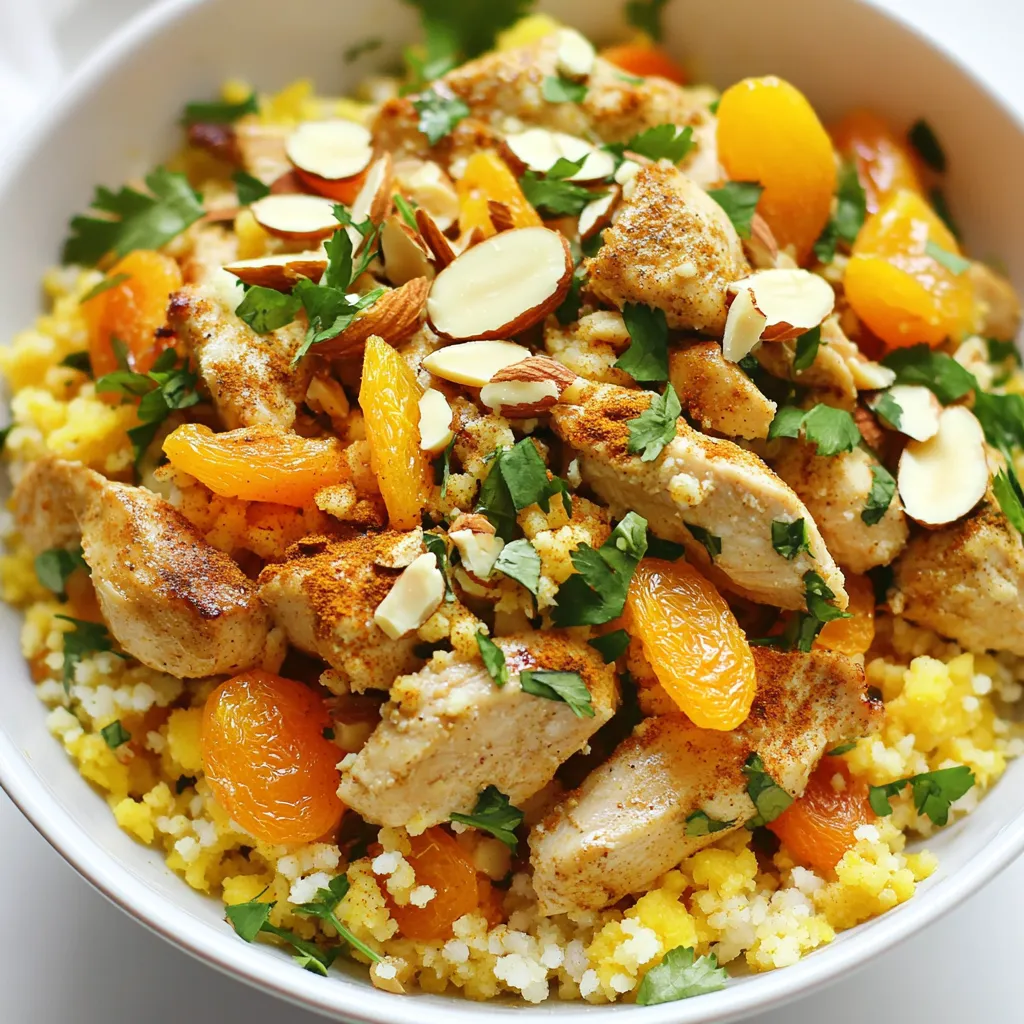 - 2 chicken breasts, diced - 1 cup couscous - 1 ½ cups chicken broth - 1 tablespoon olive oil - 1 onion, finely chopped - 2 cloves garlic, minced - 1 teaspoon ground cumin - 1 teaspoon ground coriander - 1 teaspoon cinnamon - 1 teaspoon ground turmeric - 1 cup carrots, diced - 1 cup chickpeas, drained and rinsed - 1/2 cup dried apricots, chopped - 1/2 cup almonds, toasted and sliced - Salt and pepper to taste - Fresh coriander or parsley, for garnish The ingredients for Moroccan chicken couscous create a rich and tasty dish. You start with the chicken breasts, which give protein and flavor. Diced chicken cooks quickly and absorbs all the spices. Couscous, a tiny pasta, cooks fast and soaks up the broth well. Next, you have vegetables. Onions and garlic bring depth and aroma. They add a sweet and savory base when sautéed. Carrots offer crunch and color, while chickpeas add creaminess and fiber. Dried apricots provide a sweet contrast, and toasted almonds add a nice texture. Now, let's talk about spices. Cumin and coriander give warmth and earthiness. Cinnamon adds a hint of sweetness, and turmeric brings a lovely golden color. These spices create a distinct Moroccan flavor that sets this dish apart. Finally, fresh herbs like coriander or parsley brighten up the dish. They add a fresh touch right before serving. Each ingredient plays a role, making it a balanced and delightful meal. {{ingredient_image_1}} First, heat 1 tablespoon of olive oil in a large skillet over medium heat. Once the oil is warm, add 2 diced chicken breasts. Season the chicken with salt and pepper. Cook the chicken for about 5-7 minutes until it turns brown and is fully cooked. Once done, remove the chicken from the skillet and set it aside. In the same skillet, add the finely chopped onion. Sauté it for about 3-4 minutes until it becomes translucent. Next, add 2 minced garlic cloves. Cook the garlic for about 1 minute until it smells great. Now, stir in 1 teaspoon each of ground cumin, ground coriander, cinnamon, and turmeric. Let the spices bloom in the oil for 1-2 minutes. This step is key for full flavor. After that, add 1 cup of diced carrots. Sauté the carrots for 3 more minutes, then add 1 cup of chickpeas. Cook for an additional 2 minutes. Pour in 1 ½ cups of chicken broth and bring it to a boil. Once it boils, stir in 1 cup of couscous. Cover the skillet and remove it from the heat. Let it sit for about 5 minutes. This allows the couscous to absorb all the tasty broth. After 5 minutes, fluff the couscous with a fork. Add back the browned chicken, along with ½ cup of chopped dried apricots and ½ cup of toasted almonds. Mix everything gently to combine. Adjust the seasoning with more salt and pepper if needed. Finally, garnish the dish with fresh coriander or parsley before serving. Blooming spices is key for deep flavor. When you stir spices in hot oil, they release their oils and scents. This makes the dish taste richer. Always add your spices after the onion and garlic. This timing lets the spices shine without burning. To get perfect couscous, use the right ratio of liquid. For every cup of couscous, use 1.5 cups of broth. Bring the broth to a boil before adding the couscous. After adding, cover it and let it sit. This helps the couscous absorb the liquid. To avoid overcooking, don’t leave the couscous on the heat. After adding it to the broth, remove the pan from the heat. Let it rest for five minutes. This way, it stays fluffy and light. Pair your Moroccan chicken couscous with fresh salads or yogurt. A simple green salad adds crunch and brightness. You can also serve it with roasted veggies for more flavor. For plating, use a large bowl or plate. Start with couscous as a base. Then, add the chicken and veggies on top. Finish with a sprinkle of toasted almonds and fresh herbs. This makes your dish look stunning and appetizing. Pro Tips Marinate the Chicken: For enhanced flavor, marinate the diced chicken in olive oil, cumin, and coriander for at least 30 minutes before cooking. Use Homemade Broth: If possible, use homemade chicken broth for a richer taste compared to store-bought options. Customize Veggies: Feel free to add other vegetables like bell peppers or zucchini for extra color and nutrition. Garnish Generously: Don’t skimp on the fresh coriander or parsley; it adds a refreshing touch and enhances the dish's presentation. {{image_2}} If you want to swap chicken, you have options. You can use turkey breast or even fish like salmon. These proteins cook quickly and pair well with couscous. If you're looking for vegetarian options, try tofu or lentils. Tofu soaks up flavors well, while lentils add a nice texture. You can easily enhance the flavor of your dish. Adding harissa gives a spicy kick. This North African chili paste adds depth and warmth. You can also use seasonal vegetables for freshness. Think zucchini in summer or squash in fall. They bring vibrant colors and flavors to your couscous. Couscous varies by region, each with unique touches. In Algeria, they might use lamb instead of chicken. In Tunisia, they often add a spicy sauce called “chermoula.” Historically, couscous had many forms, often influenced by local ingredients. These variations show how versatile this dish can be. To store leftovers, let the Moroccan chicken couscous cool first. Place it in a clean, airtight container. Use glass or plastic containers with tight lids. This keeps the dish fresh and tasty. Leftovers can stay in the fridge for about 3 days. Make sure to label the container with the date to track freshness. Freezing couscous is a simple way to save extra food. First, let it cool completely. Then, scoop it into freezer-safe bags. Remove as much air as possible before sealing. This helps prevent freezer burn. You can freeze it for up to 3 months. When you're ready to eat, thaw it overnight in the fridge. To reheat, add a splash of water and warm it gently in the microwave or on the stove. Understanding when to discard food is key. If you see mold, strange colors, or off smells, it's time to throw it away. Cooked couscous should be eaten within 3 days if stored properly in the fridge. If you freeze it, try to use it within 3 months for the best taste. Always trust your senses. If something seems off, it’s better to be safe and discard it. You can pair Moroccan chicken couscous with many tasty sides. Here are a few ideas: - A fresh green salad with lemon vinaigrette. - Roasted vegetables like bell peppers and zucchini. - Warm pita bread or flatbreads for dipping. - A refreshing yogurt sauce for cooling contrast. For drinks, try mint tea or a light white wine. They both complement the flavors nicely. Yes, you can make Moroccan chicken couscous ahead of time. Prepare it as usual and let it cool. Store it in an airtight container in the fridge. It will last for up to three days. When you're ready to eat, just reheat it gently on the stove. Add a splash of broth to keep it moist while warming. Traditional couscous is made from wheat, so it is not gluten-free. However, you can use alternatives. Quinoa or rice make great substitutes. Both have a nice texture and absorb flavors well. You can still enjoy the Moroccan spices and chicken with these options. To ensure chicken is fully cooked, check its internal temperature. It should reach 165°F (75°C). Use a meat thermometer for accuracy. The chicken should be white all the way through, with no pink. If unsure, cut into a piece to check. Proper cooking keeps your meal safe and tasty. In this blog post, we covered the essentials for making Moroccan Chicken Couscous. We discussed the main ingredients, spices, and step-by-step cooking methods. You learned useful tips for perfecting flavor and texture. We explored variations and proper storage techniques. By trying this dish, you embrace a rich cultural tradition. Enjoy the vibrant flavors and let your culinary skills shine. Happy cooking!