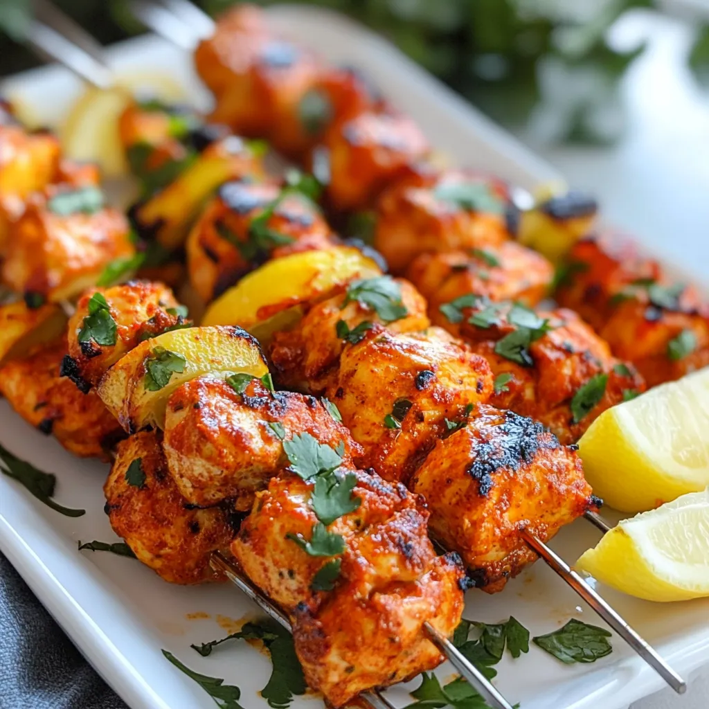 - 1 lb boneless chicken thighs, cut into bite-sized pieces - 1 cup plain yogurt - 2 tablespoons tandoori masala - 1 tablespoon lemon juice - 1 tablespoon ginger-garlic paste - 1 teaspoon turmeric powder - 1 teaspoon cayenne pepper - 1 teaspoon garam masala - Salt to taste - 2 tablespoons vegetable oil - Fresh cilantro for garnish - Lemon wedges for serving For Tandoori Chicken Skewers, you need fresh ingredients. I prefer using chicken thighs. They stay juicy and full of flavor. The plain yogurt helps tenderize the chicken. It also adds a creamy texture to the marinade. Tandoori masala is key. You can buy it or make your own blend. Ginger-garlic paste adds a nice kick. The spices bring warmth and depth. Turmeric powder gives a beautiful color, while cayenne adds heat. Use good vegetable oil to brush the skewers. It helps prevent sticking. Fresh cilantro adds brightness on top. Lemon wedges serve for a zesty finish. These ingredients create a flavor explosion. You will love the taste in every bite! {{ingredient_image_1}} 1. Start with a large mixing bowl. 2. Add 1 cup of plain yogurt. 3. Mix in 2 tablespoons of tandoori masala. 4. Pour in 1 tablespoon of lemon juice. 5. Add 1 tablespoon of ginger-garlic paste. 6. Sprinkle in 1 teaspoon of turmeric powder. 7. Add 1 teaspoon of cayenne pepper, or less if you want less heat. 8. Toss in 1 teaspoon of garam masala and salt to taste. 9. Stir everything until well mixed. 10. Add the chicken pieces and coat them evenly. 11. Cover the bowl with plastic wrap. 12. Refrigerate for at least 2 hours. For the best flavor, let it marinate overnight. 1. If you're using wooden skewers, soak them in water for at least 30 minutes. 2. This helps prevent burning during cooking. 3. Preheat your grill or oven to 400°F (200°C). 1. Take the marinated chicken out of the fridge. 2. Thread the chicken pieces onto the soaked or metal skewers. 3. Pack the pieces tightly, but don’t overcrowd them. 4. Brush the skewers with 2 tablespoons of vegetable oil. 5. Place the skewers on the grill or in the oven. 6. Grill for about 15-20 minutes. 7. Turn them halfway through cooking for even browning. 8. The chicken should be cooked through and golden. 9. Check that the internal temperature hits 165°F (75°C). 10. Once done, take them off and let them rest for a few minutes. Marination time is key for juicy chicken. I recommend marinating the chicken for at least 2 hours. For the best taste, let it sit overnight. This allows the flavors to soak in deeply. You can also adjust spices for your taste. Want more heat? Add more cayenne pepper. Prefer it milder? Cut back on spicy ingredients. You can grill or oven-bake these skewers. Grilling gives a smoky flavor. Oven baking is easy and still delicious. If you use wooden skewers, soak them in water first. This prevents burning while cooking. Brush the skewers with vegetable oil. This keeps the chicken from sticking. For serving, arrange the Tandoori Chicken Skewers on a nice platter. Fresh lettuce makes a great base. You can add a small bowl of mint yogurt sauce for dipping. Lemon wedges add a fresh touch and zesty flavor. For side dishes, consider rice or a fresh salad. They pair well with the skewers and add to the meal. Pro Tips Marinate Longer: For the best flavor and tenderness, marinate the chicken overnight. This allows the spices and yogurt to penetrate deeply into the meat. Use Fresh Spices: If possible, use freshly ground spices for the tandoori masala. This enhances the aroma and flavor of the dish. Check Doneness: Always use a meat thermometer to check the chicken's internal temperature. It should reach at least 165°F (75°C) for safe consumption. Experiment with Vegetables: Feel free to add bell peppers, onions, or zucchini to the skewers. They grill beautifully alongside the chicken and add color and flavor. {{image_2}} You can switch out chicken thighs for chicken breasts if you prefer. Chicken breasts cook faster and can still be juicy if you don’t overcook them. Shrimp makes a great substitute too. They cook quickly and soak up the marinade well. Vegetables like bell peppers, zucchini, and mushrooms are also tasty on skewers. Just remember to cut them into similar sizes for even cooking. If you need a yogurt alternative, try using coconut yogurt or cashew cream. They offer a similar texture and enhance flavor. For a twist, experiment with different spice blends. You could use curry powder or even a mix of paprika and cumin. This will give your skewers a unique taste, making them even more exciting. You can serve Tandoori Chicken Skewers in wraps. Use flatbreads or tortillas and add fresh veggies. This makes a fun, hands-on meal. They also work well as appetizers. Just cut the skewers into smaller pieces for easy eating. Another great idea is to integrate the chicken into salads. Toss with greens, cucumbers, and a zesty dressing for a light, flavorful dish. - Refrigeration tips: Store leftover Tandoori chicken skewers in an airtight container. Keep them in the fridge. They stay fresh for up to three days. Make sure they cool down before sealing. - Freezing for longer storage: If you want to save them longer, freeze the skewers. Wrap them tightly in plastic wrap, then put them in a freezer bag. They can last for up to three months. - Best methods for reheating: To reheat, use an oven or a skillet. Preheat the oven to 350°F (175°C). Place the skewers on a baking tray and heat for about 10-15 minutes. In a skillet, heat on medium until warm. - Ensuring chicken remains moist: To keep the chicken juicy, add a splash of water or broth to the skillet. This steam helps keep the meat moist. - Shelf life in the fridge: Tandoori chicken skewers last about three days in the fridge. After that, they may lose taste and texture. - Signs of spoilage: Look for off smells, a sticky texture, or discoloration. If you see any of these signs, it's best to throw them away. To make Tandoori Chicken Skewers, start with marinating the chicken. Mix yogurt, tandoori masala, lemon juice, ginger-garlic paste, turmeric, cayenne, garam masala, and salt in a bowl. Add bite-sized chicken pieces and stir until they are well coated. Cover the bowl and refrigerate for at least 2 hours, or overnight for better flavor. Next, prepare your skewers. If using wooden skewers, soak them in water for 30 minutes. Preheat your grill or oven to 400°F (200°C). Thread the marinated chicken onto the skewers. Make sure to pack the pieces closely but not too tight. Brush the skewers with vegetable oil to stop them from sticking. Cook on the grill or in the oven for 15-20 minutes, turning halfway. Check that the chicken reaches an internal temperature of 165°F (75°C) before serving. You can serve Tandoori Chicken Skewers with many tasty sides. Here are some great ideas: - Mint yogurt sauce: This cool sauce pairs well with the spices. - Naan bread: Soft and warm, it’s perfect for holding chicken. - Rice: Serve with basmati or jasmine rice for a filling meal. - Salad: A fresh salad with cucumber and tomatoes adds crunch. - Grilled veggies: Zucchini, bell peppers, or onions work nicely. The spice level of Tandoori Chicken Skewers can vary. The cayenne pepper adds heat, so you can adjust it to your taste. If you prefer less spice, reduce the amount of cayenne or skip it. If you want more heat, increase the cayenne or add a dash of hot sauce to the marinade. Remember, the yogurt helps cool down the spice, so don’t worry too much! You learned how to make tasty Tandoori Chicken Skewers using simple ingredients. Marinating chicken thighs in yogurt and spices gives rich flavor. I shared cooking tips for grilling or baking, plus ideas for sides. Don't hesitate to customize the spices to suit your taste. Store leftovers properly to enjoy them later. Tandoori Chicken Skewers are fun to make and delicious to eat! Get creative with the recipe and enjoy every bite.