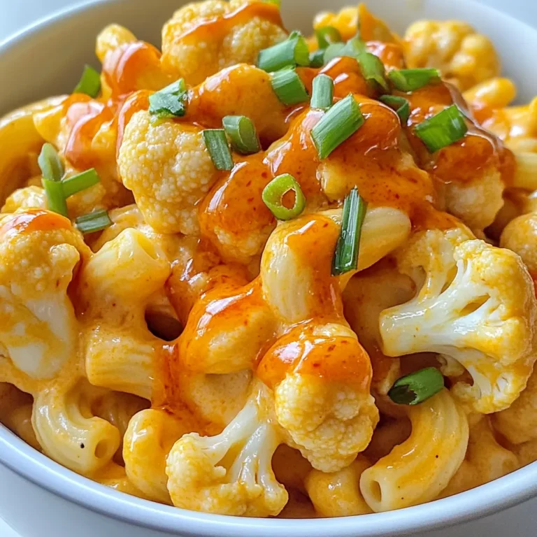 - 1 medium head of cauliflower, cut into florets - 8 ounces elbow macaroni (or gluten-free pasta) - 2 cups shredded cheddar cheese (or a vegan cheese equivalent) Buffalo cauliflower mac and cheese starts with fresh ingredients. Cauliflower florets add a great texture and a mild taste. They soak up flavors very well. The elbow macaroni gives the dish its classic feel. If you're gluten-free, use gluten-free pasta. The cheese is where the magic happens. You can use sharp cheddar for a bold taste or vegan cheese for a plant-based twist. - 2 tablespoons olive oil - 1 teaspoon garlic powder - 1 teaspoon onion powder - 1/2 teaspoon smoked paprika - 1 cup buffalo sauce (plus extra for drizzling) The right seasonings make this dish pop! Olive oil helps roast the cauliflower to perfection. Garlic powder and onion powder add depth. Smoked paprika gives a nice, smoky flavor. Buffalo sauce brings the heat and tang. You can adjust the amount to suit your taste. A drizzle on top before serving adds an extra kick. - 1 cup milk (dairy or plant-based) - 1/4 cup cream cheese (or vegan cream cheese) Milk is crucial for a creamy sauce. You can use regular milk or go for almond or oat milk. Cream cheese adds richness and helps the sauce thicken. If you prefer vegan options, look for plant-based cream cheese. This way, you keep that creamy texture without dairy. {{ingredient_image_1}} First, preheat your oven to 425°F (220°C). This helps the cauliflower roast well. Next, grab a large mixing bowl. Toss the cauliflower florets with two tablespoons of olive oil. Add one teaspoon each of garlic powder and onion powder. Then, sprinkle in half a teaspoon of smoked paprika. Season with salt and pepper. Make sure each floret is well-coated. Spread the cauliflower on a baking sheet. Roast it for about 20 minutes. Toss it halfway through to ensure even cooking. While the cauliflower roasts, bring a large pot of salted water to a boil. Add eight ounces of elbow macaroni. Cook according to package instructions until it's al dente. Once done, drain the pasta and set it aside. This step is key to having the right texture. In a medium saucepan, combine one cup of milk and a quarter cup of cream cheese over medium heat. Whisk until the mixture is smooth. Gradually stir in two cups of shredded cheddar cheese along with one cup of buffalo sauce. Keep stirring until the cheese melts and the sauce is creamy. Season the sauce with salt and pepper to taste. This sauce is the heart of our dish. In a large bowl, mix the cooked macaroni and roasted cauliflower. Pour the creamy cheese sauce over them. Stir until everything is well-coated. This step combines all the flavors and textures. Transfer the mac and cheese mixture into a greased baking dish. Spread it evenly. Drizzle a bit of extra buffalo sauce on top for an extra kick of flavor. Place the baking dish in the oven. Bake for about 15 to 20 minutes until it is bubbly and golden on top. Once out of the oven, let it cool for a moment. Garnish your dish with chopped green onions. This adds a nice pop of color and flavor. Serve in individual bowls or plates. A few drops of buffalo sauce on top make it look even better. Enjoy your Buffalo Cauliflower Mac and Cheese! Roasting the cauliflower correctly is key. Start by preheating your oven to 425°F (220°C). Toss the cauliflower florets in olive oil, garlic powder, onion powder, smoked paprika, salt, and pepper. This helps bring out the flavor. Spread the florets on a baking sheet. Roast for 20 minutes until they are tender and slightly charred. Toss them halfway through to ensure even cooking. This step gives your dish a great texture. To make the cheese sauce creamy, you need the right balance. Begin by warming milk and cream cheese in a saucepan over medium heat. Whisk until smooth. Gradually stir in shredded cheddar cheese and buffalo sauce. Keep stirring until the cheese melts and the sauce thickens. If the sauce is too thick, add a splash more milk. If it’s too thin, let it cook a bit longer. This will help you achieve that perfect creaminess. For a beautiful dish, presentation matters. Serve the Buffalo Cauliflower Mac and Cheese in individual bowls. Drizzle a little extra buffalo sauce on top for color and flavor. Sprinkle chopped green onions for a fresh touch. This makes the dish look inviting and delicious. Plus, each bite is packed with flavor! Pro Tips Roasting Tip: For extra flavor, try adding a pinch of your favorite herbs to the cauliflower before roasting. Cheese Sauce Consistency: If the cheese sauce is too thick, add a splash more milk to reach your desired creaminess. Pasta Cooking: Make sure to undercook the pasta slightly, as it will continue to cook in the oven when baked. Buffalo Sauce Level: Adjust the amount of buffalo sauce based on your heat preference; add more for an extra kick! {{image_2}} You can easily make this dish gluten-free. For pasta, use gluten-free elbow macaroni. Many brands offer a great taste and texture. For cheese, choose a high-quality vegan cheese. Look for brands that melt well. This way, you still enjoy creamy mac and cheese without gluten. Want more heat? Add more buffalo sauce to your dish. Start with a little extra, then taste. You can also use a hotter buffalo sauce if you like. If you prefer less heat, mix in some cream cheese. This helps tone down the spice while keeping the flavor. You can boost nutrition by adding extra veggies. Try spinach, peas, or bell peppers. These add color and nutrients. If you want more protein, mix in cooked chicken or chickpeas. Both options blend well with the flavors. This makes your meal heartier and more satisfying. To keep your buffalo cauliflower mac and cheese fresh, store it in an airtight container. Make sure it cools down first. Place it in the fridge. It stays good for 3 to 5 days. If you want the best taste, eat it sooner. When you're ready to eat leftovers, reheating is key. Use the microwave for quick heating. Just cover the dish with a damp paper towel. This keeps it moist. You can also reheat it in the oven. Set the oven to 350°F (175°C). Heat for about 15 to 20 minutes, or until warm. This method helps keep the texture nice. Want to save some for later? You can freeze buffalo cauliflower mac and cheese. First, let it cool completely. Then, place it in a freezer-safe container. It can stay in the freezer for up to 2 months. When you're ready to eat it, thaw it in the fridge overnight. Reheat as mentioned above, and enjoy! Buffalo cauliflower mac and cheese is a creamy and spicy twist on classic mac and cheese. It features roasted cauliflower florets, elbow macaroni, and a rich cheese sauce mixed with buffalo sauce. The dish balances heat from the sauce and creaminess from the cheese. You get a satisfying crunch from the roasted cauliflower, which adds texture to every bite. The flavors blend together, creating a comforting meal that’s fun and exciting. Yes, you can make this dish vegan! To do this, swap out the regular cheese and cream cheese for vegan alternatives. Use vegan cheddar cheese and vegan cream cheese. For the milk, use plant-based milk like almond, soy, or oat milk. You can also use a vegan buffalo sauce to keep the spicy flavor. This way, you can enjoy a tasty, plant-based version of buffalo cauliflower mac and cheese. To boost the heat, add extra buffalo sauce to the cheese mixture. You can also mix in some cayenne pepper for an extra kick. Another option is to use a hotter buffalo sauce brand. If you love spice, consider adding diced jalapeños or red pepper flakes before baking. These additions will enhance the overall flavor and make your dish even spicier. If you want to change things up, there are many pasta options. You can use penne, fusilli, or shells instead of elbow macaroni. For a gluten-free option, try rice pasta or chickpea pasta. Each type will bring a different texture to the dish while still holding the creamy cheese sauce well. Choose the pasta that you enjoy most for your buffalo cauliflower mac and cheese! This recipe combines delicious cauliflower, pasta, and creamy cheese for a hearty dish. We walked through the ingredients, cooking steps, and tips for the best results. Remember to roast the cauliflower and choose the right cheese for flavor. You can also customize it with spices and extra veggies. Storing and reheating keeps the meal fresh and tasty later. Enjoy this diverse dish that fits any diet, from vegan to gluten-free. Cooking should be fun and tasty, and this recipe makes it easy to impress friends and family!