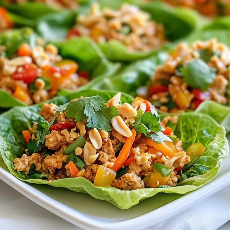 For this tasty dish, you need the following ingredients: - 1 lb ground chicken - 1 tablespoon vegetable oil - 2 cloves garlic, minced - 1 inch ginger, grated - 1 red bell pepper, diced - 2 green onions, chopped - 1 cup shredded carrots The ground chicken is the star of this recipe. It cooks quickly and absorbs flavors well. Garlic and ginger bring warmth and depth. The red bell pepper adds a sweet crunch, while green onions and carrots provide freshness and color. To make the sauce, gather these items: - 1/4 cup unsalted peanut butter - 2 tablespoons soy sauce - 1 tablespoon honey - 1 tablespoon sriracha (adjust to taste) Peanut butter gives this dish its name. It adds creaminess and nutty flavor. Soy sauce adds saltiness and umami. Honey balances the spice with sweetness. Adjust the sriracha to fit your heat level. For garnish and serving, you’ll need: - 1 head of butter or romaine lettuce, leaves separated - Crushed peanuts and fresh cilantro for garnish Lettuce acts as the cup for your filling. It is crisp and refreshing. Crushed peanuts add extra crunch, while cilantro brightens the dish. Serve with lime wedges for a zesty finish. These ingredients come together to create a vibrant and flavorful meal. Each bite offers a mix of textures and tastes, making these lettuce cups a fun and satisfying dish. {{ingredient_image_1}} First, gather all your ingredients. You will need: - 1 lb ground chicken - 1 tablespoon vegetable oil - 2 cloves garlic, minced - 1 inch ginger, grated - 1 red bell pepper, diced - 2 green onions, chopped - 1 cup shredded carrots - 1/4 cup unsalted peanut butter - 2 tablespoons soy sauce - 1 tablespoon honey - 1 tablespoon sriracha - 1 head of butter or romaine lettuce, leaves separated - Crushed peanuts and fresh cilantro for garnish Wash and chop the vegetables first. This saves time later. Set them aside in bowls. Heat a large skillet over medium-high heat. Add the vegetable oil. Once hot, toss in the minced garlic and grated ginger. Sauté for about 30 seconds until you smell that amazing aroma. Now, add the ground chicken. Cook it until it’s browned, breaking it up with a spatula. This takes about 5-7 minutes. Stir in the diced red bell pepper, chopped green onions, and shredded carrots. Cook for another 3-4 minutes until the veggies are soft. In a small bowl, mix the peanut butter, soy sauce, honey, and sriracha until smooth. Pour this sauce over the cooked chicken and veggies. Stir well to combine everything. Let it cook for another 2-3 minutes until it’s heated through. Remove the skillet from the heat and let the mixture cool a bit. To serve, spoon the spicy chicken mix into the lettuce leaves. Fold them like cups and enjoy your meal! To get perfectly browned chicken, start with a hot pan. Heat your vegetable oil over medium-high. When the oil shimmers, add your minced garlic and ginger. Cook them for about 30 seconds. This step adds great flavor. Then, add the ground chicken. Break it into small pieces with a spatula. Cook for about 5 to 7 minutes. Stir occasionally to avoid sticking. Wait until the chicken turns golden brown. This browning gives it a nice taste. For a beautiful presentation, use a large platter. Place your lettuce cups in a circle or a line. This makes them easy to grab. Sprinkle crushed peanuts over the tops for crunch. Add fresh cilantro for a pop of color. You can also serve lime wedges on the side. The lime adds a zesty kick. This brightens the dish and enhances flavors. To adjust the spice level, start with one tablespoon of sriracha. Mix it into the sauce with peanut butter and soy sauce. Taste the mixture before adding more. If you like it spicy, you can add more sriracha. Just remember, a little goes a long way. This way, everyone can enjoy the dish, no matter their spice preference. Pro Tips Choose the Right Lettuce: Butter or romaine lettuce provides a sturdy yet tender vessel for the filling, making them easy to hold and eat. Adjust the Spice Level: Feel free to modify the amount of sriracha based on your heat preference, or substitute with a milder sauce if desired. Prep Ahead: You can prepare the chicken mixture in advance and store it in the fridge. Just assemble the cups right before serving for a fresh taste. Garnish Creatively: Enhance the presentation by adding colorful toppings like julienned radishes or a sprinkle of sesame seeds along with crushed peanuts and cilantro. {{image_2}} You can swap ground chicken for other meats. Ground turkey works well and is leaner. You might also try ground beef for a richer taste. If you prefer something different, use shredded rotisserie chicken. This cuts down on prep time, too. For a vegetarian version, use tofu or tempeh. Both options soak up flavors well. Crumble them like ground meat, and cook until golden. Another great choice is mushrooms. Finely chop them for a hearty texture. Mix in extra veggies like zucchini or eggplant for added nutrition. If you want to change the sauce, try almond butter instead of peanut butter. This gives a nutty twist. You can also mix tahini with soy sauce for a unique flavor. For a spicy kick, add more sriracha or chili paste. Experiment with lime juice for a zesty touch. Each option brings a new taste to your lettuce cups! You can store leftover spicy peanut chicken in the fridge. Place the mixture in an airtight container. It stays fresh for up to three days. When you want to eat it again, just grab the lettuce cups. Keep the chicken mixture separate to avoid soggy lettuce. If you want to freeze the chicken mixture, use a freezer-safe container. It keeps well for about three months. Let it cool down before sealing. When ready to eat, thaw it in the fridge overnight. This helps retain the flavor and texture. To reheat, place the chicken mixture in a skillet. Heat it over medium until warm. You can also use the microwave. Heat it in short bursts, stirring in between. This keeps it moist and tasty. Once heated, serve it in fresh lettuce cups for a crunchy bite! Yes, you can. Prepare the chicken mixture ahead of time. You can store it in the fridge for up to three days. Just keep the lettuce leaves separate until you are ready to serve. This way, the lettuce stays fresh and crisp. When you are ready to enjoy, heat the chicken mixture in a pan and then spoon it into the lettuce cups. If you need a substitute, try almond butter or sunflower seed butter. Both options have a similar texture and add a nice flavor. You can also use tahini for a different taste. Just remember that tahini is less sweet than peanut butter, so you might need to adjust the honey a bit. Absolutely! To keep it gluten-free, use tamari instead of soy sauce. Tamari is made without wheat, making it safe for those who avoid gluten. Always check the labels on your ingredients to be sure they are gluten-free. This way, you can enjoy your spicy peanut chicken lettuce cups worry-free! This post covered every step for making tasty Spicy Peanut Chicken Lettuce Cups. We discussed key ingredients like ground chicken, fresh veggies, and delicious sauces. I shared simple instructions for cooking and combining flavors. You also learned tips for perfect chicken and great serving ideas. Variations add more choice, like vegetarian options and different sauces. Lastly, we looked at storage tips to keep leftovers fresh. Cooking should be fun and easy. Enjoy every bite of your creation!