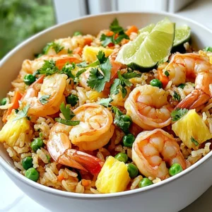 - 2 cups cooked jasmine rice (preferably day-old) - 1 cup shrimp, peeled and deveined - 1 cup fresh pineapple, diced - 1/2 cup peas and carrots (fresh or frozen) - 1/2 onion, diced - 2 cloves garlic, minced - 2 tablespoons soy sauce - 1 tablespoon sesame oil - 1 tablespoon olive oil - 2 green onions, chopped - 1 tablespoon fresh cilantro, chopped (for garnish) - Salt and pepper to taste - Lime wedges (for serving) All measurements are in cups or tablespoons. This makes it easy to follow. You can use a standard measuring cup or tablespoon. This helps in getting the right amounts for each ingredient. You can add extra flavors with garnishes. Fresh cilantro gives a nice touch. Lime wedges add a zesty kick. You can also use sliced green onions for color and taste. These small touches make a big difference! {{ingredient_image_1}} Start with cooked jasmine rice. Day-old rice works best. If you use fresh rice, spread it out on a tray. Let it cool. This stops clumping. Make sure the rice is loose and fluffy. Grab a large skillet or wok. Heat two tablespoons of olive oil over medium-high heat. Add half a diced onion and two minced garlic cloves. Sauté for about two minutes. You want them to be fragrant and soft. Now, add one cup of peeled and deveined shrimp to the skillet. Cook for three to four minutes. The shrimp should turn pink and opaque. Lightly season with salt and pepper. Next, stir in one cup of diced fresh pineapple, along with half a cup of peas and carrots. Cook for another two minutes. This step adds sweetness and color to your dish. Add your prepared rice to the skillet. Use a spatula to break up any clumps. Mix everything well. Make sure the rice gets coated with the flavors. Drizzle two tablespoons of soy sauce and one tablespoon of sesame oil over the rice. Stir thoroughly. Heat everything through for three to four minutes. This boosts the flavor of the dish. Finally, stir in two chopped green onions. Taste and adjust the seasoning with more salt or pepper if needed. Plate the fried rice and garnish with fresh cilantro. Serve with lime wedges for a bright, zesty finish. Day-old rice is best for fried rice. It dries out a bit in the fridge. This makes it less sticky. Fresh rice can clump together and become mushy. Spread fresh rice on a tray to cool. Let it sit for at least 30 minutes before using it. Cook shrimp on medium-high heat. Heat the oil first before adding shrimp. They should cook for about 3-4 minutes. Watch for the color change. Shrimp should turn pink and opaque. Overcooking makes them tough, so be careful. Clumps can ruin your fried rice. Use a spatula to break apart rice as you stir. Mixing ingredients well helps with even cooking. If rice is still clumpy, try tossing it gently. Use a fork to fluff it up while cooking. Seasoning is key to great fried rice. Start with soy sauce for a salty kick. Sesame oil adds a nutty flavor. Taste as you go to find what you like. Add salt and pepper after mixing. Fresh herbs like cilantro give a nice finish. Squeeze lime juice over the top for brightness. Pro Tips Use Day-Old Rice: Day-old jasmine rice is less sticky and works better for fried rice, ensuring a perfect texture. Fresh Ingredients Matter: Using fresh pineapple and vegetables enhances the flavors and gives a vibrant taste to your dish. High Heat is Key: Cooking on medium-high heat helps to achieve that slightly crispy texture in the rice. Customize Your Protein: Feel free to swap shrimp for chicken, tofu, or any other protein you prefer for a different twist! {{image_2}} You can add many vegetables to your shrimp fried rice. Try bell peppers, broccoli, or snap peas. They bring color and crunch. You can even use leftover veggies from other meals. Just chop them small and add them when you sauté. If you want to switch up the protein, you have options. Chicken, beef, or tofu work well. Cook them the same way as the shrimp. Just make sure they are fully cooked through before you add the rice. You can also mix proteins for extra flavor! To add some heat, try red pepper flakes or sriracha. Start with a little, then taste. If you want more spice, add more! You can also use fresh chili peppers. Just chop them fine and add them when you cook the onions. Adjusting the spice level makes the dish your own! Store your shrimp fried rice in an airtight container. It will last for up to three days in the fridge. Make sure it cools before you seal it. This keeps it fresh and tasty. To reheat, use a skillet or microwave. If using a skillet, add a splash of water. Heat on medium until warm. In the microwave, cover it and heat for one to two minutes. Stir halfway for even heating. You can freeze fried rice for up to three months. Use a freezer-safe container or bag. Make sure to remove as much air as possible. When ready to eat, thaw it overnight in the fridge. Reheat as usual after thawing. The best rice for fried rice is jasmine rice. It has a light and fluffy texture. Day-old rice works best because it dries out a bit. Freshly cooked rice can clump together. Spread it out on a tray to cool if you use fresh rice. Yes, you can use frozen shrimp. Just make sure to thaw them first. Place the shrimp in cold water for quicker thawing. This way, you can get tender shrimp for your fried rice. To make shrimp fried rice gluten-free, use gluten-free soy sauce. Look for brands labeled as gluten-free. This small change keeps the dish safe for those with gluten allergies. Shrimp fried rice pairs well with many sides. Try serving it with a fresh salad or spring rolls. You can also add a side of steamed veggies for extra nutrition. Lime wedges add a nice touch of brightness too! This blog post covered how to make shrimp fried rice from start to finish. We looked at key ingredients, shared step-by-step cooking instructions, offered useful tips, and explored variations. You learned how to store and reheat your dish, too. In the end, making shrimp fried rice is easy and fun. Customize it to fit your taste and enjoy every bite!