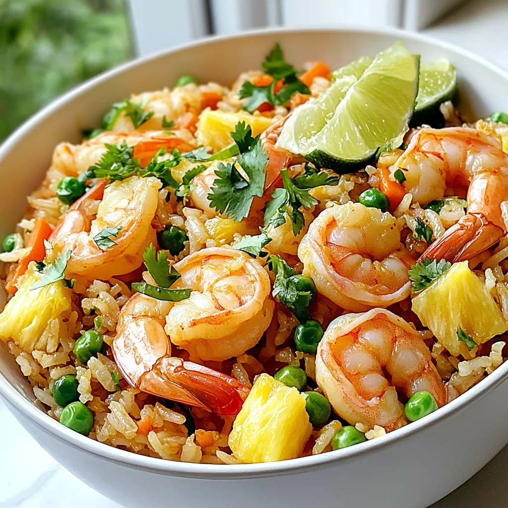 - 2 cups cooked jasmine rice (preferably day-old) - 1 cup shrimp, peeled and deveined - 1 cup fresh pineapple, diced - 1/2 cup peas and carrots (fresh or frozen) - 1/2 onion, diced - 2 cloves garlic, minced - 2 tablespoons soy sauce - 1 tablespoon sesame oil - 1 tablespoon olive oil - 2 green onions, chopped - 1 tablespoon fresh cilantro, chopped (for garnish) - Salt and pepper to taste - Lime wedges (for serving) All measurements are in cups or tablespoons. This makes it easy to follow. You can use a standard measuring cup or tablespoon. This helps in getting the right amounts for each ingredient. You can add extra flavors with garnishes. Fresh cilantro gives a nice touch. Lime wedges add a zesty kick. You can also use sliced green onions for color and taste. These small touches make a big difference! {{ingredient_image_1}} Start with cooked jasmine rice. Day-old rice works best. If you use fresh rice, spread it out on a tray. Let it cool. This stops clumping. Make sure the rice is loose and fluffy. Grab a large skillet or wok. Heat two tablespoons of olive oil over medium-high heat. Add half a diced onion and two minced garlic cloves. Sauté for about two minutes. You want them to be fragrant and soft. Now, add one cup of peeled and deveined shrimp to the skillet. Cook for three to four minutes. The shrimp should turn pink and opaque. Lightly season with salt and pepper. Next, stir in one cup of diced fresh pineapple, along with half a cup of peas and carrots. Cook for another two minutes. This step adds sweetness and color to your dish. Add your prepared rice to the skillet. Use a spatula to break up any clumps. Mix everything well. Make sure the rice gets coated with the flavors. Drizzle two tablespoons of soy sauce and one tablespoon of sesame oil over the rice. Stir thoroughly. Heat everything through for three to four minutes. This boosts the flavor of the dish. Finally, stir in two chopped green onions. Taste and adjust the seasoning with more salt or pepper if needed. Plate the fried rice and garnish with fresh cilantro. Serve with lime wedges for a bright, zesty finish. Day-old rice is best for fried rice. It dries out a bit in the fridge. This makes it less sticky. Fresh rice can clump together and become mushy. Spread fresh rice on a tray to cool. Let it sit for at least 30 minutes before using it. Cook shrimp on medium-high heat. Heat the oil first before adding shrimp. They should cook for about 3-4 minutes. Watch for the color change. Shrimp should turn pink and opaque. Overcooking makes them tough, so be careful. Clumps can ruin your fried rice. Use a spatula to break apart rice as you stir. Mixing ingredients well helps with even cooking. If rice is still clumpy, try tossing it gently. Use a fork to fluff it up while cooking. Seasoning is key to great fried rice. Start with soy sauce for a salty kick. Sesame oil adds a nutty flavor. Taste as you go to find what you like. Add salt and pepper after mixing. Fresh herbs like cilantro give a nice finish. Squeeze lime juice over the top for brightness. Pro Tips Use Day-Old Rice: Day-old jasmine rice is less sticky and works better for fried rice, ensuring a perfect texture. Fresh Ingredients Matter: Using fresh pineapple and vegetables enhances the flavors and gives a vibrant taste to your dish. High Heat is Key: Cooking on medium-high heat helps to achieve that slightly crispy texture in the rice. Customize Your Protein: Feel free to swap shrimp for chicken, tofu, or any other protein you prefer for a different twist! {{image_2}} You can add many vegetables to your shrimp fried rice. Try bell peppers, broccoli, or snap peas. They bring color and crunch. You can even use leftover veggies from other meals. Just chop them small and add them when you sauté. If you want to switch up the protein, you have options. Chicken, beef, or tofu work well. Cook them the same way as the shrimp. Just make sure they are fully cooked through before you add the rice. You can also mix proteins for extra flavor! To add some heat, try red pepper flakes or sriracha. Start with a little, then taste. If you want more spice, add more! You can also use fresh chili peppers. Just chop them fine and add them when you cook the onions. Adjusting the spice level makes the dish your own! Store your shrimp fried rice in an airtight container. It will last for up to three days in the fridge. Make sure it cools before you seal it. This keeps it fresh and tasty. To reheat, use a skillet or microwave. If using a skillet, add a splash of water. Heat on medium until warm. In the microwave, cover it and heat for one to two minutes. Stir halfway for even heating. You can freeze fried rice for up to three months. Use a freezer-safe container or bag. Make sure to remove as much air as possible. When ready to eat, thaw it overnight in the fridge. Reheat as usual after thawing. The best rice for fried rice is jasmine rice. It has a light and fluffy texture. Day-old rice works best because it dries out a bit. Freshly cooked rice can clump together. Spread it out on a tray to cool if you use fresh rice. Yes, you can use frozen shrimp. Just make sure to thaw them first. Place the shrimp in cold water for quicker thawing. This way, you can get tender shrimp for your fried rice. To make shrimp fried rice gluten-free, use gluten-free soy sauce. Look for brands labeled as gluten-free. This small change keeps the dish safe for those with gluten allergies. Shrimp fried rice pairs well with many sides. Try serving it with a fresh salad or spring rolls. You can also add a side of steamed veggies for extra nutrition. Lime wedges add a nice touch of brightness too! This blog post covered how to make shrimp fried rice from start to finish. We looked at key ingredients, shared step-by-step cooking instructions, offered useful tips, and explored variations. You learned how to store and reheat your dish, too. In the end, making shrimp fried rice is easy and fun. Customize it to fit your taste and enjoy every bite!