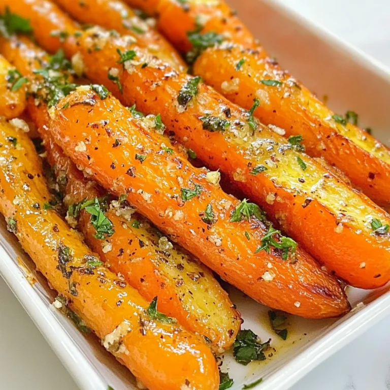 For Garlic Butter Roasted Carrots, you will need: - 1 pound of baby carrots (or regular carrots, peeled and cut into sticks) - 4 tablespoons unsalted butter - 4 cloves garlic, minced - 1 tablespoon fresh thyme leaves (or 1 teaspoon dried thyme) - 1 teaspoon honey - Salt and pepper to taste - 2 tablespoons chopped fresh parsley (for garnish) I use common measurement units to keep it simple. - Pound: This measures the weight of carrots. - Tablespoon: This is for butter, honey, and herbs. - Teaspoon: This is for dried thyme and seasoning. Using fresh ingredients gives a bright taste. Fresh thyme adds a lovely aroma. Dried thyme works well too but has a stronger flavor. When cooking, I prefer fresh garlic because it has more flavor. Fresh parsley adds color and taste at the end. Keep in mind, always taste your dish. Adjust the flavor to your liking! {{ingredient_image_1}} To start, you need one pound of baby carrots. If you prefer, you can use regular carrots. Just peel and cut them into sticks. Next, preheat your oven to 400°F (200°C). This step is key for even cooking. While the oven heats, melt four tablespoons of unsalted butter in a small saucepan over medium heat. After the butter is melted, add four minced garlic cloves. Cook this mixture for one to two minutes. You want it fragrant, but be careful not to let it brown. Now, take the saucepan off the heat. Stir in one tablespoon of fresh thyme leaves and one teaspoon of honey. Add salt and pepper to taste. This mix adds a rich flavor to the carrots. In a large baking dish, toss the prepared baby carrots with the garlic butter mixture. Make sure they are evenly coated. Spread the carrots in a single layer. This helps them roast nicely. Place the dish in the preheated oven. Roast for 25 to 30 minutes. Be sure to stir the carrots halfway through cooking. This step prevents them from sticking and helps them caramelize. Once they are tender and golden, take them out of the oven. Before serving, sprinkle two tablespoons of chopped fresh parsley on top. This adds a fresh touch. For even roasting, try to cut your carrots to a similar size. This way, they cook at the same rate. When you spread them out in the baking dish, ensure there is space between them. If they are crowded, they will steam instead of roast. Stirring them halfway through cooking also helps. It allows all sides to get that lovely caramelization. If you want a bit more flavor, you can add a pinch of red pepper flakes for heat or a squeeze of lemon juice for brightness. To get tender carrots, I recommend using baby carrots. They cook faster and stay sweet. If you use regular carrots, peel and cut them into sticks. Aim for equal sizes for even cooking. The key is to roast them at 400°F (200°C) for 25 to 30 minutes. Stir them halfway through to ensure uniform roasting. You want them soft but not mushy. Garlic butter is great, but you can make it even better! Try adding a pinch of cayenne pepper for heat. A dash of lemon juice brightens the dish. Fresh herbs like rosemary or dill add a nice touch too. If you love sweetness, mix in a bit more honey. Just remember, balance is key. Don’t overpower the natural carrot flavor. You can prep these carrots ahead of time. Simply wash and cut the carrots, then store them in the fridge. You can also make the garlic butter mix in advance. Just melt the butter and mix in the garlic, thyme, and honey. Store this in a jar in the fridge. When you’re ready to cook, just toss them together and roast. It saves time without losing flavor. Pro Tips Choose Fresh Carrots: Selecting fresh, vibrant carrots will enhance the flavor and texture of your dish. Look for firm, smooth carrots without any blemishes. Adjust Garlic to Taste: If you're a garlic lover, feel free to add more minced garlic for an even stronger flavor. Just be careful not to burn it when sautéing. Experiment with Herbs: While thyme is a great choice, you can also try other herbs like rosemary or dill for a different flavor profile that complements the carrots. Perfect Caramelization: For the best caramelization, make sure the carrots are spread out in a single layer on the baking dish. Overcrowding can lead to steaming instead of roasting. {{image_2}} You can switch up the thyme in the recipe. Try using rosemary for a woodsy flavor. Oregano adds a nice kick too. Basil gives a sweet touch that pairs well with garlic. Experimenting with these herbs can create new tastes. While baby carrots work great, you can use regular carrots too. Just peel and cut them into sticks. Purple or yellow carrots make your dish colorful. Each type has a unique taste, so feel free to explore. You can add other veggies to your dish. Small potatoes or bell peppers roast well with carrots. Zucchini or asparagus can bring fresh flavors to your meal. Just make sure to cut them to similar sizes for even cooking. Mixing vegetables can keep your meals exciting. To keep your garlic butter roasted carrots fresh, let them cool first. Use an airtight container to store them in the fridge. They last about 3 to 5 days. Make sure to keep them away from strong-smelling foods. This will help keep their flavor intact. When you're ready to eat the leftovers, you can reheat them easily. Preheat your oven to 350°F (175°C). Spread the carrots on a baking sheet. Heat them for about 10 minutes. This will help keep them tender and tasty. You can also microwave them for 1-2 minutes. Just cover them to avoid drying out. If you want to save some for later, you can freeze the carrots. First, let them cool completely. Place them in a freezer-safe bag. Squeeze out the air before sealing. They will stay good for up to 3 months. When you're ready to use them, thaw in the fridge overnight. Then, reheat as described above. This way, you can enjoy this simple and tasty dish anytime! For roasting, I recommend using baby carrots. They are sweet and tender. If you can’t find baby carrots, regular carrots work great too. Just peel them and cut them into sticks. This helps them cook evenly. The key is to keep the pieces similar in size. This way, they roast nicely. Yes, you can use vegetable oil. However, it will change the flavor. Butter gives a rich taste that pairs well with garlic. If you prefer oil, choose a light one, like canola or olive oil. Use the same amount as the butter. This will help keep the carrots moist while roasting. To check if the carrots are done, look for a golden brown color. They should be tender when you poke them with a fork. Stir the carrots halfway through roasting for even cooking. If they start to caramelize, that’s a sign they are ready. Enjoy your tasty garlic butter roasted carrots! This guide covered everything you need for roasting carrots perfectly. We explored the most effective ingredients, step-by-step cooking, and helpful tips. Remember to choose fresh carrots for the best taste. Experiment with spices and veggies to keep it exciting. Store leftovers properly to keep them fresh. With these techniques, you will enjoy delicious garlic butter roasted carrots anytime. Get ready to impress everyone with your cooking!