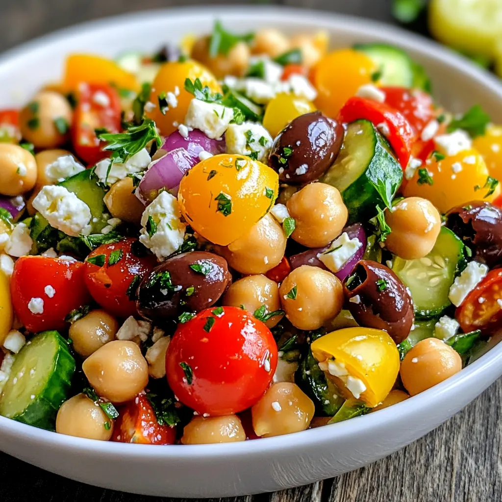 - 1 can (15 oz) chickpeas, drained and rinsed - 1 cup cherry tomatoes, halved - 1 cucumber, diced - 1/2 red onion, finely chopped - 1/2 bell pepper (any color), diced - 1/4 cup Kalamata olives, pitted and sliced - 1/4 cup feta cheese, crumbled - 2 tablespoons fresh parsley, chopped These fresh ingredients make this salad bright and colorful. Chickpeas are the base. They give protein and fiber. Cherry tomatoes add sweetness. Cucumbers bring a crisp bite. Red onion adds crunch and flavor. Bell peppers give color and more taste. Kalamata olives bring a briny touch. Feta cheese adds a creamy, salty flavor. Fresh parsley ties everything together with its green freshness. - 3 tablespoons olive oil - 2 tablespoons lemon juice - 1 teaspoon dried oregano - Salt and pepper to taste These pantry staples are key to the dressing. Olive oil adds richness. Lemon juice gives a bright, tangy taste. Dried oregano adds an earthy flavor. Salt and pepper enhance all the tastes. You can adjust these to your liking. - Avocado, diced - Artichoke hearts, chopped - Roasted red peppers, sliced - Capers, rinsed These add-ins can elevate your salad. Avocado makes it creamy and rich. Artichoke hearts add a unique taste. Roasted red peppers give a sweet and smoky flavor. Capers add a salty burst. Feel free to mix and match based on what you enjoy! {{ingredient_image_1}} Start by gathering all your fresh ingredients. You need: - 1 can (15 oz) chickpeas, drained and rinsed - 1 cup cherry tomatoes, halved - 1 cucumber, diced - 1/2 red onion, finely chopped - 1/2 bell pepper, diced - 1/4 cup Kalamata olives, pitted and sliced - 1/4 cup feta cheese, crumbled - 2 tablespoons fresh parsley, chopped In a large mixing bowl, add the chickpeas, cherry tomatoes, cucumber, red onion, bell pepper, and olives. Mix them gently. Make sure everything is well combined. This mix adds many colors and textures to your salad. Next, you’ll make the dressing. You need: - 3 tablespoons olive oil - 2 tablespoons lemon juice - 1 teaspoon dried oregano - Salt and pepper to taste In a small bowl, whisk together the olive oil, lemon juice, dried oregano, salt, and pepper. This dressing brings a bright flavor to your salad. Taste it and adjust the salt and pepper if needed. Now, pour the dressing over the salad ingredients in the large bowl. Toss everything together gently. You want to coat all the ingredients evenly with the dressing. This step ensures each bite bursts with flavor. For the best taste, let the salad rest in the fridge for at least 15 minutes. This waiting time allows the flavors to blend well. When ready, serve in a large bowl or on individual plates. Don’t forget to garnish with extra parsley and feta for a lovely finish. Enjoy your fresh and flavorful Mediterranean Chickpea Salad! To keep your Mediterranean chickpea salad fresh, use ripe ingredients. Choose firm tomatoes and crisp cucumbers. Rinse the chickpeas well to remove extra salt. Store the salad in an airtight container. This helps maintain the bright flavors and crunchy textures. Herbs and spices make this salad pop. Fresh parsley brightens the dish. You can also add fresh mint for a refreshing twist. A pinch of cumin brings warmth. Experiment with different herbs to find your favorite blend. This adds depth and character to every bite. Serve this salad chilled for the best taste. Use a large bowl or individual plates for a nice touch. Garnish with extra parsley or feta for color. Drizzling more olive oil just before serving enhances the flavor. Pair it with pita bread or grilled chicken for a complete meal. Enjoy the bright, fresh taste! Pro Tips Chickpea Quality: Use high-quality canned chickpeas or cook your own from dry for the best texture and flavor. Freshness Matters: Choose the freshest vegetables available, as they enhance the overall taste and presentation of the salad. Marinate for Flavor: Allow the salad to marinate in the fridge for at least 30 minutes to let the flavors meld together beautifully. Customization: Feel free to add or substitute ingredients like avocados, artichokes, or a different type of cheese for a unique twist. {{image_2}} You can easily add protein to your Mediterranean chickpea salad. Chickpeas are great, but you can boost the dish more. Here are some ideas: - Grilled chicken: Dice some grilled chicken and mix it in. - Tuna: Drain a can of tuna and fold it into the salad. - Quinoa: Cooked quinoa adds texture and protein. - Hard-boiled eggs: Chop and sprinkle them on top for extra protein. Choosing any of these options makes the salad filling. You can enjoy it as a main dish. If you want a vegan version, swap out some ingredients. Here are my favorite ideas: - Cashew cream: Blend soaked cashews with lemon juice for a creamy dressing. - Nutritional yeast: This adds a cheesy flavor without using dairy. - Avocado: Mash it and mix it in for creaminess and healthy fats. These swaps keep the flavor high while ensuring it’s plant-based. You won't miss the dairy! Seasonal ingredients can change your salad game. Here are some fun ideas based on the time of year: - Spring: Add peas and fresh herbs like mint for a bright touch. - Summer: Toss in diced watermelon or strawberries for sweetness. - Fall: Mix in roasted sweet potatoes or butternut squash for warmth. - Winter: Use kale or Brussels sprouts for a crunchy texture. These seasonal changes keep your salad fresh and exciting. You can enjoy new flavors every time! To store your Mediterranean chickpea salad, place it in an airtight container. This keeps the salad fresh and safe. Make sure to press out any air before sealing. If you have dressing leftover, store it separately. This helps prevent the salad from getting soggy. I suggest using glass containers for storage. They are safe and do not absorb odors. You can also use plastic containers that seal tightly. Choose containers that fit your salad size. Smaller portions are great for quick snacks. When stored properly, this salad lasts 3 to 5 days in the fridge. After that, the veggies may lose their crunch. If you notice any off smells or changes in color, it’s best to toss it. Always check before you eat leftovers. Yes, you can make this salad ahead of time. The flavors get better as they sit. I suggest making it a few hours before serving. Just cover it and chill in the fridge. This way, the salad stays fresh and tasty. If you need a feta substitute, try using goat cheese or tofu. Goat cheese gives a nice tangy flavor. Tofu works well if you're looking for a vegan option. Just crumble it into small pieces to mimic feta. Yes, Mediterranean Chickpea Salad is gluten-free. All the main ingredients are naturally gluten-free. Chickpeas, veggies, and olive oil are safe for those avoiding gluten. Enjoy this dish worry-free! Mediterranean Chickpea Salad is easy and fun to make. We covered the main ingredients, pantry staples, and tasty add-ins for extra flavor. I shared step-by-step instructions to prepare the salad, make the dressing, and toss everything together. Also, I offered tips for keeping it fresh and enhancing the taste. You can even try variations with proteins and vegan options. In the end, this salad is not just healthy; it’s also delicious and versatile. Enjoy experimenting with it in your kitchen!