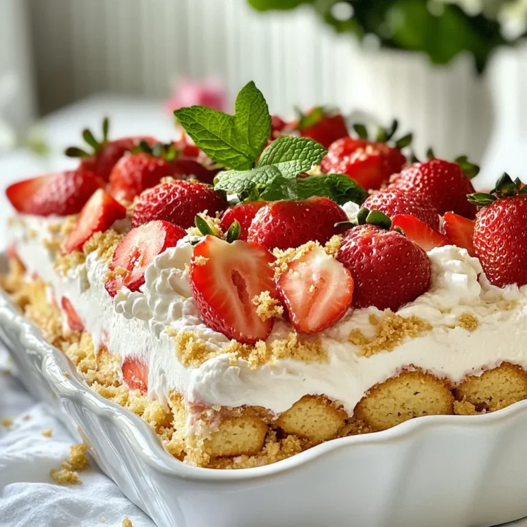 - 2 cups fresh strawberries, hulled and sliced - 1 cup heavy whipping cream - 1/2 cup powdered sugar - 1 teaspoon vanilla extract - 1 cup shortcake cookies, crushed - 1/2 cup Greek yogurt - Mint leaves for garnish Gathering the right ingredients is key to a great Strawberry Shortcake Icebox Cake. Start with fresh strawberries. Their bright flavor is what makes this dessert shine. Look for ripe berries that smell sweet and have a vibrant color. Next, heavy whipping cream is a must. It adds richness and a light texture. Powdered sugar sweetens the cream without graininess. Vanilla extract brings warmth and depth to the flavor. For the base, choose shortcake cookies. You can buy them or make your own. Either way, they provide the perfect crunch. Greek yogurt adds creaminess and helps balance the sweetness. Finally, don’t forget mint leaves. They bring a fresh touch and look great on top. With these ingredients, you are ready to create a dessert that is both simple and delicious. {{ingredient_image_1}} To prepare the strawberries, start by hulking and slicing them. Use 2 cups of fresh strawberries for the best flavor. Place the sliced strawberries in a medium bowl. Add 2 tablespoons of powdered sugar and toss them gently. Let them sit for about 10 minutes. This time allows the strawberries to macerate, making them sweeter. The sugar draws out juice and creates a syrupy consistency. You will love how juicy and sweet they become! Next, grab a mixing bowl and pour in 1 cup of heavy whipping cream. Add the remaining 1/2 cup of powdered sugar and 1 teaspoon of vanilla extract. Whip this mixture until you see soft peaks forming. This usually takes about 2 to 3 minutes. Now, gently fold in 1/2 cup of Greek yogurt. This step adds creaminess and a slight tang to the whipped cream. Your whipped cream mixture should look smooth and fluffy. For the first layer, take a 9x9 inch baking dish. Line the bottom with half of the crushed shortcake cookies. Spread them evenly to cover the base. Next, add half of your whipped cream mixture over the cookie crumbs. Smooth it out with a spatula. Now, spoon half of the macerated strawberries on top of the whipped cream layer. Distribute them evenly so every bite has strawberries. Repeat the layers by adding the remaining crushed cookies. Then, top with the rest of the whipped cream mixture and finish with the remaining strawberries. Cover the dish with plastic wrap and place it in the fridge. Chill it for at least 4 hours, or better yet, overnight. This waiting time allows all the flavors to come together beautifully. Before serving, garnish with fresh mint leaves for a nice touch! To make the best whipped cream, start with cold cream. Cold cream whips better and faster. Whip the cream until it forms soft peaks. This means it holds shape but still looks fluffy. Be careful not to overwhip it. If you whip too long, it turns into butter. Stop when the cream looks smooth and airy. When choosing strawberries, look for bright red ones. They should feel firm and have a sweet smell. Avoid berries with green or mushy spots. You can also use frozen strawberries if fresh ones are not available. Just thaw them and drain excess juice before using. Garnish your cake with fresh mint leaves. This adds color and a fresh taste. Use a sharp knife to cut neat slices. Serve it chilled for the best flavor. You can also add extra strawberries on top for a beautiful look. Pro Tips Use ripe strawberries: Choose bright red, ripe strawberries for the best flavor and sweetness. The riper the berry, the more delicious your icebox cake will be! Chill the bowl: For better whipped cream, chill your mixing bowl and beaters in the freezer for about 10 minutes before whipping the cream. This helps achieve fluffy peaks. Experiment with flavors: Feel free to mix in other fruits like blueberries or raspberries for a twist! You can also add a splash of lemon juice to the strawberries for extra zing. Make it ahead: This dessert is perfect for making ahead of time. It actually tastes better the next day, as the flavors meld and the cookies soften beautifully. {{image_2}} You can change the taste of your cake easily. For a different flavor, try using vanilla or almond extract instead of just vanilla. Almond gives a nice nutty touch. You can also add citrus zest, like lemon or orange, to brighten the cake. This adds a fun twist and makes it more refreshing. If you need gluten-free options, there are many choices. You can use gluten-free shortcake cookies. They work just as well. For those who want a dairy-free treat, swap heavy cream with coconut cream. You can also replace Greek yogurt with a dairy-free yogurt. These swaps let everyone enjoy this cake. Feel free to mix in other fruits. In summer, peaches or blueberries are great. In fall, try apples or pears for a cozy taste. You can also make holiday-themed adaptations. For example, add cranberries for a festive look. Each season brings new flavors to explore in your icebox cake. To keep your Strawberry Shortcake Icebox Cake fresh, store it in the fridge. Use plastic wrap to cover the dish tightly. This helps keep the cake moist and prevents it from absorbing other smells. The cake stays good for about 3 days in the fridge. After that, the cookies might get too soft. You can freeze this cake for longer storage. First, cut it into slices. Wrap each slice in plastic wrap, then place them in an airtight container. This protects them from freezer burn. The cake can last up to 2 months in the freezer. When you want to eat it, take out a slice and place it in the fridge overnight to thaw. When ready to serve, take the cake out of the fridge. Let it sit for about 10 minutes at room temperature. This helps bring back some of its original texture. Garnish with fresh mint leaves for a nice touch. For the best taste, serve it chilled. Enjoy the flavors of fresh strawberries and creamy goodness! Strawberry Shortcake Icebox Cake can last up to three days in the fridge. After that, the cookies may get too soggy. Keep it covered with plastic wrap to keep it fresh longer. Yes, you can make this dessert ahead of time. In fact, I recommend making it a day before. This way, the flavors blend well, and the cookies soften nicely. Just remember to cover it well in the fridge. To slice and serve, use a sharp knife. Dip the knife in warm water for easy cutting. This helps create clean lines and neat slices. Use a spatula to lift the slices onto plates. You can use frozen strawberries, but fresh ones taste better. If you use frozen, let them thaw and drain excess liquid. This prevents the cake from getting too soggy. Yes, you can easily make a smaller portion. Just use a smaller dish and cut the ingredient amounts in half. This way, you still enjoy the cake without making too much. This blog post showed you how to make a delicious Strawberry Shortcake Icebox Cake. You learned the essential ingredients, like fresh strawberries and whipped cream. We explored step-by-step instructions for preparation and layering. Tips for perfecting your whipped cream and selecting ripe strawberries helped you along the way. Lastly, we shared ways to store and adapt your cake. Enjoy creating this refreshing dessert, and remember, your personal touch makes it even better!