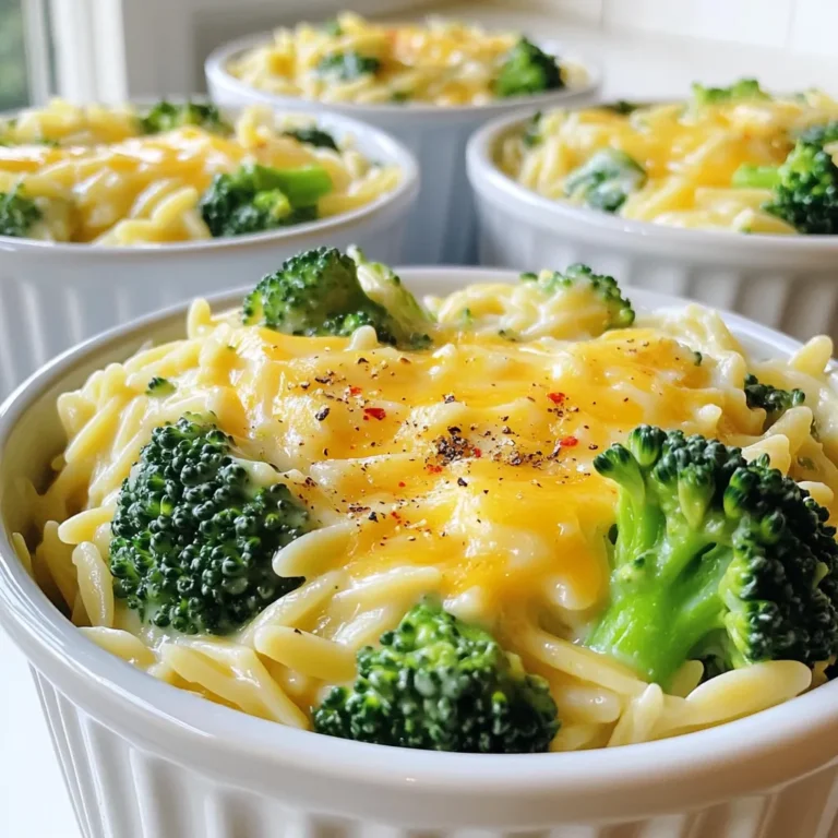 - 1 cup orzo pasta - 2 cups broccoli florets - 2 cups vegetable broth - 1 cup milk or dairy-free alternative - 1 cup sharp cheddar cheese, grated - 1 tablespoon olive oil - 1 small onion, finely chopped - 2 cloves garlic, minced - 1 teaspoon Dijon mustard - Salt and pepper to taste - ½ teaspoon crushed red pepper flakes (optional) The main ingredients showcase simple yet flavorful components. Orzo pasta makes for a delightful base. It cooks quickly and soaks up flavors well. Broccoli florets add color and nutrition. They provide a fresh crunch that balances the creaminess. The vegetable broth creates a rich flavor. You can use any broth you prefer. Milk, or a dairy-free option, brings a creamy texture. Sharp cheddar cheese ties it all together with its rich taste. For seasonings, olive oil helps sauté the onion. This builds a flavor foundation. Onions become sweet and soft with heat. Garlic adds an aromatic punch. A bit of Dijon mustard gives the dish a subtle tang. Adjust the salt and pepper to your liking. If you want some heat, add crushed red pepper flakes. This is optional, but I love the kick it brings! Each ingredient plays a role in making the creamy broccoli cheddar orzo taste great. You can easily adjust the recipe based on what you have at home. This dish is all about using what you love and making it your own. First, heat 1 tablespoon of olive oil in a large pot over medium heat. Add 1 small, finely chopped onion. Sauté it for about 3-4 minutes until it turns translucent. Then, stir in 2 minced garlic cloves and ½ teaspoon of crushed red pepper flakes, if you like a kick. Cook this mixture for an additional 1-2 minutes until it smells great. Next, add 1 cup of orzo pasta to the pot. Stir it well to coat with the oil and onion mixture. Toast the orzo for 1-2 minutes to get a bit of color. Now, pour in 2 cups of vegetable broth. Bring this to a gentle boil. Reduce the heat to low and let it simmer for about 7-8 minutes. Stir occasionally to help the orzo cook evenly until it’s al dente and most of the liquid is gone. While the orzo cooks, steam 2 cups of broccoli florets until they are bright green and tender, around 4-5 minutes. Once the orzo is ready, add 1 cup of milk and 1 teaspoon of Dijon mustard to the pot. Stir well to mix everything. Gradually add in 1 cup of grated sharp cheddar cheese, mixing until it melts and creates a creamy texture. If it’s too thick, feel free to add a splash more milk to reach your preferred consistency. Now, gently fold in the steamed broccoli. Season with salt and pepper to taste. Heat everything through for another minute. Your creamy broccoli cheddar orzo is now ready to serve! Enjoy this tasty dish right away, and don’t forget to garnish with extra cheddar cheese if you want. - Make sure your orzo is al dente. This means it should be firm but not hard. It gives a nice bite and holds up in the dish. - Use freshly grated cheese. It melts better than pre-shredded cheese. This gives you that creamy texture you want. - Serve your orzo in deep bowls. This makes it look nice and keeps it warm. - Top with fresh cracked black pepper and a few broccoli florets. It adds color and makes it pop on the plate. - If your dish is too thick, add more milk. This helps reach the creaminess you want. - To prevent clumping, stir frequently while it cooks. This keeps everything mixed and smooth. {{image_2}} You can easily make this dish fit your needs. For a dairy-free option, use plant-based cheese and milk. Almond or oat milk works well. If you want to change the veggies, swap broccoli for spinach, peas, or zucchini. Each choice adds its own flavor and texture. Want a protein boost? Add cooked chicken, shrimp, or tofu. These mix well with the orzo and cheese. Fresh herbs like thyme or parsley also brighten up the dish. Just sprinkle them in at the end for a fresh taste. This creamy orzo pairs nicely with a crisp side salad or warm garlic bread. You can serve it as a main dish or a tasty side. Either way, it’s sure to please everyone at the table. Enjoy this comforting meal any night of the week! To keep your creamy broccoli cheddar orzo fresh, store leftovers in an airtight container. This helps avoid any spills in your fridge. You should eat it within 3-4 days for the best taste and texture. You can reheat your orzo in two ways. First, use the microwave. Just pop it in for a minute or two. The second option is to heat it on the stovetop. Add a splash of milk to keep it creamy. Be careful not to overheat it. This way, you preserve the nice texture. If you want to save your orzo for later, freezing is a great option. First, let it cool completely. Then, place it in a freezer-safe container. This keeps it fresh for a longer time. When you're ready to enjoy it, thaw it in the fridge overnight. Reheat it as mentioned before for the best results. Yes, you can use whole grain orzo. It adds a nutty taste and chewy texture. However, it needs a bit more water and time to cook. You may want to increase the broth to 2.5 cups and simmer it for 10-12 minutes. Keep an eye on it, so it doesn’t get too soft. To keep your orzo firm, use the right water-to-orzo ratio. A good rule is two parts liquid for one part orzo. Cook it for 7-8 minutes and start checking for doneness a minute early. Stir often to prevent it from sticking. This way, your dish will stay delicious and not turn mushy. Yes, you can make this dish vegan. Use dairy-free cheese and plant-based milk, like almond or oat milk. Look for vegan cheddar cheese that melts well. This will keep the creamy texture without dairy. Enjoy the same great taste while sticking to a vegan diet! This blog post showed you how to make a creamy orzo dish with broccoli. We covered the main ingredients, cooking steps, and tips for perfecting your meal. You learned how to customize the flavors and store leftovers. Remember, you can tweak the recipe for your tastes, whether that's adding protein or using different vegetables. Enjoy experimenting with this easy and delicious dish. Happy cooking!