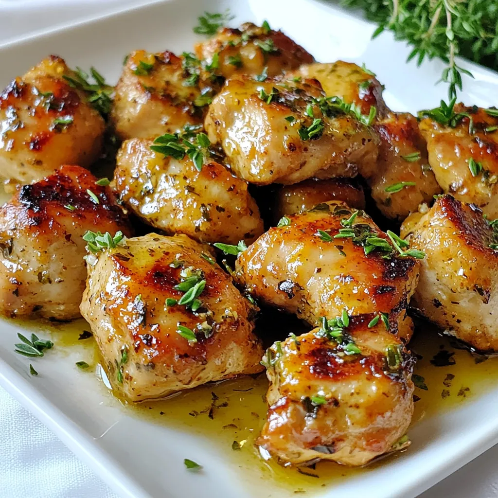 For this dish, you will need: - 1 pound chicken breast, cut into bite-sized pieces - 4 tablespoons unsalted butter - 4 cloves garlic, minced - 1 teaspoon fresh thyme leaves (or ½ teaspoon dried thyme) - Salt and pepper to taste - 1 tablespoon lemon juice - 1 teaspoon paprika - ½ teaspoon chili flakes (optional for heat) These main ingredients make a flavorful base for the garlic butter chicken bites. The chicken is tender and juicy, while the butter and garlic add rich taste. Herbs like thyme enhance the dish's aroma. To make this dish even better, consider these options: - Fresh lemon zest for brightness - Grated Parmesan cheese for a cheesy twist - Other herbs like oregano or basil for more flavor - A splash of white wine to deglaze the pan Adding these ingredients can elevate your garlic butter chicken bites. They offer unique flavors that complement garlic and butter nicely. If you don't have something on hand, try these swaps: - Olive oil instead of butter for a lighter dish - Chicken thighs instead of breasts for more flavor - Garlic powder if you don't have fresh garlic - Dried thyme if fresh thyme is unavailable These substitutions will keep your recipe tasty and enjoyable. Don't hesitate to experiment with what you have! {{ingredient_image_1}} To start, cut the chicken breast into bite-sized pieces. This helps them cook evenly. Then, season the chicken with salt, pepper, paprika, and chili flakes if you like heat. Mix the spices well to coat all the pieces. This adds a great flavor to the chicken. Next, grab a large skillet and set it over medium heat. Add the butter to the skillet and let it melt. Once the butter is bubbling, lay the seasoned chicken bites in a single layer. Cook them for about 5 to 7 minutes. Stir them occasionally to brown all sides. Check that they reach an internal temperature of 165°F to ensure they are safe to eat. Now, lower the heat and add the minced garlic to the skillet. Cook the garlic for about 1 to 2 minutes while stirring constantly. This step is important; you want the garlic to be fragrant but not burnt. Then, mix in the fresh thyme and lemon juice. Stir everything well to blend the flavors. Cook for another minute to let the herbs infuse their taste into the dish. After this, your garlic butter sauce will be ready to pour over the chicken. To make the best garlic butter chicken bites, use fresh ingredients. Fresh herbs, like thyme and parsley, add great taste. Always cut your chicken into even pieces. This helps them cook evenly. Season well with salt, pepper, and paprika. The spices bring out the flavor in each bite. If you like heat, add chili flakes. This adds a nice kick without overpowering the dish. Cook the chicken bites at medium heat for around 5-7 minutes. This gives them a nice golden color. Check that the internal temperature reaches 165°F. Use a meat thermometer to ensure it's safe to eat. Once the garlic goes in, lower the heat. Cooking garlic too long can make it bitter. Just 1-2 minutes is enough to bring out its rich flavor. Serve your garlic butter chicken bites on a beautiful plate. Drizzle the buttery sauce over the top for extra flavor. A sprinkle of fresh parsley adds color and freshness. Pair them with rice or fresh veggies to make a full meal. For a fun twist, serve with crusty bread to soak up the sauce. Drinks like iced tea or lemonade work well with this dish. Enjoy the blend of flavors in every bite! Pro Tips Use Fresh Ingredients: Fresh garlic and herbs will elevate the flavor of your dish significantly, so opt for fresh whenever possible. Don’t Overcrowd the Pan: Cook the chicken in batches if necessary to ensure even cooking and a nice golden crust. Perfect Cooking Time: Keep an eye on the chicken to avoid overcooking; it should be golden brown and reach an internal temperature of 165°F. Serve Immediately: This dish is best enjoyed fresh from the skillet, as the buttery sauce and garlic flavors will be at their peak. {{image_2}} To make spicy garlic butter chicken bites, add more heat. Use extra chili flakes or add hot sauce. You can also use jalapeños for a fresh twist. Spice levels can suit your taste, so feel free to adjust. This version gives a nice kick to the dish. Herbs can elevate the flavor of garlic butter chicken bites. Try using rosemary, basil, or oregano. Fresh herbs add a nice touch. You can mix different herbs to find a blend you love. This adds depth and freshness to each bite. You can cook garlic butter chicken bites in different ways. Grilling gives a smoky flavor. Simply marinate the chicken as per the recipe and grill until cooked through. Baking is another great method. Preheat the oven to 400°F and bake on a lined sheet for about 15-20 minutes. Each method gives a unique taste, so try them all! To keep your garlic butter chicken bites fresh, place them in an airtight container. Make sure to cool them to room temperature first. Store them in the fridge for up to three days. This helps maintain their flavor and texture. When you're ready to enjoy leftovers, reheat them on the stove. Place the chicken bites in a skillet over low heat. Add a splash of water or a bit of butter to prevent sticking. Heat until warm, about 5 minutes. Stir occasionally to ensure even heating. If you want to save the chicken bites for later, freezing is a great option. Allow the chicken to cool completely, then place it in a freezer-safe bag. Remove as much air as possible before sealing. They can last up to three months in the freezer. To reheat, thaw in the fridge overnight before reheating on the stove. Garlic Butter Chicken Bites can last up to four days in the fridge. Store them in an airtight container to keep them fresh. When ready to eat, just reheat them on the stove or in the microwave. The bites will still be tasty and full of flavor! Yes, you can use frozen chicken. Thaw it first in the fridge or microwave. Once thawed, cut it into bite-sized pieces. The cooking time may change slightly, so ensure the chicken is cooked through, reaching 165°F. These chicken bites pair well with many sides. Here are some tasty options: - Steamed vegetables like broccoli or green beans - A fresh garden salad - Rice or quinoa for a hearty meal - Pasta tossed in olive oil or garlic sauce Feel free to mix and match based on what you like! This blog post covered how to make tasty garlic butter chicken bites. We explored key ingredients and other options for extra flavor. I shared step-by-step cooking instructions to ensure perfect bites. You learned tips for cooking times and serving ideas. We also discussed different versions and how to store leftovers. In closing, garlic butter chicken bites are easy and fun to make. With the right ingredients and methods, you can impress anyone at your table.