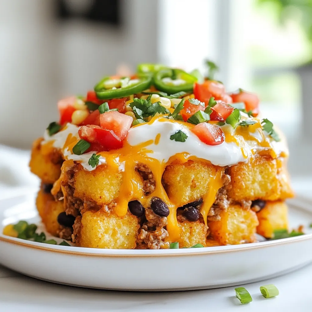 You will need the following items to make Loaded Taco Tater Tot Casserole: - 1 lb ground beef (or plant-based substitute) - 1 packet taco seasoning - 1 cup black beans, drained and rinsed - 1 cup corn kernels (canned or frozen) - 1 large red bell pepper, diced - 1 cup diced tomatoes (canned with juices) - 2 cups shredded cheddar cheese - 1 cup sour cream - 1 bag (32 oz) tater tots - 3 green onions, sliced (for garnish) - Fresh cilantro, chopped (for garnish) - Jalapeño slices (optional) When measuring your ingredients, precision helps create the best dish. Use a scale for the ground beef if you have one. For the canned items, rinse the black beans well before adding. This step removes excess salt. The red bell pepper adds color and sweetness. Dice it into small pieces for even cooking. You can also use frozen corn if you prefer. Cheddar cheese gives a rich taste. Shred it yourself for better melting. For a creamy finish, sour cream adds tang. The tater tots will form a crispy top layer, so spread them evenly. Feel free to switch up the garnishes based on your taste. Green onions add a fresh crunch. Cilantro gives a bright flavor. For a spicy kick, jalapeño slices work well. If you want to keep it simple, just skip the garnishes. You can swap the ground beef for turkey or a plant-based option. If you want more veggies, add diced zucchini or mushrooms. Just remember, keep it fun and tasty! {{ingredient_image_1}} Start by gathering all your ingredients. You will need ground beef, taco seasoning, black beans, corn, red bell pepper, diced tomatoes, cheddar cheese, sour cream, tater tots, and garnishes. Preheat your oven to 425°F (220°C). In a large skillet, cook the ground beef over medium heat. Brown it well, then drain any extra fat. This step helps keep your casserole from being greasy. Next, add the taco seasoning to the beef. Mix it well, then add the black beans, corn, diced bell pepper, and tomatoes. Cook this mixture for 5-7 minutes. You want the bell pepper to soften and the flavors to combine nicely. Once the beef and veggie mix is ready, grab a large 9x13 inch baking dish. Spread the beef mixture evenly across the bottom. This base will hold all the flavors together. Layer the tater tots on top. Make sure they are in a single, even layer. This helps them crisp up nicely. Now, place the dish in the oven. Bake it for 25-30 minutes. You want the tater tots to turn golden brown and crispy. Keep an eye on them, as ovens can vary in heat. After 25-30 minutes, take the casserole out of the oven. Now it's time for cheese! Sprinkle shredded cheddar cheese over the top. Return the dish to the oven for another 5 minutes. This will melt the cheese and make it bubbly. Once done, remove the casserole and let it cool for a few minutes. Drizzle sour cream over the top. Finish by garnishing with sliced green onions, chopped cilantro, and jalapeño slices if you like some heat. Serve it warm, and enjoy every bite of your loaded taco tater tot casserole! To get the best texture, focus on the tater tots. Spread them in a single layer over the beef. This helps them crisp up nicely. Bake them until they turn golden brown. Aim for about 25-30 minutes at 425°F (220°C). Add cheese in the last five minutes. This way, it melts perfectly over the crispy tots. One common mistake is overcrowding the pan. If you pack too much beef or toppings, the casserole can get soggy. Make sure to drain the beans and corn well. Excess moisture can ruin the texture. Also, watch the cooking time. Overbaking can lead to burnt edges, while underbaking can leave tater tots mushy. Feel free to get creative with the flavors. You can swap ground beef for turkey or a plant-based option. Add extra veggies like zucchini or mushrooms for more nutrition. Want more spice? Toss in diced jalapeños or a dash of hot sauce. For a cheesy twist, use pepper jack cheese instead of cheddar. The goal is to make it your own! Pro Tips Use a Meat Thermometer: If using ground beef, ensure it reaches an internal temperature of 160°F (70°C) for optimal safety and flavor. Customize Your Toppings: Feel free to add other toppings like avocado or salsa to enhance the flavor profile of your casserole. Make it Vegetarian: Substitute the ground beef with a plant-based protein for a delicious vegetarian option without sacrificing taste. Leftover Friendly: This casserole is perfect for leftovers; simply reheat it in the oven or microwave for a quick meal! {{image_2}} You can easily make this casserole meat-free. Swap the ground beef for a plant-based option like lentils or a veggie crumble. Use the same taco seasoning for that bold flavor. You can add more beans or some diced mushrooms for added texture. Bell peppers and corn will add sweetness and crunch. This keeps the dish hearty and satisfying. To make this dish gluten-free, choose a gluten-free taco seasoning. Many brands offer this option now. Also, confirm that your tater tots are gluten-free. Some brands use wheat flour, so check the label. You can still enjoy all the delicious toppings. Use gluten-free sour cream and cheese for a creamy finish. You can adjust the ingredients based on what you have at home. Instead of black beans, try pinto beans or chickpeas. If you prefer a milder taste, use less jalapeño or skip it altogether. For a dairy-free option, use vegan cheese and a dairy-free sour cream. You can use zucchini or sweet potatoes in place of tater tots for a healthier spin. To store leftovers, let the casserole cool down first. Use an airtight container. This keeps the flavors fresh. You can keep it in the fridge for up to four days. When you're ready to eat, take the casserole from the fridge. Preheat your oven to 350°F (175°C). Cover the casserole with foil. Heat it for 20-25 minutes. This keeps the top crispy. Check that it is warm all the way through. If you want to freeze it, do so before baking. Wrap the dish tightly in plastic wrap and then in foil. This helps prevent freezer burn. You can freeze it for up to three months. When ready to eat, thaw it overnight in the fridge. Then bake it as per the recipe instructions. Enjoy your tasty meal later! It takes about 15 minutes to prep. After that, you need 25 to 30 minutes for baking. So, the total time is around 1 hour. This includes cooking the meat and mixing in the tasty ingredients. Yes, you can! Make the beef mixture and layer it with tater tots. Cover it and keep it in the fridge. This way, you save time when you are ready to bake. Just remember to add a few extra minutes for baking if it's cold from the fridge. You can serve this casserole with a fresh salad. Some tortilla chips and salsa also make great sides. Don't forget to add extra toppings like sliced jalapeños or more sour cream. These add flavor and fun to your meal! This article covered everything you need for Loaded Taco Tater Tot Casserole. We looked at the full list of ingredients, their measurements, and optional garnishes. You learned the step-by-step prep, cooking process, and baking tips. We also shared ways to customize flavors, avoid mistakes, and suggested dietary variations. Lastly, we discussed how to store, reheat, and freeze leftovers. Now, get ready to make your own delicious casserole! Enjoy every bite!