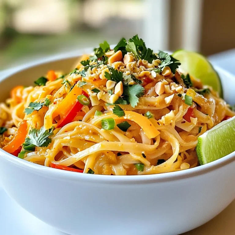 To make Spicy Thai Peanut Noodles, gather these simple ingredients: - 8 oz rice noodles - 1/2 cup creamy peanut butter - 3 tablespoons soy sauce (or tamari for gluten-free) - 2 tablespoons honey or maple syrup - 2 tablespoons rice vinegar - 1 tablespoon sesame oil - 1 tablespoon sriracha (adjust for heat preference) - 1 cup shredded carrots - 1 bell pepper, thinly sliced (red or yellow for color) - 3 green onions, chopped - 1/4 cup chopped cilantro (for garnish) - Crushed peanuts (for garnish) - Lime wedges (for serving) This dish can fit many diets. To make it gluten-free, use tamari instead of soy sauce. If you want a vegan option, swap honey for maple syrup. Both changes keep the dish tasty and healthy. You can easily swap ingredients based on what you have. If you don’t have peanut butter, try almond butter or sunflower seed butter. For a nut-free version, tahini works well. If you want to add more veggies, zucchini or snap peas can give a nice crunch and color. This flexibility helps you create a dish that suits your taste. {{ingredient_image_1}} To start, cook the rice noodles. Boil water in a pot. Add the noodles and cook per the package instructions. This usually takes about 5-7 minutes. Drain the noodles and rinse them under cold water. This stops the cooking and keeps them from sticking together. Set them aside while you prepare the sauce. In a large mixing bowl, combine the creamy peanut butter, soy sauce, and honey. You can use maple syrup if you want a vegan option. Add rice vinegar, sesame oil, and sriracha. Whisk this mixture until it becomes smooth and creamy. This sauce gives the noodles a rich flavor. You can adjust the sriracha if you want more or less heat. Now, it’s time to mix everything. Add the cooled rice noodles, shredded carrots, and sliced bell pepper to the bowl with the sauce. Toss everything together. Make sure the noodles and veggies are well-coated with the peanut sauce. Then, add half of the chopped green onions and give it a light toss again. Taste your noodles. If you want it sweeter or spicier, add more honey or sriracha. Serve the noodles in bowls. Top with the remaining green onions, cilantro, and crushed peanuts. Don’t forget the lime wedges on the side for a zesty kick. You can easily change the taste of your Spicy Thai Peanut Noodles. If you want more heat, add extra sriracha. For a sweeter dish, mix in more honey or maple syrup. Taste as you go to find your perfect balance. Remember, everyone’s palate is different, so make it yours! Make your noodles look great on the plate. Use colorful bowls to brighten up the dish. Arrange the noodles in a nest shape for a fun look. Top with the remaining green onions, cilantro, and crushed peanuts. A squeeze of lime on top adds a nice touch and zest! Want to save time? Use pre-cut veggies. Many grocery stores sell shredded carrots and sliced bell peppers. This cuts your prep time down. You can also cook the rice noodles ahead of time and store them in the fridge. This way, you can whip up the dish in just minutes! Pro Tips Adjust the Heat: Feel free to modify the amount of sriracha based on your heat preference. Start with less and add more until you reach your desired spice level. Make It Creamier: If you prefer a creamier sauce, add a splash of warm water or coconut milk to the peanut sauce to thin it out. Crunch Factor: For extra texture, toss in some chopped cucumbers or bean sprouts just before serving. They add a refreshing crunch! Prep Ahead: This dish can be prepped in advance! Store the noodles and sauce separately until you're ready to serve to prevent sogginess. {{image_2}} You can easily add protein to make this meal heartier. Tofu is a great option if you want a plant-based choice. Use firm tofu for the best texture. Just cut it into cubes, pan-fry until golden, and toss it in with the noodles. Chicken is another tasty option. Cook diced chicken breast in a pan until it’s fully cooked. Once done, mix it in with the noodles for a filling meal. Shrimp works well too. Sautéed shrimp adds a nice touch. Cook them until they turn pink and add them right before serving. Each protein choice brings its own flavor. You can swap out veggies for your favorites. Zucchini noodles are a fun twist. Just spiralize them and toss them in for a fresh taste. They cook quickly, so add them at the end. Snap peas add a nice crunch. Toss them in with the carrots and bell peppers. They cook fast and keep their crunch. You can also try broccoli or bell peppers in different colors for extra flavor and color. The sauce can change the whole dish. For a spicy sesame sauce, mix sesame paste, soy sauce, and chili oil. This gives a nutty flavor that pairs well with noodles. A Thai sweet chili sauce offers sweetness and heat. You can mix it with peanut butter for a smoother sauce. Both options will keep your dish exciting and different every time you make it. After enjoying your Spicy Thai Peanut Noodles, store any leftovers in an airtight container. This keeps the noodles fresh for up to three days in the fridge. Make sure to let the noodles cool down before sealing them. This helps avoid moisture buildup, which can make your dish soggy. If you want to keep your noodles longer, you can freeze them. First, let the noodles cool completely. Then, place them in a freezer-safe bag or container. They can last up to three months in the freezer. When you're ready to eat, just remove the bag and let it thaw in the fridge overnight. To reheat your noodles, you have a few options. For the best texture, use a skillet. Heat a little oil over medium heat, add the noodles, and stir until warm. You can also use the microwave. Place the noodles in a microwave-safe bowl, cover it, and heat in 30-second bursts until hot. If the noodles seem dry, add a splash of water or soy sauce to moisten them. Yes, you can make Spicy Thai Peanut Noodles ahead of time. Prepare the noodles and sauce as usual. Store them separately in the fridge for up to three days. This keeps the noodles fresh and prevents them from becoming mushy. When ready to eat, combine them and serve. You may need to warm the noodles slightly. This dish tastes great even after sitting for a while. You can serve Spicy Thai Peanut Noodles with many sides. Here are some ideas: - Fresh spring rolls with dipping sauce - Crispy tofu or chicken for added protein - A simple cucumber salad for crunch - Steamed broccoli or snap peas for extra veggies - A refreshing mango salad for sweetness These sides add variety and make your meal more colorful and tasty. This recipe's spice level is adjustable. It uses sriracha, which gives a nice kick. If you're sensitive to heat, you can use less sriracha. Traditional Thai dishes can be spicier. They often include fresh chilies or chili paste. This recipe balances flavor and heat, making it friendly for all spice levels. You can enjoy the taste without overwhelming heat. In this post, we explored the main ingredients for Thai peanut noodles, dietary options, and substitutions. We also provided step-by-step instructions for preparing delicious noodles, along with helpful tips for flavor and presentation. You can add protein or veggies to create your own twist. Remember to store leftovers properly for later enjoyment. With these insights, you can enjoy a tasty and adaptable dish each time. Experiment, have fun, and enjoy your flavorful masterpiece!