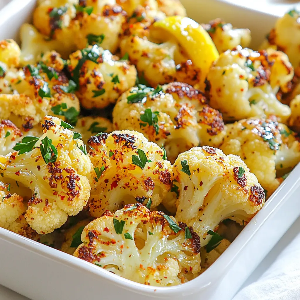 For Lemon Garlic Roasted Cauliflower, you will need: - 1 large head of cauliflower, cut into florets - 3 tablespoons olive oil - 4 cloves garlic, minced - Zest of 1 lemon - Juice of 1 lemon - 1 teaspoon smoked paprika - 1 teaspoon salt - ½ teaspoon black pepper - Fresh parsley, chopped (for garnish) You can swap ingredients for different flavors. Here are some great options: - Cauliflower: Broccoli or Brussels sprouts work well too. - Olive oil: Use avocado oil for a light taste. - Garlic: Try garlic powder if fresh isn’t available. - Lemon: Lime juice gives a nice twist. - Smoked paprika: Regular paprika works in a pinch. - Salt: Sea salt or Himalayan salt can replace regular salt. - Black pepper: White pepper adds a different flavor. This dish is not just tasty; it's healthy too! Here’s a quick breakdown per serving: - Calories: About 160 - Protein: 3g - Fat: 14g - Carbohydrates: 9g - Fiber: 4g - Sugar: 2g With these simple ingredients, you can create a dish that’s full of flavor and nutrition. Enjoy the zesty goodness of lemon and garlic with every bite! {{ingredient_image_1}} Start by gathering your ingredients. You need one large head of cauliflower, three tablespoons of olive oil, four cloves of minced garlic, and the zest and juice of one lemon. You will also need one teaspoon of smoked paprika, one teaspoon of salt, and half a teaspoon of black pepper. Finally, don’t forget fresh parsley for garnish. Next, preheat your oven to 425°F (220°C). This step is key for getting a nice roast on your cauliflower. In a large mixing bowl, mix the olive oil, minced garlic, lemon zest, lemon juice, smoked paprika, salt, and black pepper. Whisk these together until they blend well. This mixture gives the cauliflower its bright, bold flavor. Now, cut the cauliflower into florets. Make sure the pieces are similar in size. This helps them cook evenly. Place the florets in the bowl with the lemon-garlic mixture. Toss them well, so every piece is coated. Spread the seasoned cauliflower in a single layer on a baking sheet lined with parchment paper. This helps keep the cauliflower from sticking and makes cleanup easier. Roast the cauliflower in your preheated oven for 25 to 30 minutes. Flip the florets halfway through. You want them to become golden brown and tender. Once they're done roasting, take them out and let them cool slightly. This helps the flavors settle. Garnish your roasted cauliflower with fresh chopped parsley. This adds a pop of color and a fresh taste. Serve the lemon garlic roasted cauliflower as a side dish with grilled chicken or fish. It also makes a great topping for salads or grain bowls. Enjoy the bright, zesty flavors! To get the best roasted cauliflower, follow a few simple steps. First, cut your cauliflower into equal florets. This helps them cook evenly. Next, preheat your oven to 425°F (220°C). A hot oven makes a big difference. Use parchment paper on your baking sheet. This keeps the cauliflower from sticking. Toss the florets well in your lemon-garlic mix. Make sure they are all coated. Spread them out in one layer. If they are too crowded, they will steam instead of roast. Flip them halfway through for even browning. To boost the flavor of your roasted cauliflower, think outside the box. Add fresh herbs like thyme or rosemary for a lovely aroma. You can also sprinkle some cheese on top before roasting. Parmesan works great here. If you want a kick, add red pepper flakes. The lemon and garlic already give a fresh taste, but these extras can make it pop even more. Try using lemon juice and zest from a Meyer lemon for a sweeter twist. One big mistake is not cutting the cauliflower evenly. If some pieces are big and others are small, they will cook at different rates. Another mistake is using too much oil. While oil adds flavor, too much can make the cauliflower soggy. Avoid cooking them at a lower temperature. This leads to steamed cauliflower, not roasted. Lastly, don’t rush the flipping. Give them time to get golden brown. They need that caramelization for the best taste. Pro Tips Choose Fresh Cauliflower: Select a cauliflower head that is firm, compact, and free from blemishes for the best flavor and texture. Adjust Garlic to Taste: If you love garlic, feel free to add more than four cloves for an extra punch of flavor. Experiment with Spices: Try adding different spices like cumin or cayenne pepper to customize the flavor profile to your liking. Use Lemon Zest Generously: The zest adds a bright and aromatic element; don't skimp on it for maximum flavor! {{image_2}} You can make this dish even better by adding more spices. Try cumin or coriander for a warm flavor. If you like heat, add a pinch of red pepper flakes. Fresh herbs can also boost taste. Consider using thyme or rosemary. They pair well with lemon and garlic. This recipe is already vegan and gluten-free. All the ingredients are plant-based. You do not need to change anything if you follow these diets. Just be sure to use fresh ingredients. They help enhance taste and keep the dish healthy. Roasting is great, but you can also grill or steam cauliflower. Grilling gives a smoky flavor. Just toss the florets in the lemon-garlic mix and grill them on high heat. For steaming, cook the florets until tender, then toss them in the mix. This keeps them moist and adds a fresh taste. After enjoying your Lemon Garlic Roasted Cauliflower, store leftovers in an airtight container. You can keep them in the fridge for about 3 to 5 days. This keeps the flavors fresh. Make sure the cauliflower cools down before you seal it. This helps avoid excess moisture. To reheat, you can use an oven or a microwave. For the oven, preheat it to 350°F (175°C). Spread the cauliflower on a baking sheet and heat for about 10-15 minutes. This method keeps the cauliflower crispy. If using a microwave, place the cauliflower in a microwave-safe dish. Heat in 30-second bursts, stirring in between, until warm. You can freeze Lemon Garlic Roasted Cauliflower too. First, let it cool completely. Then, place it in a freezer-safe bag or container. Remove as much air as possible. This helps prevent freezer burn. You can freeze it for up to 3 months. When ready to eat, thaw in the fridge overnight and reheat as directed. Yes, you can use frozen cauliflower. Just make sure to thaw it first. Pat it dry to remove any excess moisture. This helps the flavor stick better. The roasting time may need to be a bit longer. Check for tenderness and a nice golden color. You can serve this dish with many meals. It pairs well with grilled chicken or fish. You can also enjoy it with quinoa or rice. Add a fresh salad for a balanced meal. This roasted cauliflower also makes a great side for pasta dishes. To make it spicier, add red pepper flakes. You can mix in cayenne pepper for extra heat. Start with a small amount and taste as you go. This way, you can find the right spice level for you. Enjoy the kick it brings to the dish! This blog post covered everything you need for Lemon Garlic Roasted Cauliflower. You learned about the main ingredients, how to prepare and cook them, and tips for perfect results. We also discussed fun variations and storage tips to enjoy leftovers. Now, you can make delicious cauliflower with confidence. Use these steps and suggestions to impress family and friends. Enjoy your cooking journey!