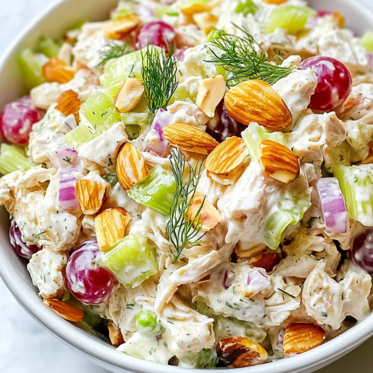 - 2 cups cooked chicken breast, shredded - 1 cup plain Greek yogurt - 1/2 cup celery, finely chopped - 1/2 cup red grapes, halved - 1/4 cup almonds, slivered - 1/4 cup red onion, finely chopped - 1 tablespoon Dijon mustard - 1 tablespoon honey - 1 tablespoon lemon juice - Salt and pepper to taste - Fresh dill or parsley for garnish For this Greek yogurt chicken salad, you'll need simple and fresh items. The star of the dish is cooked chicken breast, which I shred to make each bite tender. Greek yogurt takes the place of heavy mayo, giving a creamy texture without all the fat. I like to mix in finely chopped celery for a nice crunch. Halved red grapes add a pop of sweetness that balances the flavors. Slivered almonds provide another layer of crunch, while red onion gives a sharp bite. To dress the salad, I use Dijon mustard for tang, honey for sweetness, and lemon juice for brightness. Salt and pepper round out the flavor. Finally, I garnish with fresh dill or parsley to make it look pretty and add a touch of freshness. Gather all these ingredients, and you're ready to create a dish that bursts with flavor and texture! {{ingredient_image_1}} - First, take 2 cups of cooked chicken breast and shred it. - In a large bowl, combine the shredded chicken and 1 cup of plain Greek yogurt. - Mix well until the chicken is well coated with yogurt. - Next, add in 1/2 cup of finely chopped celery, 1/2 cup of halved red grapes, 1/4 cup of slivered almonds, and 1/4 cup of finely chopped red onion. - Gently fold these ingredients together. - In a small bowl, whisk together 1 tablespoon of Dijon mustard, 1 tablespoon of honey, 1 tablespoon of lemon juice, and some salt and pepper. - Make sure the dressing is smooth and well mixed. - Pour the dressing over the chicken mixture and toss it gently. - Taste the salad and adjust the seasoning with more salt and pepper if needed. - Chill the salad in the refrigerator for at least 30 minutes to let the flavors blend. - Serve the chicken salad on a bed of greens or in a sandwich. - For a fresh touch, garnish with dill or parsley. This simple process creates a fresh and flavorful dish that everyone will enjoy. To make the best Greek yogurt chicken salad, follow a few tips. First, shredding the chicken well is key. Use two forks to pull the chicken apart. This helps mix it better with the yogurt. You want small, even pieces for a smooth texture. Chilling the salad is very important. After mixing, put it in the fridge for at least 30 minutes. This lets the flavors blend. The longer it chills, the better it tastes. Adjusting flavors is simple. If you want it sweeter, add more honey. For a tangy kick, squeeze in more lemon juice. Taste as you go. This way, you create a salad just right for you. Pro Tips Use Leftover Chicken: For a quick and easy meal, utilize leftover rotisserie chicken or any other cooked chicken you have on hand. Customize Your Ingredients: Feel free to add other ingredients like chopped apples, walnuts, or even avocado for a unique twist! Chill for Best Flavor: Letting the salad chill for at least 30 minutes helps the flavors meld beautifully, enhancing the overall taste. Stay Fresh: To keep the salad fresh longer, store it in an airtight container and consume within 3 days. {{image_2}} You can make Greek yogurt chicken salad even better with fun twists. - Adding more vegetables: You can boost the crunch by adding bell peppers or cucumbers. They add color and flavor. Try diced carrots or chopped spinach for more health benefits. - Substituting Greek yogurt: If you want a change, use other yogurts like plain yogurt or even cottage cheese. You can also try dressings like avocado or vinaigrette for a different taste. - Adding different proteins: You can swap chicken for turkey or even tuna. These options keep the salad fresh and exciting. Each protein gives a unique flavor, so feel free to experiment. These variations make your salad fun and healthy. Enjoy trying new flavors! For the best storage, use an airtight container. Glass or plastic containers work well. They keep your salad fresh and prevent spills. In the refrigerator, Greek yogurt chicken salad lasts about three to four days. Store it at 40°F or below for safety. Always check for any off smells or changes in texture before eating. Freezing this salad is not ideal. The Greek yogurt may become watery when thawed. If you want to freeze it, leave out the grapes and almonds. You can add them back in after thawing for better texture. Can I use leftovers for this recipe? Yes, you can use leftover cooked chicken. Shred it and mix it with the yogurt and veggies. This makes for a quick and tasty meal. How long does Greek yogurt chicken salad last? This salad lasts about 3 to 4 days in the fridge. Make sure to store it in an airtight container. Is this chicken salad a good source of protein? Yes, this chicken salad is high in protein. The chicken and Greek yogurt both offer great protein amounts. Can I make this in advance? Absolutely! You can make it a day ahead. Just chill it in the fridge to let the flavors mix. What can I serve with Greek Yogurt Chicken Salad? You can serve it on lettuce, in a sandwich, or with crackers. Pair it with fresh fruit or a light soup for a complete meal. This blog post covers a tasty Greek yogurt chicken salad. We went through the key ingredients, like cooked chicken and Greek yogurt, and the easy prep steps. I shared tips to make it perfect, including flavor adjustments and storage tips. You can even try fun variations to suit your taste. My final thought? This chicken salad is not just simple; it’s healthy and versatile too. Enjoy making it your own!