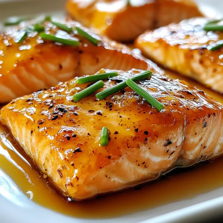 - 4 salmon fillets (6 oz each) - 1/4 cup pure maple syrup - 2 tablespoons Dijon mustard - 1 tablespoon soy sauce (or tamari) - 1 tablespoon olive oil - 2 cloves garlic, minced - 1 teaspoon fresh ginger, grated - Salt and pepper to taste - Fresh chives or parsley for garnish To make maple glazed salmon, you need fresh ingredients. Start with salmon fillets. Choose fillets that are bright in color. Fresh salmon offers great taste and texture. Next, grab pure maple syrup. This adds sweetness and depth to the dish. Dijon mustard gives a nice tang. It balances the sweetness of the syrup. Soy sauce or tamari adds umami. It brings a savory note to your glaze. Olive oil keeps the salmon moist while cooking. Minced garlic and grated ginger add warm flavors. They enhance the overall taste. Don't forget salt and pepper to season the salmon. Finally, fresh chives or parsley make a lovely garnish. They add a pop of color and fresh flavor. With these ingredients, you set the stage for a delicious meal. Each item plays a key role. Their harmony creates a tasty experience. {{ingredient_image_1}} To make the glaze, you start by whisking together these key ingredients: - 1/4 cup pure maple syrup - 2 tablespoons Dijon mustard - 1 tablespoon soy sauce (or tamari) - 1 tablespoon olive oil - 2 cloves garlic, minced - 1 teaspoon fresh ginger, grated Whisk these in a small bowl until smooth. Combining these flavors is important. The sweet maple syrup pairs well with the tangy mustard. The garlic and ginger add depth and warmth to the glaze. This blend creates a rich and tasty topping for the salmon. Now, let’s prep the salmon. First, preheat your oven to 400°F (200°C). This step ensures even cooking. Next, grab a baking sheet and line it with parchment paper. This makes cleanup easy and helps prevent sticking. Place your salmon fillets, skin-side down, on the prepared baking sheet. Season each fillet with salt and pepper. This simple step enhances the salmon’s flavor and complements the glaze. Now it's time to bake! Use a brush to apply a generous amount of the maple glaze on top of each fillet. Save some glaze for later. Bake the salmon for about 12-15 minutes. Check for doneness by using a fork. If it flakes easily, it’s done! Halfway through, brush the fillets again with the reserved glaze. This adds more flavor and keeps the salmon moist. For a caramelized finish, you can broil the salmon for 1-2 minutes at the end. Watch it closely to avoid burning. After baking, let the salmon rest for a few minutes. Garnish with chopped chives or parsley before serving. Enjoy the burst of flavors! To check if your salmon is perfectly cooked, look for flakiness. When you gently press a fork into the salmon, it should flake apart easily. If it does not, it needs more time in the oven. To avoid overcooking, keep an eye on the time. Bake for 12-15 minutes. If your fillets are thicker, check them closer to the 15-minute mark. Remember, you can always put it back in the oven. You can add more flavor to your salmon with extra seasonings. Try adding herbs like dill or thyme for a fresh kick. A sprinkle of lemon juice can also brighten the dish. Let your salmon rest for a few minutes after baking. This resting time helps the flavors settle and makes each bite more delicious. For garnishing, sprinkle fresh chives or parsley on top. This adds a pop of color and freshness. Serve your maple glazed salmon with sides like steamed broccoli or fluffy rice. These sides complement the sweet glaze well and make your plate look beautiful. Pro Tips Use Fresh Ingredients: Always opt for fresh salmon and high-quality maple syrup for the best flavor and texture. Check for Doneness: Salmon is perfectly cooked when it flakes easily with a fork, but for a more precise measurement, aim for an internal temperature of 145°F (63°C). Experiment with Flavors: Feel free to add other herbs or spices to the glaze, like thyme or red pepper flakes, for a unique twist. Let it Rest: Allow the salmon to rest for a few minutes after baking. This helps the juices redistribute, making for a more flavorful bite. {{image_2}} You can mix things up with different glazes for your salmon. One great option is a honey mustard glaze. Just swap the maple syrup for honey. Mix it with Dijon mustard and a touch of soy sauce. This adds a sweet and tangy flavor to your fish. Another fun twist is to add some heat. You can make a spicy maple glaze by mixing in chili flakes or sriracha. This adds a nice kick to the meal. Just remember to adjust the amount based on your heat preference. Now, let's talk about how to cook your salmon. You can grill or bake it. Grilling gives a nice smoky flavor. Preheat your grill to medium-high. Cook the salmon for about 6-8 minutes on each side. Brush it with your glaze for extra flavor. If you prefer baking, preheat your oven to 400°F. Place your salmon on a lined baking sheet and bake for 12-15 minutes. It should flake easily when done. For extra caramelization, broil it for 1-2 minutes at the end. Pair your maple glazed salmon with great side dishes. Roasted vegetables like asparagus or Brussels sprouts work well. A fresh salad with lemon vinaigrette can also brighten the meal. When it comes to drinks, a nice white wine pairs perfectly. Try a Sauvignon Blanc or a Chardonnay. The crispness of the wine goes well with the sweetness of the glaze. Enjoy your meal! To keep your maple glazed salmon fresh, store it in an airtight container. Place it in the fridge as soon as it cools. This helps preserve its flavor and texture. The salmon stays fresh for about 3 to 4 days. If you want to enjoy it longer, consider freezing it. When reheating salmon, I recommend using the oven or a skillet. Both methods keep the flavor and texture intact. To reheat in the oven, preheat it to 350°F (175°C). Place the salmon in a baking dish and cover it with foil. Heat for about 10 minutes or until warmed through. If using a skillet, heat on low. Add a splash of water or broth to keep it moist. Cover with a lid until warm. To freeze maple glazed salmon, wrap each fillet tightly in plastic wrap, then place them in a freezer bag. Be sure to remove as much air as possible. This helps prevent freezer burn. The salmon can be frozen for up to 3 months. To thaw, place it in the fridge overnight. For a quicker method, submerge the sealed bag in cold water for about an hour. Avoid using hot water, as this can cook the fish. I recommend baking salmon at 400°F (200°C). This temperature cooks the fish evenly and keeps it moist. It gives you a nice, flaky texture. Make sure your oven is preheated before placing the salmon inside. Yes, you can use frozen salmon. Just make sure to thaw it first. You can thaw it overnight in the fridge or place it in cold water for about an hour. Pat it dry before cooking. This helps the glaze stick better. You can check if salmon is done by looking for flakiness. Use a fork to gently poke the fish. If it flakes easily, it’s ready. The internal temperature should also reach 145°F (63°C). This ensures it is safe to eat. You can make the glaze ahead of time. Store it in the fridge in an airtight container. It will stay fresh for about a week. Just give it a good stir before using it again. This helps mix the flavors back together. We covered how to make a delicious maple glaze for salmon. You learned about essential ingredients and the step-by-step process for prepping and cooking. I shared tips for getting the perfect cook and ideas for garnishing. You also explored variations, storage, and reheating instructions. Keep these points in mind for a tasty meal. Enjoy trying new flavors and cooking methods! Happy cooking!