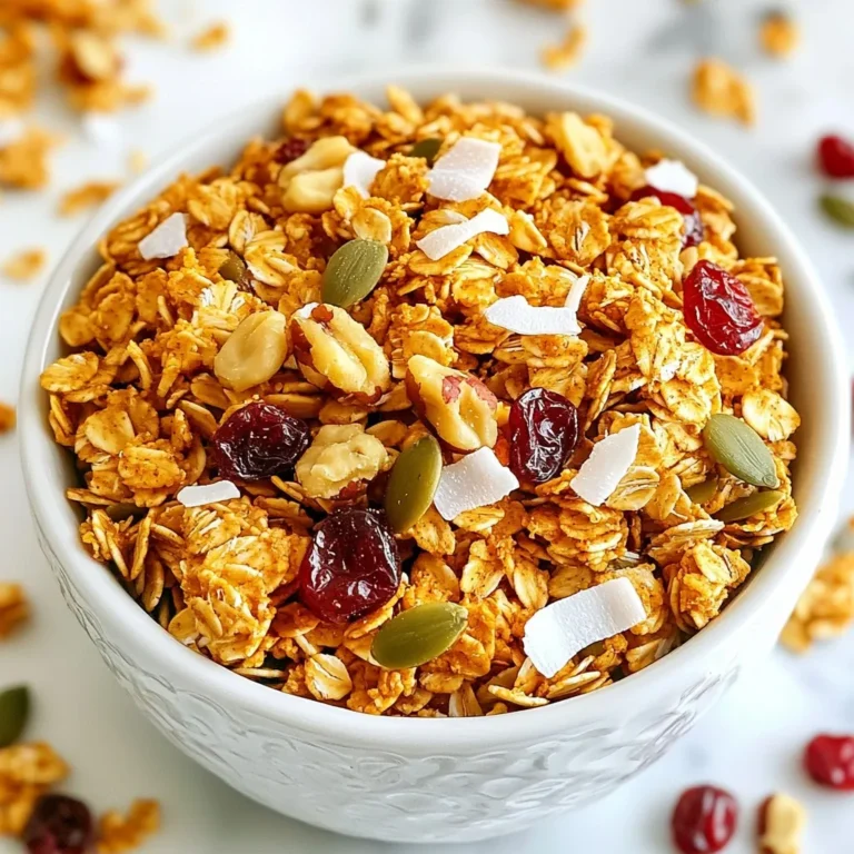 - 2 cups rolled oats - 1 cup nuts (walnuts or pecans), chopped - 1/2 cup pumpkin seeds (pepitas) - 1/2 cup unsweetened shredded coconut - 1/2 cup maple syrup - 1/4 cup coconut oil, melted - 1 teaspoon vanilla extract - 1 tablespoon pumpkin pie spice - 1/2 teaspoon salt - 1/2 cup dried cranberries or raisins Gather these ingredients to make your pumpkin spice granola. Each one adds a special touch. Rolled oats form the base and give a hearty texture. Nuts bring crunch and healthy fats. Pumpkin seeds add protein and a nutty flavor. Unsweetened shredded coconut gives a sweet note without extra sugar. Maple syrup acts as a natural sweetener and binds the mix. Coconut oil, melted, helps with crispiness. Vanilla extract adds warmth to the flavor. Pumpkin pie spice brings that cozy taste of fall. A bit of salt balances the sweetness. Finally, dried cranberries or raisins add chewy bites and extra flavor. With these ingredients, you can create a snack that is not only tasty but also healthy. Enjoy knowing you have all you need to make this delightful treat! {{ingredient_image_1}} First, set your oven to 300°F (150°C). This temperature helps the granola bake evenly. Next, grab a baking sheet and line it with parchment paper. The paper keeps the granola from sticking. It also makes cleanup a breeze. In a large bowl, add 2 cups of rolled oats. Then, chop your choice of nuts, either walnuts or pecans, and add 1 cup to the bowl. Next, toss in 1/2 cup of pumpkin seeds and 1/2 cup of unsweetened shredded coconut. For flavor, include 1 tablespoon of pumpkin pie spice and 1/2 teaspoon of salt. Mix these dry ingredients well. Make sure everything is evenly combined. The mix should smell amazing! In another bowl, combine 1/4 cup of melted coconut oil, 1/2 cup of maple syrup, and 1 teaspoon of vanilla extract. Whisk these until smooth. This wet mix will bring flavors together. Pour it over your dry ingredients and stir well. Ensure every piece is coated. This is key for tasty granola. Once mixed, spread the granola on the baking sheet. Press it down slightly to make it compact. This helps it clump up nicely while baking. To get your granola nice and crisp, spread it evenly on the baking sheet. Press it down gently for a compact layer. This helps it bake evenly. Stir the granola halfway through baking to help it brown all over. Keep an eye on it during the last few minutes. You want it golden brown, not burnt. Let it cool completely on the sheet. It will become crisp as it cools. You can easily swap out nuts in this recipe. Try almonds or hazelnuts if you like. For the seeds, sunflower seeds work well too. If you don’t have coconut oil, use olive oil or butter instead. You can also replace maple syrup with honey or agave syrup. For a different taste, use cinnamon instead of pumpkin pie spice. Dried fruits like apricots or figs are great if you want something new. To keep your granola fresh, store it in an airtight container. A glass jar or a zip-top bag works well. Keep it in a cool, dry place. This will help it stay crunchy. For longer storage, you can freeze it. Just be sure to label it with the date. It can last up to two weeks at room temperature and up to three months in the freezer. Pro Tips Use Fresh Spices: For the best flavor, use freshly ground pumpkin pie spice or toast whole spices before grinding them. Experiment with Nuts: Feel free to swap in different nuts or seeds based on your preference, such as almonds or sunflower seeds. Watch the Baking Time: Keep an eye on the granola as it bakes; it can go from golden to burnt quickly. Stir halfway for even toasting. Customize Your Sweetness: Adjust the amount of maple syrup to suit your taste, or substitute with honey or agave nectar for a different flavor profile. {{image_2}} You can change up your pumpkin spice granola with seasonal flavors. Try adding dried apples or pears in the fall. In winter, consider mixing in some dark chocolate chunks. Fresh berries work well in spring and summer. You can also boost the flavor with spices like cinnamon or nutmeg. These small changes keep your granola fun and fresh. To make this granola gluten-free, use certified gluten-free oats. For a nut-free version, just skip the nuts. You can replace them with sunflower seeds or extra pumpkin seeds. This way, everyone can enjoy your healthy snack without worry. Enjoy your pumpkin spice granola in many ways. Serve it with yogurt for breakfast. You can also sprinkle it on oatmeal or smoothie bowls. For a sweet treat, mix it with milk or a dairy-free alternative. Pairing it with fresh fruit adds color and flavor. This granola is also great on its own as a quick snack. Pumpkin spice granola is more than just tasty; it offers health perks too. The oats provide fiber, which is great for digestion. Nuts add protein and healthy fats, helping you feel full. Pumpkin seeds are packed with magnesium and zinc, which support your immune system. Dried fruits like cranberries add antioxidants, which are good for your body. Overall, this granola is a smart choice for a snack or breakfast. Each serving of pumpkin spice granola is around 200 calories. This includes the following breakdown: - Rolled oats: 150 calories - Nuts: 100 calories - Pumpkin seeds: 70 calories - Coconut: 50 calories - Maple syrup: 50 calories - Coconut oil: 120 calories - Cranberries: 30 calories This granola offers a mix of energy and nutrients. It’s filling without being too heavy. Homemade pumpkin spice granola beats store-bought options in many ways. First, you control the ingredients. You can avoid added sugars and unhealthy fats. Homemade granola is fresher and tastes better too. Store-bought versions often have preservatives. Plus, making your own is fun and simple. You can customize flavors to fit your taste. Overall, homemade is healthier and tastier! Yes, you can swap out pumpkin pie spice. Try cinnamon, nutmeg, or ginger. Each spice brings its own flavor. Using a mix of spices can create a unique taste. Experiment with what you have at home! Store your granola in an airtight container. This keeps it fresh and crunchy. A cool, dry place works best. It can last up to two weeks. If you want it to last longer, try freezing it. If your granola is soggy, you can re-bake it. Spread it on a baking sheet. Bake at 300°F (150°C) for about 10 minutes. This should help restore crispness. Keep an eye on it to avoid burning. Yes, pumpkin spice granola is great for both! Enjoy it with yogurt or milk for breakfast. You can also snack on it plain or with fruit. Its flavor suits any time of day! This blog post explored making tasty pumpkin spice granola. We listed all the key ingredients and provided clear steps to prepare it. Tips and tricks helped you achieve the right crunch and freshness. I shared fun variations to keep the recipe exciting. Lastly, we discussed the health benefits and answered common questions. Now you can enjoy this great snack. It's easy to make and full of flavor. Try it out and enjoy your homemade granola!