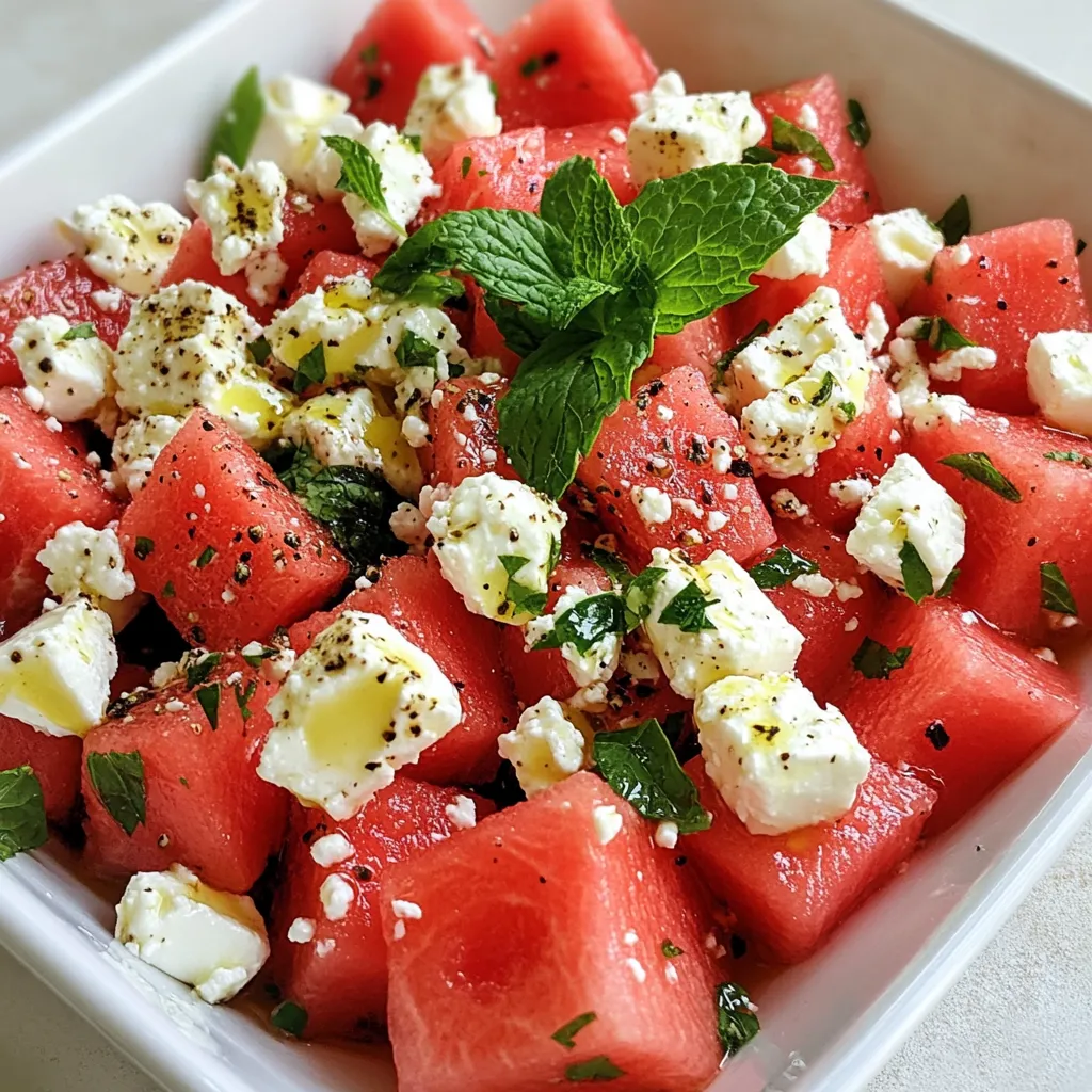 - 4 cups watermelon, cubed - 1 cup feta cheese, crumbled - 1/4 cup fresh mint leaves, chopped The main ingredients make this salad shine. Watermelon brings sweetness and juiciness. Feta cheese adds a salty, creamy touch. Fresh mint gives a cool, herbal note. Together, they create a bright flavor balance. - 2 tablespoons olive oil - 1 tablespoon balsamic vinegar - Salt and pepper to taste These extra ingredients help tie everything together. Olive oil adds richness. Balsamic vinegar offers a tangy kick. Salt and pepper enhance all the flavors. Seasoning lets each bite pop. - Fresh mint sprigs Garnishing is fun! Fresh mint sprigs on top make the dish look pretty. They also add a fresh aroma. This small step makes a big difference in presentation. {{ingredient_image_1}} Start by cutting the watermelon into cubes. Use a sharp knife for clean cuts. Aim for 1-inch pieces for even bites. Place the cubes in a large mixing bowl. This watermelon forms the base of your salad. Next, crumble the feta cheese over the watermelon. Spread it evenly to get that tangy flavor in every bite. Then, add the chopped mint leaves. This fresh herb gives the salad a bright taste. In a small bowl, whisk together the olive oil and balsamic vinegar. This dressing brings your salad to life. Add a pinch of salt and pepper to enhance the flavor. Mix until it’s well combined and smooth. Now, drizzle the dressing over the watermelon, feta, and mint. Gently toss the ingredients together. Be careful not to break the feta. Taste the salad and adjust the salt or pepper if needed. Transfer the salad to a serving platter. Garnish with fresh mint sprigs for a colorful touch. Enjoy your refreshing salad! To pick ripe and sweet watermelons, look for these signs: - The skin should have a smooth, shiny surface. - Check for a yellow spot on one side, which shows ripeness. - A heavier watermelon usually means more juice inside. When you tap the watermelon, listen for a deep sound. This means it’s full of water. Avoid watermelons with dents or soft spots, as they may be overripe or damaged. Feta cheese adds a salty taste to the salad. You can try different types of feta for a new twist: - Greek feta has a rich flavor and crumbly texture. - Aged feta is firmer and has a stronger taste. - Goat feta is creamier and milder. Feel free to mix and match. Each type can change the salad's taste and texture. Keep your salad fresh by storing it properly. Here are some tips: - Place any leftover salad in an airtight container. - Store the salad in the fridge for up to two days. - If the salad becomes watery, drain excess liquid before serving. Keep in mind that watermelon can lose its crunch over time. It’s best to enjoy this salad fresh! Pro Tips Choose Ripe Watermelon: Select a watermelon that feels heavy for its size and has a uniform shape. A yellow spot on its skin indicates it has ripened on the ground and usually means it's sweeter. Feta Cheese Freshness: Use fresh feta cheese for the best flavor. If possible, look for feta packed in brine, as it stays fresher longer and retains its creamy texture. Mint Handling: Gently bruise the mint leaves before adding them to release more essential oils, enhancing the salad's aroma and flavor. Chill Before Serving: Let the salad chill in the refrigerator for about 30 minutes before serving. This allows the flavors to meld together beautifully. {{image_2}} You can make this salad even better by adding cucumber or red onion. Cucumber adds a cool crunch. Slice it thin and toss it in with the watermelon. Red onion gives a sharp taste. Use just a little, as it can be strong. Both options are simple but add great flavor. You can change up the dressing easily. Instead of balsamic vinegar, try fresh lemon juice. It adds a bright kick. You can also use different oils. Avocado oil or nut oil works well. Just remember to balance the flavors! This salad pairs well with grilled meats. Serve it alongside chicken or fish for a light meal. It also shines at picnics. Pack it in a container to take along. The fresh flavors make it a hit at any gathering! To keep your watermelon feta mint salad fresh, store it in the fridge. Place the salad in a sealed container. This helps to keep moisture in and air out. If you have extra dressing, store it separately. This prevents the salad from getting soggy. When you are ready to eat, just drizzle the dressing on top. Give it a gentle toss and enjoy! Your salad will stay fresh for about three days when stored properly. After that, the watermelon may start to lose its crunch. The feta cheese will soften, and the mint may wilt. Always check the salad for any odd smells before eating. If it looks or smells off, it’s best to toss it. I do not recommend freezing this salad. The watermelon has high water content. Freezing it will change its texture. When thawed, it may become mushy and less appealing. Instead, enjoy this salad fresh. It tastes best when made and eaten right away! Yes, you can prepare this salad in advance. To do this, follow these tips: - Prep the watermelon: Cut it into cubes and store it in an airtight container in the fridge. - Add ingredients separately: Keep the feta and mint aside. Add them just before serving to keep everything fresh. - Make the dressing: Whisk the olive oil and balsamic vinegar in a small bowl. Store it in a jar in the fridge. Add it right before serving. - Mix before serving: Toss everything together just before you want to eat. This keeps the salad crisp and tasty. Yes, this salad is gluten-free. All the ingredients are naturally free of gluten. Here’s a quick breakdown: - Watermelon: Pure fruit, no gluten. - Feta cheese: Typically gluten-free, but check the label to be sure. - Mint: Fresh herbs, also gluten-free. - Olive oil and balsamic vinegar: Both are gluten-free. This salad suits those with gluten sensitivities or celiac disease. You can easily make this salad vegan. Here are some ideas: - Substitute feta: Use plant-based feta cheese or crumble tofu for a similar texture. - Check dressing: Ensure that the balsamic vinegar is vegan. Most are, but some may have additives. - Add extra veggies: Toss in cucumbers or bell peppers for more flavor and crunch. These changes will keep the salad delicious and plant-based. Watermelon Feta Mint Salad offers a bright mix of fresh flavors. We discussed key ingredients like ripe watermelon and feta cheese. I shared tips on selecting the best watermelon and making simple dressings. You learned how to store leftovers and serve this salad in various ways. Enjoy this salad at your next meal or picnic! It's easy to make, healthy, and tasty. Try the variations I suggested to customize it to your taste.