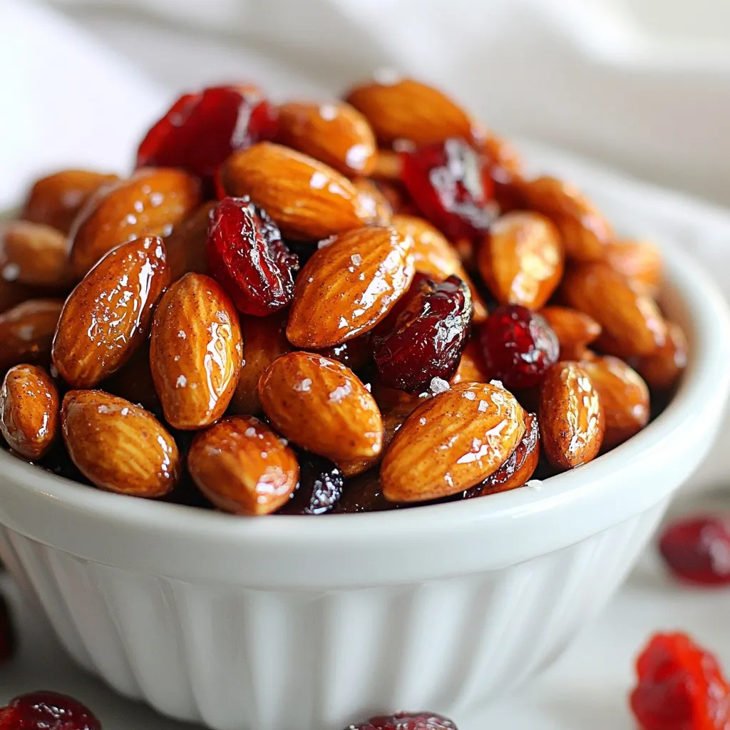 To make Maple Cinnamon Roasted Almonds, you need simple yet tasty ingredients. Here’s what you’ll need: - 2 cups raw almonds - 1/4 cup pure maple syrup - 1 tablespoon ground cinnamon - 1/2 teaspoon salt - 1 tablespoon coconut oil (melted) - 1/4 teaspoon vanilla extract - Optional: 1/2 cup dried cranberries or raisins for garnish Each ingredient plays a key role in the flavor and texture. The raw almonds provide a crunchy base. The maple syrup adds sweetness and a lovely glaze. Ground cinnamon brings warmth and spice. Salt enhances all the flavors. Melted coconut oil helps the mixture stick, giving the almonds a nice shine. Vanilla extract offers a subtle depth. If you want, toss in dried cranberries or raisins for extra sweetness and color. Gather these ingredients, and you’re ready to create a delicious snack! {{ingredient_image_1}} First, set your oven to 350°F (175°C). This is the perfect temperature for roasting. While the oven heats, grab a baking sheet and line it with parchment paper. This makes cleanup easy. In a mixing bowl, combine 1/4 cup of pure maple syrup, 1 tablespoon of melted coconut oil, 1 tablespoon of ground cinnamon, 1/2 teaspoon of salt, and 1/4 teaspoon of vanilla extract. Whisk these ingredients together until they blend well. The mixture should smell sweet and warm. Add 2 cups of raw almonds to the bowl with the maple mixture. Stir well to coat each almond evenly. Make sure every almond gets a nice layer of the sweet mix. Then, spread the coated almonds onto your lined baking sheet in a single layer. This helps them roast evenly. Place the baking sheet in the preheated oven. Roast the almonds for 12 to 15 minutes. Stir them halfway through to ensure they brown nicely. Keep an eye on them. They can burn quickly if you’re not careful. You want them golden brown and fragrant. Once they are done, take the baking sheet out of the oven. Let the almonds cool on the sheet. As they cool, they will become crunchier and more delicious. If you want to add a fun twist, mix in 1/2 cup of dried cranberries or raisins once the almonds are cool. This adds a burst of flavor and sweetness. Enjoy your tasty snack! To get the best roast, set your oven to 350°F (175°C). This heat helps the almonds cook evenly. Spread the almonds on the baking sheet in a single layer. Stir them halfway through cooking. This ensures they roast well on all sides. Watch the almonds closely in the oven. They can burn fast if you lose focus. Check them around the 10-minute mark. If they start to darken too fast, take them out. Let them cool on the baking sheet. They will get crunchier as they cool down. To make more, just double the recipe. Use 4 cups of raw almonds and adjust the syrup and spices. Keep the same oven temperature and time. Just make sure you have a big enough baking sheet for all the almonds. If you’re out of maple syrup, use honey. It adds a nice sweetness too. You can swap coconut oil with olive oil if needed. For a different taste, add nutmeg or ginger with the cinnamon. This gives a fun twist to the flavor. Pro Tips Monitor Closely: Keep an eye on the almonds while roasting to prevent burning. Ovens can vary in temperature, and a minute can make a difference. Use Fresh Spices: Ensure your cinnamon is fresh for the best flavor. Old spices can lose their potency and affect the taste of your almonds. Experiment with Flavors: Feel free to add other spices like nutmeg or cayenne for a unique twist. Personalize the recipe to suit your taste preferences! Storage Tips: Store the cooled almonds in an airtight container to maintain their crunch. They can last for up to two weeks at room temperature. {{image_2}} You can change the taste of your maple cinnamon roasted almonds easily. Try adding spices like nutmeg or ginger to the mix. Nutmeg adds warmth, while ginger gives a nice zing. Both spices pair well with maple and cinnamon. You could also swap maple syrup for honey. Honey brings a different sweetness that can be delicious, too. If you want to switch up the nuts, you have options! Cashews, pecans, or walnuts work great in this recipe. Each nut has a unique taste and texture. Cashews are creamy, pecans are rich, and walnuts add a slight bitterness. Feel free to mix and match to find your favorite blend. You can adjust the sweetness to suit your taste. If you want less sugar, try using less maple syrup. You can also use sugar alternatives like stevia or agave. These options help you enjoy the snack without too much sweetness. Experiment to find what makes you happy! Store your maple cinnamon roasted almonds in an airtight container. This helps keep them fresh. Choose a cool, dry place away from sunlight. A pantry shelf works great. Avoid storing them in the fridge, as moisture can spoil their crunch. When stored properly, these almonds can last up to two weeks. If you want them to last longer, consider freezing them. Frozen almonds stay fresh for up to six months. Just pull them out when you need a tasty snack. To keep your almonds crunchy, avoid humidity. If you live in a humid area, make sure your container is sealed tightly. You can also add a small packet of silica gel to absorb moisture. This will help maintain their crispiness for longer. Maple Cinnamon Roasted Almonds can last up to two weeks when stored properly. Keep them in an airtight container. This will help them stay fresh and crunchy. If you want them to last longer, you can store them in the fridge. They may last up to a month that way. Yes, you can use roasted almonds. However, the flavor may change slightly. Roasted almonds are already cooked, so they may not absorb the maple and cinnamon as well. If you prefer a crunchier texture, roasted almonds work well too. Almonds are great for your health. They are packed with protein, fiber, and healthy fats. Eating almonds can help lower bad cholesterol. They also have vitamins and minerals, like vitamin E and magnesium. These nutrients support heart health and help keep your skin glowing. Yes, this recipe is already vegan! You use pure maple syrup and coconut oil, both of which are plant-based. This makes it a tasty snack for everyone, even those who follow a vegan diet. To add some heat, try adding cayenne pepper or chili powder. Just a pinch can make a big difference! You can also add a dash of black pepper for a warm kick. Adjust according to your taste for the perfect spicy snack. This blog post reviewed how to make Maple Cinnamon Roasted Almonds. We covered key ingredients, step-by-step instructions, and storage tips. You learned various ways to adjust flavors and make larger batches. Remember to check your almonds while roasting to avoid burning. With these tips, you can enjoy delicious, crunchy snacks at home. I hope you try this recipe and enjoy every bite!