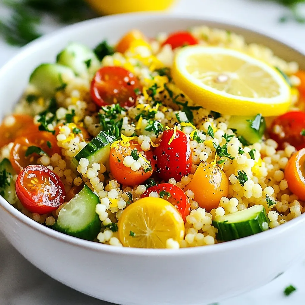 To make Lemon Pepper Couscous, you need some key items. Here’s a quick list: - 1 cup couscous - 1 and 1/4 cups vegetable broth - 2 tablespoons olive oil - Zest of 1 lemon - 2 tablespoons lemon juice - 1 teaspoon freshly cracked black pepper - 1/2 teaspoon sea salt - 1/4 cup fresh parsley, chopped - 1/4 cup cherry tomatoes, halved - 1/4 cup cucumber, diced These ingredients create a bright and fresh dish that is easy to prepare. Choose high-quality couscous for the best taste. I recommend using whole wheat couscous for a nutty flavor. If you want a gluten-free option, look for gluten-free couscous made from corn or rice. Using fresh herbs, like parsley, enhances the flavor. Fresh lemon juice and zest bring out the best in this dish. You can customize this recipe with some fun add-ins. Try adding: - Feta cheese for creaminess - Olives for a salty kick - Bell peppers for crunch - Avocado for smooth texture - Chickpeas for protein These options can make your Lemon Pepper Couscous even more delicious and filling! {{ingredient_image_1}} To start, grab a medium saucepan. Pour in 1 and 1/4 cups of vegetable broth. Place the pan on medium heat and bring it to a boil. Once it bubbles, take the pan off the heat. Add 1 cup of couscous to the broth. Then, mix in 2 tablespoons of olive oil, the zest of 1 lemon, 2 tablespoons of lemon juice, 1 teaspoon of freshly cracked black pepper, and 1/2 teaspoon of sea salt. Stir everything well to combine. Cover the pot and let it sit for about 5 minutes. This step lets the couscous soak up all the flavors. After the couscous has rested, uncover the saucepan. Use a fork to fluff the couscous gently. This helps separate the grains for a better texture. Next, add 1/4 cup of chopped fresh parsley, 1/4 cup of halved cherry tomatoes, and 1/4 cup of diced cucumber. Stir these fresh ingredients in until they are evenly mixed throughout the couscous. The colors and flavors will brighten your dish. Fluffing is key to a great couscous. Use a fork, not a spoon, to avoid clumping. Start from the edges and work toward the center. This method keeps the grains light and airy. If your couscous feels sticky, add a little olive oil and fluff again. Taste your dish before serving. Adjust the salt and pepper to fit your taste. Serve warm or at room temperature for the best flavor. Enjoy this easy and zesty side that complements many meals! To boost the taste of your lemon pepper couscous, try these tips: - Use fresh lemon juice and zest for a bright flavor. - Add more herbs like basil or mint for depth. - Toast the couscous in olive oil before adding broth. This adds a nutty flavor. - Mix in nuts, like toasted pine nuts or almonds, for crunch. - For spice, add a pinch of red pepper flakes. Using the right tools can make cooking couscous easier: - A medium saucepan to boil the broth. - A fork to fluff the couscous gently. - A measuring cup for precise ingredient amounts. - A sharp knife for chopping veggies. - A cutting board to keep your workspace clean. Avoid these common mistakes to ensure perfect couscous: - Don't skip the resting time after cooking. It helps the grains absorb moisture. - Avoid overcooking the couscous, or it will turn mushy. - Don’t forget to season properly. Taste and adjust salt and pepper as needed. - Avoid using cold broth. Warm broth helps couscous cook evenly. - Don’t skip the fresh herbs; they add brightness to the dish. Pro Tips Use Fresh Ingredients: Fresh parsley, ripe cherry tomatoes, and crisp cucumber enhance the flavor and texture of the dish significantly. Adjust the Seasoning: Don’t hesitate to taste your couscous before serving. Adjust the salt and pepper to suit your preference for a more personalized flavor. Chill for a Refreshing Dish: If you prefer a cold salad, let the couscous cool and refrigerate for 30 minutes before serving to allow the flavors to meld. Experiment with Add-Ins: Feel free to add other vegetables, nuts, or even feta cheese for extra flavor and texture variations! {{image_2}} This version takes your lemon pepper couscous to the next level. You can add vibrant grilled veggies like bell peppers, zucchini, and eggplant. The smoky taste of the grilled veggies blends well with the zesty couscous. To make this dish, grill your choice of vegetables until tender. Then, stir them into the couscous after it’s fluffed. This adds color, flavor, and nutrients to your meal. For a Mediterranean twist, mix in olives, feta cheese, and artichokes. These ingredients give a briny and tangy taste that pairs nicely with lemon. After mixing in the couscous, add chopped olives and crumbled feta. You can also toss in marinated artichokes for an extra layer of flavor. This variation makes the dish heartier and more filling, perfect for a light lunch or dinner. Add protein to make your lemon pepper couscous a complete meal. Grilled chicken, shrimp, or chickpeas work great. If using chicken or shrimp, season and grill them. Cut them into bite-sized pieces and mix them into the couscous. For a vegetarian option, add canned chickpeas for protein and texture. This way, you can enjoy a nutritious and delicious dish that satisfies your hunger. After enjoying your meal, cool the couscous to room temperature. Place it in an airtight container. This keeps it fresh. Store the container in the fridge. Couscous can last in the fridge for up to three days. To reheat couscous, use a microwave or stovetop. If using a microwave, add a splash of water. Cover the dish to keep moisture in. Heat in short bursts, stirring in between. This helps prevent dryness. On the stovetop, add couscous to a pan with a little water. Heat on low, stirring often. You can freeze lemon pepper couscous for later use. First, cool it completely. Then, portion it into freezer-safe bags or containers. Remove as much air as possible before sealing. Label each bag with the date. Couscous can be frozen for up to three months. When ready to eat, thaw it in the fridge overnight. Reheat it as mentioned above. This keeps the flavors bright and fresh. Couscous comes from durum wheat. It is a type of pasta, not a grain. The wheat is ground into flour and formed into tiny granules. When cooked, couscous becomes light and fluffy. It soaks up flavors well, making it great for many dishes. You can enjoy couscous with vegetables, meats, or sauces. Yes, you can use quinoa instead of couscous. Quinoa is a seed, not a grain, but it works well. It has a nutty flavor and a different texture. Quinoa is also gluten-free, making it a good choice for some diets. Just remember, the cooking time may change. Follow the package instructions for best results. Couscous can last about 3 to 5 days in the fridge. Store it in an airtight container to keep it fresh. If you notice any strange smells or changes in texture, it's best to toss it. Always check before eating leftovers, to stay safe. Lemon pepper couscous is simple, tasty, and full of flavor. We explored essential ingredients, cooking steps, and tips to enhance taste. I shared variations, including grilled veggies and protein options. Remember to store leftovers properly and avoid common mistakes. With these insights, you can create a delicious dish every time. Enjoy your cooking journey and impress your friends and family with this easy recipe!