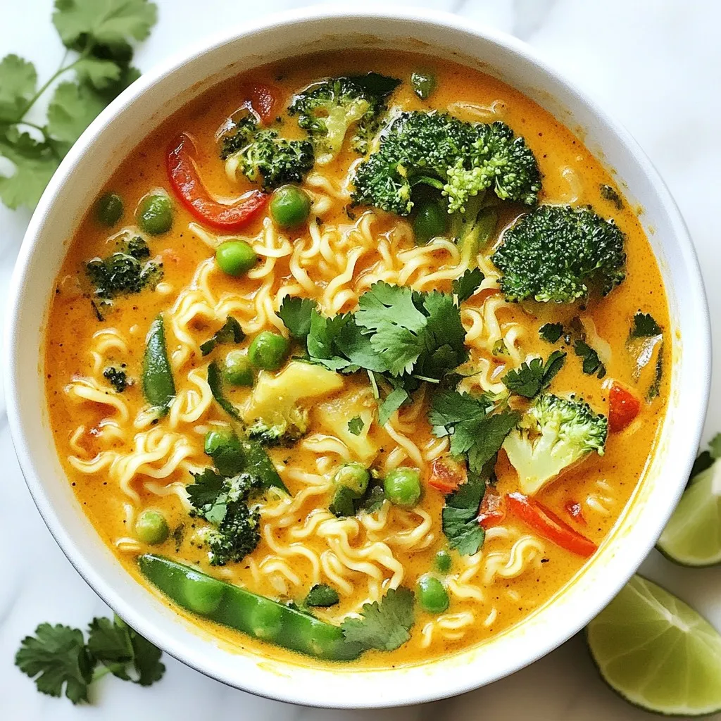 To make Coconut Curry Ramen, you need these key ingredients: - 4 cups vegetable broth - 1 can (14 oz) coconut milk - 2 tablespoons red curry paste - 1 tablespoon soy sauce - 1 tablespoon maple syrup - 200g ramen noodles - 1 cup broccoli florets - 1 cup snap peas - 1 red bell pepper, sliced - 2 green onions, chopped - Fresh cilantro for garnish - Lime wedges for serving - Salt and pepper to taste These ingredients create a rich and creamy broth. The coconut milk adds sweetness. The red curry paste brings heat and depth. Together, they make a flavorful base. You can enhance your ramen with these tasty toppings: - Sliced jalapeños for extra spice - Soft-boiled eggs for a creamy texture - Crushed peanuts for a crunch - Sesame seeds for added flavor These toppings give your dish a personal touch. Feel free to mix and match based on your taste. If you cannot find some ingredients, here are some swaps: - Use chicken broth instead of vegetable broth for a meaty flavor. - Substitute red curry paste with green curry paste if you like. - Swap maple syrup with honey for sweetness. - Use zucchini or bok choy instead of broccoli. These substitutions work well without changing the dish’s essence. They help you make Coconut Curry Ramen with what you have at home. {{ingredient_image_1}} Start by taking a large pot. Pour in 4 cups of vegetable broth. Heat it over medium heat until it simmers. This step wakes up the flavors. Next, you will whisk in one can of coconut milk. Add 2 tablespoons of red curry paste for spice. Then, mix in 1 tablespoon of soy sauce. Finally, add 1 tablespoon of maple syrup for a hint of sweetness. Let this mixture simmer for about 5 minutes. It helps the flavors blend well together. Now, it’s time for the ramen noodles. Add the 200 grams of noodles into the pot. Follow the package instructions for cooking time. Usually, this takes about 3 to 4 minutes. Stir the noodles gently. This helps them cook evenly. During the last minute of cooking, it’s time to add veggies. Toss in 1 cup of broccoli florets and 1 cup of snap peas. Next, add the sliced red bell pepper. These colorful veggies bring life to your ramen. Taste the broth and add salt and pepper to your liking. Once everything is tender, remove the pot from heat. Ladle the ramen into bowls. Top each bowl with chopped green onions and fresh cilantro. Serve immediately and add lime wedges on the side for a fresh squeeze. Enjoy your delicious coconut curry ramen! To get the best coconut curry flavor, use fresh ingredients. Start with a good vegetable broth. This builds a tasty base. The red curry paste adds heat and depth. Whisk it well with coconut milk. The sweetness from maple syrup balances the spice. Taste as you go. Adjust salt and pepper as needed. This helps you find your perfect mix. Cooking the noodles just right is key. Follow the package instructions closely. Ramen noodles usually cook for about 3-4 minutes. Add them to the broth and stir gently. This keeps them from clumping together. Don’t overcook! You want them tender but not mushy. A good noodle texture makes your ramen fun to eat. Serve your coconut curry ramen hot. Use deep bowls to show off those colorful veggies. Top each bowl with green onions and fresh cilantro. These add a nice crunch and flavor. Don't forget lime wedges on the side! A splash of lime juice brightens the dish. Enjoy your meal with a smile! Pro Tips Fresh Ingredients: Use fresh vegetables for the best flavor and texture. This will enhance the vibrancy of your dish. Adjust Spice Level: If you prefer a spicier ramen, add more red curry paste or a dash of chili flakes to the broth. Garnish Wisely: Fresh herbs like cilantro and green onions not only add flavor but also a beautiful presentation. Don’t skip them! Leftover Broth: Store any leftover broth in an airtight container in the fridge. It can be used for soups or stews later. {{image_2}} You can easily make this ramen vegetarian or vegan. The base of vegetable broth and coconut milk is already plant-based. For more flavor, use a rich vegetable broth. You can add mushrooms for a meaty texture or extra greens like spinach. Swap the maple syrup for agave syrup if you prefer. If you want to add protein, tofu works great. Cut it into cubes and pan-fry until golden. Chicken is another tasty option. Cook the chicken before adding it to the broth. For shrimp lovers, add peeled shrimp during the last few minutes of cooking. This way, they stay juicy and tender. You can control the spice in your ramen by adjusting the red curry paste. If you like it mild, use less paste. For more heat, add chili flakes or fresh sliced chili. You can also enhance flavors with lime juice or more soy sauce. Tasting as you go helps you find the perfect balance. To store leftover coconut curry ramen, let it cool first. Use an airtight container to keep it fresh. Place the ramen in the fridge. It will stay good for about 3 days. If you plan to eat it later, store the broth and noodles separately. This keeps the noodles from getting soggy. When reheating, use a pot on medium heat. Add a splash of water or broth to keep it moist. Stir gently to combine. Heat until warm, about 5 minutes. You can also use the microwave. Place the ramen in a bowl and cover it. Heat in 30-second intervals, stirring each time, until hot. You can freeze coconut curry ramen, but keep the noodles out. The noodles can become mushy when frozen. Instead, freeze the broth and veggies together. Use a freezer-safe container, leaving some space for expansion. It can last for up to 2 months. When ready to eat, thaw it overnight in the fridge. Cook fresh noodles separately and combine them when serving. Coconut curry ramen is a warm and rich noodle soup. It uses coconut milk and red curry paste for flavor. This dish blends Asian and Thai tastes. You enjoy a creamy broth with fresh veggies and noodles. It’s easy to make and very satisfying. To make this dish gluten-free, use gluten-free ramen noodles. You can find these in many stores. Also, swap soy sauce with tamari, which is gluten-free. This way, you keep the great taste without gluten. Yes, you can use many types of broth. Vegetable broth works well and keeps it light. Chicken broth adds more depth to the flavor. Just choose a broth that matches your taste. You can even use homemade broth for a personal touch. Coconut curry ramen is a simple and tasty dish. We covered the main ingredients, step-by-step cooking, and helpful tips. You learned how to customize it with different toppings and spice levels. Storage tips ensure your leftovers stay fresh and flavorful. Enjoy your cooking journey and have fun with this recipe. Creating your coconut curry ramen lets you explore flavors and makes meal time exciting. Dive into flavors and let your creativity shine in the kitchen!