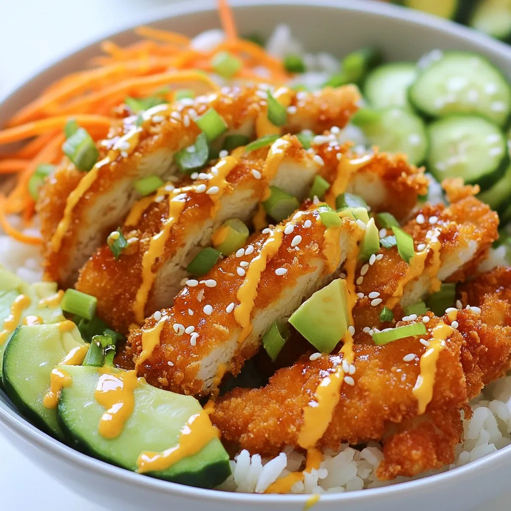 - 2 boneless, skinless chicken breasts - 1 cup cornstarch - 2 eggs, beaten - 1 cup panko breadcrumbs - 1 teaspoon garlic powder - 1 teaspoon onion powder - Salt and pepper to taste - Vegetable oil for frying - 2 cups cooked jasmine rice - 1 cup shredded carrots - 1 cup sliced cucumbers - 1 avocado, sliced - ¼ cup green onions, chopped - Sesame seeds for garnish To make Bang Bang Chicken Bowls, chicken is the star. Use boneless, skinless breasts for best results. You can slice these into strips. This helps them cook evenly. The breading adds crunch and flavor. Cornstarch helps the egg and breadcrumbs stick well. Panko breadcrumbs give a nice crispy texture. Adding fresh veggies makes the dish bright and colorful. Shredded carrots and cucumbers provide crunch. Sliced avocado adds creaminess. Green onions and sesame seeds on top make it look fancy. - ½ cup mayonnaise - 3 tablespoons sweet chili sauce - 1 teaspoon sriracha (adjust for spice level) The Bang Bang sauce is key to this dish. It combines mayonnaise, sweet chili sauce, and sriracha. This sauce brings heat and sweetness. Adjust the sriracha if you want more or less spice. - Alternative proteins: Use tofu or shrimp if you prefer. - Gluten-free options: Replace panko with gluten-free breadcrumbs. If you want a different protein, try shrimp or tofu instead of chicken. Both work well and taste great. For gluten-free needs, swap panko for gluten-free breadcrumbs. This keeps the meal tasty while fitting your diet. {{ingredient_image_1}} Slice each chicken breast into strips about 1 inch wide. I like to use a sharp knife for clean cuts. Season the strips with salt and pepper to enhance their flavor. Make sure to coat all sides evenly. Set up your breading station with three bowls. The first bowl holds cornstarch. The second bowl contains beaten eggs. The last bowl has panko breadcrumbs mixed with garlic powder, onion powder, salt, and pepper. This setup makes the breading easy and fun. Heat about ½ inch of vegetable oil in a skillet over medium-high heat. Once the oil is hot, carefully place the breaded chicken strips in the skillet. Do this in batches if needed. Fry each side for 4-5 minutes until golden brown. The chicken should be fully cooked. Remove the strips and drain them on paper towels. In a small bowl, whisk together the mayonnaise, sweet chili sauce, and sriracha. You can adjust the sriracha to control the spice level. Mix until smooth. This sauce adds a creamy and spicy kick to your bowls. Start with a base of warm jasmine rice in each bowl. Add the fried chicken strips on top. Then, layer shredded carrots, sliced cucumbers, and avocado. Drizzle the bang bang sauce generously over everything. Finally, sprinkle chopped green onions and sesame seeds for a nice finish. To ensure crispy chicken, follow these steps: - Use cornstarch as the first coating. This helps create a crunch. - Heat the oil to medium-high, around 350°F (175°C). Hot oil cooks the chicken fast. - Do not overcrowd the pan. Fry in batches for even cooking. - Fry each side for 4-5 minutes until golden and crispy. - Drain on paper towels to remove excess oil. This keeps the chicken crispy. You can adjust the spice level of your bang bang sauce easily: - Start with 1 teaspoon of sriracha. This adds a mild kick. - Taste the sauce and add more sriracha if you like heat. - Mix sweet chili sauce and mayonnaise first. This balances the flavors. - For a sweeter sauce, add more sweet chili sauce. - For a spicier sauce, increase the sriracha gradually. Preparing ingredients ahead of time makes cooking easier: - Slice the chicken and store it in the fridge. This saves time. - Prepare the veggies, like carrots and cucumbers, and keep them fresh. - You can mix the bang bang sauce a day in advance. - Cook the rice and store it in the fridge. Reheat it when ready to serve. - Keep everything organized for quick assembly when you’re hungry. Pro Tips Tip Title: Use a Meat Thermometer: Ensure your chicken is cooked thoroughly by checking that the internal temperature reaches 165°F (75°C) for optimal safety and juiciness. Tip Title: Perfectly Crispy Coating: For an extra crispy coating, double-dip your chicken strips by repeating the egg and breadcrumb process before frying. Tip Title: Spice Adjustment: If you prefer a milder sauce, start with less sriracha and gradually add more until you reach your desired heat level. Tip Title: Fresh Ingredients: Use fresh vegetables and ripe avocado for the best flavor and texture in your Bang Bang Chicken Bowls. {{image_2}} You can make Bang Bang Chicken Bowls vegetarian by using plant-based proteins. Tofu is a great choice. Press it to remove extra water, then cut it into strips. Coat the tofu in the same cornstarch, egg, and panko mix. Fry it until golden and crispy. You can also try tempeh or seitan for a different texture. These options keep the meal fun and flavorful. If you want a twist, try different sauces. A peanut sauce adds a nutty flavor. Simply mix peanut butter, soy sauce, and a bit of lime juice. For a zesty kick, use a lemon-garlic sauce. Combine lemon juice, olive oil, and minced garlic. You can also make it spicy with a spicy mayo. Just mix mayonnaise with hot sauce for a creamy heat. Bang Bang Chicken Bowls are great on their own, but you can enhance them. Serve with a fresh salad on the side. A simple cucumber and tomato salad complements the meal well. You can also add a side of steamed broccoli or snap peas for extra crunch. For a fun twist, try serving with crispy wonton chips for added texture. To store leftovers, let the chicken cool. Place it in an airtight container. Add the rice and veggies in separate containers. This helps keep everything fresh. Store in the fridge for up to three days. When reheating, I recommend using an oven. Preheat the oven to 375°F. Place the chicken on a baking sheet. Heat for about 10-15 minutes. This keeps the chicken crispy. You can also microwave, but it may get soggy. You can freeze the chicken and rice. For freezing, wrap the chicken in plastic wrap. Place the wrapped chicken in a freezer bag. Store for up to three months. Cooked rice can also freeze well. Just place it in a freezer bag and remove as much air as you can. Bang Bang Chicken is a fun dish with crispy chicken strips and a creamy sauce. The name comes from the mix of textures and flavors. It combines fried chicken with a spicy-sweet sauce, making it a favorite for many. This dish is often served in bowls with rice and veggies. It’s quick to make and filled with flavor, perfect for any meal. Yes, you can make Bang Bang Chicken gluten-free. Use gluten-free breadcrumbs instead of panko. For the sauce, ensure your sweet chili sauce is gluten-free. You can also swap cornstarch for a gluten-free flour blend to bread the chicken. These simple changes keep the dish tasty without gluten. You can easily adjust the spice level to fit your taste. Start with less sriracha in the sauce. If you want more heat, add a little extra sriracha. You can also add fresh chili slices on top for extra kick. Taste the sauce before using it to find your perfect heat. Many veggies work well with Bang Bang Chicken Bowls. Here are some great options: - Shredded carrots add crunch. - Sliced cucumbers provide freshness. - Avocado gives a creamy texture. - Bell peppers bring sweetness. - Broccoli offers a nice bite. Feel free to mix and match based on what's in season or what you love! In this blog post, we explored Bang Bang Chicken Bowls, starting with key ingredients like chicken, fresh veggies, and the flavorful Bang Bang sauce. I shared step-by-step instructions for making the dish, including tips for frying and customizing your spice level. You can even prepare vegetarian options or try different sauces. Remember, storage and reheating tips help keep your meal fresh. Now, it's time to gather your ingredients, get cooking, and enjoy this tasty dish. Your kitchen adventure awaits!