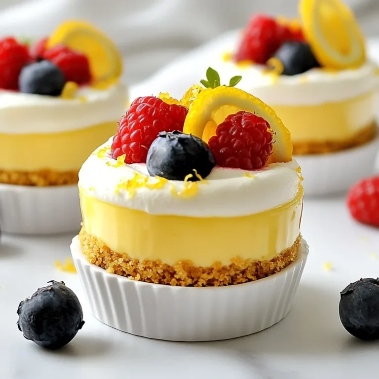 To make No Bake Lemon Cheesecake Cups, you need fresh and simple ingredients. Here’s what you will use: - 8 oz cream cheese, softened - 1 cup powdered sugar - 1/2 cup sour cream - 1/4 cup fresh lemon juice - Zest of 1 lemon - 1 teaspoon vanilla extract - 1 cup heavy whipping cream - 1 cup graham cracker crumbs - 4 tablespoons melted butter - Fresh berries (for garnish) Each ingredient plays a key role. The cream cheese gives your cups a rich and creamy texture. Powdered sugar adds sweetness without graininess. Sour cream adds a nice tang, balancing the lemon's zest. Fresh lemon juice and zest bring bright flavor. Vanilla extract adds warmth. Heavy cream makes the dessert light and fluffy. Graham cracker crumbs mixed with melted butter create the perfect crust. Finally, fresh berries add a pop of color and taste. Using high-quality ingredients makes all the difference. Fresh lemons yield the best flavor. Choose full-fat cream cheese for a richer taste. With these ingredients, you can create a delightful treat that is sure to impress. {{ingredient_image_1}} Start by mixing 8 oz of softened cream cheese with 1 cup of powdered sugar. Use a hand mixer for a smooth blend. Next, add 1/2 cup of sour cream, 1/4 cup of fresh lemon juice, the zest of 1 lemon, and 1 teaspoon of vanilla extract. Blend everything together until it is smooth and creamy. In a separate bowl, pour 1 cup of heavy whipping cream. Use a mixer to whip it until you see stiff peaks. This means the cream holds its shape well. Next, gently fold the whipped cream into the lemon mixture. Be careful not to deflate the whipped cream; you want to keep it light and airy. In a new bowl, mix 1 cup of graham cracker crumbs with 4 tablespoons of melted butter. Stir until the crumbs are well coated. Now, take your serving cups or small jars. Layer the graham cracker mix at the bottom, then add a layer of your lemon cheesecake filling. Repeat the layers until you fill the cups. Finish with a layer of cheesecake on top. Chill the cups in the refrigerator for at least 2 hours to let them set. Before you serve, add fresh berries and a bit of lemon zest on top for a bright finish. To avoid lumps in the cream cheese mixture, make sure your cream cheese is soft. I leave it out at room temperature for about 30 minutes. Then, mix the cream cheese and powdered sugar well. Use a hand mixer for a creamy texture. When folding in whipped cream, use a spatula. Start by adding a small amount to the lemon mixture. Gently stir until combined. Then, add the rest of the whipped cream. This keeps the air in the cream, making your cheesecake light and fluffy. Fresh lemon juice and zest are key to a bright flavor. They give your cheesecake a zesty kick. I always choose organic lemons for the best taste. The zest adds a nice texture, too. For the best results, use quality cream cheese. Brands with high fat content yield creamier results. Avoid low-fat options as they can change the texture. Garnish your cheesecake cups with fresh berries. Strawberries, blueberries, or raspberries work well. A sprinkle of lemon zest on top makes them look even better. These cheesecake cups pair nicely with tea or coffee. The tartness of the lemon balances well with a hot drink. Enjoy them as a light dessert after dinner! Pro Tips Use Room Temperature Cream Cheese: This helps create a smoother filling without lumps and makes it easier to mix with other ingredients. Fresh Lemon Juice is Key: Using fresh lemon juice instead of bottled enhances the flavor and brightness of the cheesecake. Chill for Best Texture: Allowing the cheesecake cups to chill for at least 2 hours ensures they set properly and develop a creamy consistency. Experiment with Garnishes: Fresh berries are great, but consider using mint leaves or edible flowers for a beautiful presentation! {{image_2}} You can switch up the flavors in these cheesecake cups. Instead of lemon, try using lime juice. This gives a nice tart twist that many love. You can also use orange or grapefruit juice for a different flavor. These fruits add freshness and zing. If you want to add a sweet touch, consider chocolate or berry swirls. For chocolate, melt some dark chocolate and swirl it in the cheesecake mix before layering. For berry swirls, mash fresh berries and fold them into the mix. This adds color and flavor to your cups. If you need gluten-free options, you can make simple swaps. Use gluten-free graham crackers for the crust. They taste great and will keep the same texture. For dairy-free alternatives, use vegan cream cheese and coconut cream. These options will still give you a creamy texture. You may also want to use maple syrup instead of powdered sugar for sweetness. This will keep your cheesecake cups light and tasty. To keep your no-bake lemon cheesecake cups fresh, store them in the fridge. Place the cups in an airtight container. This helps prevent them from drying out and losing flavor. The cheesecake cups can last up to 3 days in the refrigerator. Just remember to cover them well. This keeps the taste bright and zesty. If you want to freeze your cheesecake cups, it's easy! First, let them chill in the refrigerator for 2 hours as usual. Once set, cover each cup with plastic wrap. Then, place them in a freezer-safe container. They can stay in the freezer for up to 2 months. When you are ready to enjoy, do not rush the thawing. Move the cups to the fridge for about 4 hours. This helps keep the texture nice and creamy. Enjoy delicious cheesecake treats anytime! Yes, you can use light cream cheese. However, it may change the texture. The cheesecake might be a bit less rich and creamy. Light cream cheese has less fat. This can make the filling thinner. If you want a firmer texture, stick to full-fat cream cheese. These cheesecake cups should not sit out for long. Keep them at room temperature for no more than two hours. After that, bacteria can grow. To stay safe, always serve them cold. If it's a hot day, keep them in a cooler or fridge. Yes! You can make these cups a day ahead. Store them in the fridge until ready to serve. Just cover them well with plastic wrap. This keeps them fresh. If you want to make them even earlier, you can freeze them. Just thaw them in the fridge before serving. Making no-bake cheesecake cups is simple and fun. You learned about the key ingredients, like cream cheese and fresh lemon, to create a tangy filling. I walked you through mixing and whipping, ensuring a light texture. You gained some helpful tips on flavor, presentation, and storage. In the end, these cheesecake cups are perfect for any occasion. Try different flavors and enjoy this easy dessert with friends and family. You'll impress everyone with your tasty treats!