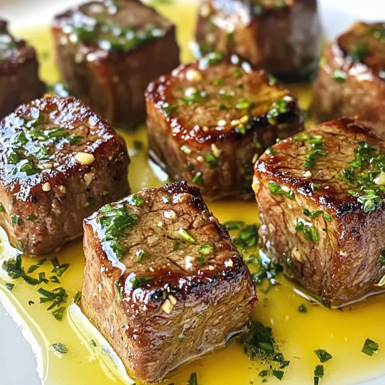 - 1 pound sirloin steak, cut into bite-sized cubes - 4 tablespoons unsalted butter - 4 cloves garlic, minced - 1 teaspoon fresh rosemary, chopped - 1 teaspoon fresh thyme, chopped - Salt and pepper, to taste - 2 tablespoons olive oil - Fresh parsley, chopped (for garnish) To make garlic butter steak bites, you need a few key tools: - A large skillet - A cutting board - A sharp knife - Tongs or a spatula - Paper towels These tools can make your cooking easier: - A meat thermometer for perfect doneness - A garlic press for quick mincing - Measuring spoons for precise seasoning - A serving platter for presentation Gathering these ingredients and tools will set you up for success. Each item plays a role in making this dish easy and fun to prepare. Enjoy the process of cooking as much as the meal itself! {{ingredient_image_1}} First, take 1 pound of sirloin steak. Cut it into bite-sized cubes. Pat the cubes dry using paper towels. This helps the steak sear better. Next, season the steak with salt and pepper. Make sure to coat all sides well. In a large skillet, heat 2 tablespoons of olive oil over medium-high heat. Once hot, add the steak cubes. Lay them in a single layer. Do not overcrowd the pan. Sear each side for about 2-3 minutes. You want them nicely browned. Cook until they reach your desired level of doneness. Then, transfer the steak bites onto a plate. In the same skillet, lower the heat to medium. Add 4 tablespoons of unsalted butter to the pan. Let it melt completely. Once melted, stir in 4 minced garlic cloves. Then, add 1 teaspoon of fresh rosemary and 1 teaspoon of fresh thyme. Cook for 1-2 minutes. Keep stirring until the garlic smells great but does not brown. Now, add the seared steak bites back into the skillet. Toss them in the garlic butter sauce. Make sure each piece is coated well. Cook for an extra minute to heat through. Finally, remove from heat. Garnish with freshly chopped parsley. Serve right away for the best flavor. To get a great sear on your steak bites, start by drying them well. Use paper towels to pat them dry. This step helps the steak get that nice crust. Season the steak with salt and pepper before cooking. Heat your skillet until it is very hot. Add the olive oil and wait until it shimmers. Place the steak in a single layer. Don’t overcrowd the pan; this keeps the heat high. Sear for about 2-3 minutes on each side until browned. If you don’t have sirloin, try using ribeye or tenderloin. Both cuts have great flavor and tenderness. For the butter, you can use ghee or olive oil for a lighter option. If you lack fresh herbs, dried herbs work fine too. Use half the amount if using dried herbs. Garlic powder can replace fresh garlic in a pinch. Remember, fresh ingredients boost taste, but substitutions can still work well. Want to kick up the flavor? Add a splash of Worcestershire sauce while cooking the steak. This sauce gives a savory boost. A pinch of red pepper flakes adds heat without overpowering the dish. For a tangy twist, squeeze fresh lemon juice before serving. You can also mix in a bit of grated Parmesan cheese for a creamy finish. Don’t forget to garnish with fresh parsley; it adds color and freshness! Pro Tips Let the Steak Rest: After cooking, allow your steak bites to rest for a few minutes. This helps retain the juices, making each bite more flavorful and tender. Use a Hot Skillet: Ensure your skillet is hot before adding the steak. A hot pan creates a nice sear and locks in the flavor, resulting in a delicious crust. Fresh Herbs Matter: Whenever possible, use fresh herbs like rosemary and thyme instead of dried. They provide a brighter, more vibrant flavor to your garlic butter sauce. Experiment with Seasoning: Don't be afraid to add extra spices or herbs to the garlic butter. A pinch of red pepper flakes or a splash of balsamic vinegar can elevate the dish even more. {{image_2}} You can add vegetables to your garlic butter steak bites for extra flavor. Try using bell peppers, onions, or mushrooms. They add great taste and color. Chop the veggies into bite-sized pieces. Sauté them in the skillet before cooking the steak. This will let the veggies soak up the garlic butter too. You can also add spinach or asparagus for a fresh touch. You do not have to stick to just a skillet. You can grill the steak bites for a smoky flavor. Preheat your grill and cook the steak bites for 2-3 minutes on each side. You can also use an air fryer. Cook the steak bites in the air fryer at 400°F for about 8 minutes. This method keeps them juicy while adding a nice crisp. Serve your garlic butter steak bites on a bed of rice or mashed potatoes. This will soak up the rich garlic butter sauce. You can also serve them with crusty bread to mop up the sauce. For a light meal, serve with a side salad. Fresh greens will balance the richness of the dish. Don’t forget to sprinkle extra parsley on top for color and flavor! After you enjoy your garlic butter steak bites, store any leftovers right away. Place them in an airtight container. Make sure they cool first to avoid steam buildup. Refrigerate these for up to three days. This keeps the steak tender and tasty. To reheat, I suggest using a skillet. Heat it over medium heat. Add a splash of water or broth to keep the steak moist. Place the steak bites in the skillet. Stir them often for about five minutes until they are warm. This method helps maintain the flavor and texture. You can freeze garlic butter steak bites for up to three months. First, let them cool completely. Then, pack them in a freezer-safe bag or container. Remove as much air as possible. When you’re ready to eat, thaw them in the fridge overnight. Reheat them in the skillet for the best results. To make sure your steak bites are tender, choose the right cut. I recommend sirloin. Cut your steak into cubes that are similar in size. This helps them cook evenly. Always pat the cubes dry before cooking. This step removes moisture for a good sear. Season your meat well with salt and pepper. Searing it quickly on high heat keeps the juices inside. Let the steak rest for a few minutes after cooking. This helps keep it juicy and tender. Yes, you can use other cuts of steak. Ribeye and tenderloin are great options. Both cuts are tender and flavorful. Just remember to adjust cooking times. Thinner cuts may cook faster, while thicker cuts may need more time. Always watch for doneness to fit your taste. You might need to check with a meat thermometer for best results. Aim for 130°F for medium-rare. Garlic butter steak bites work well with many sides. Roasted vegetables add color and crunch. Try serving with mashed potatoes for a comforting dish. A fresh green salad balances the rich flavors of the steak. Rice or quinoa can soak up the garlic butter too. Bread can be a fun choice to dip in the sauce. Choose sides that you love to make the meal your own! In this article, we covered key steps for making garlic butter steak bites. You learned about the main ingredients, cooking tools, and how to prepare the dish. I shared tips for perfecting the sear and offered variations to suit your taste. Remember to store leftovers properly for the best flavor. Making this dish can be fun and rewarding, so try it with your favorite sides. Enjoy the process, and savor each bite!