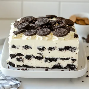 - 2 cups heavy whipping cream - 1/2 cup powdered sugar - 1 teaspoon vanilla extract - 18-20 Oreo cookies, crushed (plus a few extra for garnish) - 1 cup chocolate sandwich cookies, crushed - 1/2 cup cream cheese, softened - 1/4 cup granulated sugar - 1/2 cup milk - Optional: chocolate shavings or sprinkles for garnish To make Cookies and Cream Icebox Cake, gather the ingredients first. You need heavy whipping cream, powdered sugar, and vanilla extract. The Oreo cookies and chocolate sandwich cookies add flavor and texture. Cream cheese gives a nice creaminess, while granulated sugar sweetens the mix. Milk helps blend the cream cheese smoothly. Feel free to use chocolate shavings or sprinkles as optional garnishes. These can add a fun touch to your cake. The ingredients work well together. They create a rich and tasty dessert that is easy to make. When you have all these items, you’re ready to start. This no-bake dessert is perfect for any gathering. It takes little time to prepare but needs some chilling. The longer it sits, the better the flavors meld. Enjoy making this sweet treat! {{ingredient_image_1}} First, grab a large mixing bowl. Pour in the 2 cups of heavy whipping cream. Beat it with an electric mixer on medium speed. Watch it thicken as you mix. After a minute, add 1/2 cup of powdered sugar and 1 teaspoon of vanilla extract. Keep beating until you see stiff peaks form. This might take a few minutes. Once done, set this whipped cream aside. Next, take another bowl. Add 1/2 cup of softened cream cheese and 1/4 cup of granulated sugar. Mix it until it’s smooth and creamy. Now, slowly pour in 1/2 cup of milk. Keep mixing until no lumps are left. This mixture should be nice and creamy. After that, gently fold in one-third of the whipped cream. Mix until it’s well combined. Then, add the rest of the whipped cream, folding it in gently. Layering Cookies Get a 9x13 inch baking dish. Start with the first layer of cookies. Take half of the crushed Oreo cookies and dip them in milk for a few seconds. Place them on the bottom of the dish in a single layer. Spreading the Whipped Cream Mixture Now, spread half of your whipped cream mixture over the cookies. Smooth it out evenly with a spatula. Repeat this process with another layer of dipped cookies. On top of that, spread the remaining whipped cream mixture. To finish, sprinkle the top with the crushed chocolate sandwich cookies and any extra Oreo pieces. Cover your dish with plastic wrap. Refrigerate it for at least 4 hours, or better yet, overnight. This allows all the flavors to blend perfectly. To get stiff peaks in your whipped cream, start with cold tools. Use a chilled bowl and beaters. Pour 2 cups of heavy whipping cream into the bowl. Beat it on medium speed. When it thickens, add 1/2 cup of powdered sugar and 1 teaspoon of vanilla extract. Keep beating until peaks form. The cream should hold its shape. If it looks runny, keep beating a bit longer. Layering is key for a great icebox cake. Begin with dipped cookies. Take 18-20 Oreo cookies and dip them in milk. Don’t soak them too long or they will fall apart. Place half of the cookies in your dish. Next, spread half of the whipped cream mixture evenly over the cookies. Repeat this with another layer of dipped cookies and the rest of the whipped cream. Finish with crushed chocolate sandwich cookies on top. - Using Chocolate Shavings For a rich touch, add chocolate shavings on top. Use a vegetable peeler on a chocolate bar. Scatter the shavings over the cake before serving. This adds a nice look and taste. - Incorporating Sprinkles For fun and color, sprinkle some colorful sprinkles on top. They make the cake pop and look festive. You can use any sprinkles you like, from classic to themed. Pro Tips Use Cold Ingredients: Make sure your heavy cream and cream cheese are chilled before starting. This helps achieve better whipping and a smoother texture. Don't Overmix: When folding the whipped cream into the cream cheese mixture, be gentle to keep the mixture light and airy. Experiment with Flavors: Feel free to add a splash of mint extract or almond extract for a unique twist on traditional cookies and cream flavor. Chill Longer for Best Results: While 4 hours is sufficient, letting the cake chill overnight allows the flavors to meld beautifully and the texture to set perfectly. {{image_2}} You can change up the flavor of your Cookies and Cream Icebox Cake. Try adding different extracts. Almond or mint extracts can add a unique twist. You can also mix in some cocoa powder for a rich chocolate taste. If you want a fruity flavor, fold in crushed strawberries or raspberries. This can add freshness and color to your cake. You don't have to stick with just Oreos. Try using different cookies for a new taste. Chocolate chip cookies work great too. You can also use graham crackers for a lighter feel. For a fun change, use peanut butter cookies for a nutty flavor. Each cookie brings its own charm to the cake. If you need a gluten-free dessert, there are tasty choices. Look for gluten-free sandwich cookies. Many brands offer this option today. Just make sure to check the labels. You can use gluten-free graham crackers as well. They work well in place of regular cookies. You can make this cake dairy-free too. Use coconut cream instead of heavy cream. It whips up nicely and adds a tropical hint. Replace cream cheese with a dairy-free version, like cashew cream. Use almond or oat milk instead of regular milk for a great taste. These swaps make the cake friendly for everyone. To keep your Cookies and Cream Icebox Cake fresh, store it in the fridge. Use an airtight container or cover the dish tightly with plastic wrap. This helps prevent the cake from absorbing other odors in the fridge. If you want to keep it longer, freezing is also an option. In the fridge, your icebox cake will last about 3 to 5 days. The cake may soften a bit over time, but it will still taste great. Just make sure to check for any signs of spoilage before serving. If you notice any changes, it’s best to toss it out. You can freeze this cake for about a month. To freeze, cut the cake into slices. Wrap each slice in plastic wrap, then place them in a freezer bag. This makes it easy to grab a slice whenever you want a treat. When you’re ready to eat, just thaw it in the fridge overnight. Yes, you can use different types of cookies! While Oreos are classic, try chocolate chip or peanut butter cookies. Each cookie adds a unique taste and texture. You can mix and match for fun flavors. Just remember, the cookies should hold up well when dipped in milk. Experiment to find your favorite combo! You know the whipped cream is stiff enough when it holds firm peaks. To check, lift the beaters out of the bowl. If the peaks stand tall without drooping, you’re good to go. Be careful not to overbeat, as it can turn into butter. Keep an eye on it! Refrigerating overnight is best for flavor and texture. It gives the cookies time to soften and soak up the cream. If you're in a hurry, chill for at least four hours. Just remember, longer chilling makes the cake even more delicious! In this blog post, we covered how to make a delicious icebox cake. We explored the key ingredients, like heavy whipping cream and Oreo cookies, and went through each step for making it perfect. I shared tips on achieving stiff peaks and creative garnishes to impress. You can even try different cookie types to customize your cake. Icebox cake is easy, fun, and a real treat. With some practice, you’ll master it. I hope you enjoy making your own icebox cake!