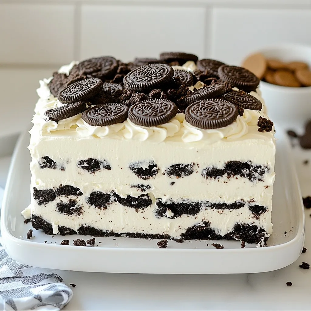- 2 cups heavy whipping cream - 1/2 cup powdered sugar - 1 teaspoon vanilla extract - 18-20 Oreo cookies, crushed (plus a few extra for garnish) - 1 cup chocolate sandwich cookies, crushed - 1/2 cup cream cheese, softened - 1/4 cup granulated sugar - 1/2 cup milk - Optional: chocolate shavings or sprinkles for garnish To make Cookies and Cream Icebox Cake, gather the ingredients first. You need heavy whipping cream, powdered sugar, and vanilla extract. The Oreo cookies and chocolate sandwich cookies add flavor and texture. Cream cheese gives a nice creaminess, while granulated sugar sweetens the mix. Milk helps blend the cream cheese smoothly. Feel free to use chocolate shavings or sprinkles as optional garnishes. These can add a fun touch to your cake. The ingredients work well together. They create a rich and tasty dessert that is easy to make. When you have all these items, you’re ready to start. This no-bake dessert is perfect for any gathering. It takes little time to prepare but needs some chilling. The longer it sits, the better the flavors meld. Enjoy making this sweet treat! {{ingredient_image_1}} First, grab a large mixing bowl. Pour in the 2 cups of heavy whipping cream. Beat it with an electric mixer on medium speed. Watch it thicken as you mix. After a minute, add 1/2 cup of powdered sugar and 1 teaspoon of vanilla extract. Keep beating until you see stiff peaks form. This might take a few minutes. Once done, set this whipped cream aside. Next, take another bowl. Add 1/2 cup of softened cream cheese and 1/4 cup of granulated sugar. Mix it until it’s smooth and creamy. Now, slowly pour in 1/2 cup of milk. Keep mixing until no lumps are left. This mixture should be nice and creamy. After that, gently fold in one-third of the whipped cream. Mix until it’s well combined. Then, add the rest of the whipped cream, folding it in gently. Layering Cookies Get a 9x13 inch baking dish. Start with the first layer of cookies. Take half of the crushed Oreo cookies and dip them in milk for a few seconds. Place them on the bottom of the dish in a single layer. Spreading the Whipped Cream Mixture Now, spread half of your whipped cream mixture over the cookies. Smooth it out evenly with a spatula. Repeat this process with another layer of dipped cookies. On top of that, spread the remaining whipped cream mixture. To finish, sprinkle the top with the crushed chocolate sandwich cookies and any extra Oreo pieces. Cover your dish with plastic wrap. Refrigerate it for at least 4 hours, or better yet, overnight. This allows all the flavors to blend perfectly. To get stiff peaks in your whipped cream, start with cold tools. Use a chilled bowl and beaters. Pour 2 cups of heavy whipping cream into the bowl. Beat it on medium speed. When it thickens, add 1/2 cup of powdered sugar and 1 teaspoon of vanilla extract. Keep beating until peaks form. The cream should hold its shape. If it looks runny, keep beating a bit longer. Layering is key for a great icebox cake. Begin with dipped cookies. Take 18-20 Oreo cookies and dip them in milk. Don’t soak them too long or they will fall apart. Place half of the cookies in your dish. Next, spread half of the whipped cream mixture evenly over the cookies. Repeat this with another layer of dipped cookies and the rest of the whipped cream. Finish with crushed chocolate sandwich cookies on top. - Using Chocolate Shavings For a rich touch, add chocolate shavings on top. Use a vegetable peeler on a chocolate bar. Scatter the shavings over the cake before serving. This adds a nice look and taste. - Incorporating Sprinkles For fun and color, sprinkle some colorful sprinkles on top. They make the cake pop and look festive. You can use any sprinkles you like, from classic to themed. Pro Tips Use Cold Ingredients: Make sure your heavy cream and cream cheese are chilled before starting. This helps achieve better whipping and a smoother texture. Don't Overmix: When folding the whipped cream into the cream cheese mixture, be gentle to keep the mixture light and airy. Experiment with Flavors: Feel free to add a splash of mint extract or almond extract for a unique twist on traditional cookies and cream flavor. Chill Longer for Best Results: While 4 hours is sufficient, letting the cake chill overnight allows the flavors to meld beautifully and the texture to set perfectly. {{image_2}} You can change up the flavor of your Cookies and Cream Icebox Cake. Try adding different extracts. Almond or mint extracts can add a unique twist. You can also mix in some cocoa powder for a rich chocolate taste. If you want a fruity flavor, fold in crushed strawberries or raspberries. This can add freshness and color to your cake. You don't have to stick with just Oreos. Try using different cookies for a new taste. Chocolate chip cookies work great too. You can also use graham crackers for a lighter feel. For a fun change, use peanut butter cookies for a nutty flavor. Each cookie brings its own charm to the cake. If you need a gluten-free dessert, there are tasty choices. Look for gluten-free sandwich cookies. Many brands offer this option today. Just make sure to check the labels. You can use gluten-free graham crackers as well. They work well in place of regular cookies. You can make this cake dairy-free too. Use coconut cream instead of heavy cream. It whips up nicely and adds a tropical hint. Replace cream cheese with a dairy-free version, like cashew cream. Use almond or oat milk instead of regular milk for a great taste. These swaps make the cake friendly for everyone. To keep your Cookies and Cream Icebox Cake fresh, store it in the fridge. Use an airtight container or cover the dish tightly with plastic wrap. This helps prevent the cake from absorbing other odors in the fridge. If you want to keep it longer, freezing is also an option. In the fridge, your icebox cake will last about 3 to 5 days. The cake may soften a bit over time, but it will still taste great. Just make sure to check for any signs of spoilage before serving. If you notice any changes, it’s best to toss it out. You can freeze this cake for about a month. To freeze, cut the cake into slices. Wrap each slice in plastic wrap, then place them in a freezer bag. This makes it easy to grab a slice whenever you want a treat. When you’re ready to eat, just thaw it in the fridge overnight. Yes, you can use different types of cookies! While Oreos are classic, try chocolate chip or peanut butter cookies. Each cookie adds a unique taste and texture. You can mix and match for fun flavors. Just remember, the cookies should hold up well when dipped in milk. Experiment to find your favorite combo! You know the whipped cream is stiff enough when it holds firm peaks. To check, lift the beaters out of the bowl. If the peaks stand tall without drooping, you’re good to go. Be careful not to overbeat, as it can turn into butter. Keep an eye on it! Refrigerating overnight is best for flavor and texture. It gives the cookies time to soften and soak up the cream. If you're in a hurry, chill for at least four hours. Just remember, longer chilling makes the cake even more delicious! In this blog post, we covered how to make a delicious icebox cake. We explored the key ingredients, like heavy whipping cream and Oreo cookies, and went through each step for making it perfect. I shared tips on achieving stiff peaks and creative garnishes to impress. You can even try different cookie types to customize your cake. Icebox cake is easy, fun, and a real treat. With some practice, you’ll master it. I hope you enjoy making your own icebox cake!