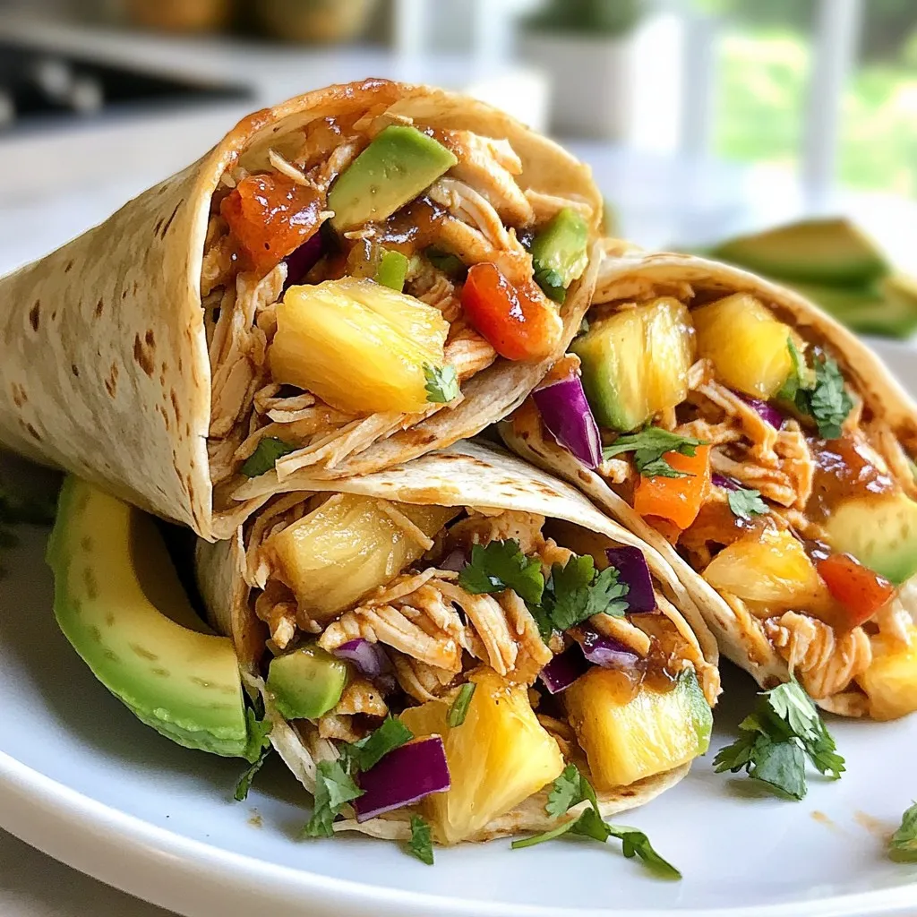 - 2 cups cooked chicken, shredded - ½ cup Hawaiian BBQ sauce - 1 cup fresh pineapple, diced - 1 red bell pepper, thinly sliced - 1 cup shredded carrots - ½ cup red cabbage, finely shredded - 4 large whole wheat or spinach tortillas - ½ cup cilantro, chopped - 1 avocado, sliced - Salt and pepper to taste - Optional: lime wedges for garnish For Hawaiian BBQ chicken wraps, you need fresh, vibrant ingredients. Start with cooked chicken, which should be shredded. This gives the wrap a great texture. The Hawaiian BBQ sauce adds a sweet and tangy flavor. You can make your own or choose a jarred version. Next, pineapple is key! Fresh pineapple, diced small, brings a juicy burst. It pairs well with the chicken. The red bell pepper adds crunch and a pop of color. Slice it thin for easy wrapping. Shredded carrots give sweetness and more crunch. Red cabbage adds a nice touch too. It’s colorful and crunchy. You need whole wheat or spinach tortillas to hold everything together. They are healthy and tasty. Don’t forget the cilantro! It adds a fresh flavor. Sliced avocado is creamy and rich, making the wrap special. Lastly, season with salt and pepper. If you want a zesty kick, add lime wedges to serve. Gather these ingredients, and you’re ready to make a fun, tasty meal that everyone will love! {{ingredient_image_1}} Start by taking your cooked chicken. Shred it into small pieces. In a large bowl, mix the shredded chicken with Hawaiian BBQ sauce. Stir well so each piece of chicken gets coated in the sauce. This step adds a sweet and tangy flavor to your wraps. Next, grab a red bell pepper. Slice it thinly to create nice strips. Then, take your fresh pineapple and dice it into small chunks. In another bowl, mix the diced pineapple, sliced bell pepper, shredded carrots, and finely shredded red cabbage. Add a pinch of salt and pepper to taste. This mix adds crunch and freshness to the wraps. Now it’s time to build your wraps. Lay a tortilla flat on a clean surface. Spoon about half a cup of the BBQ chicken mixture into the center of the tortilla. Top it with a generous amount of the veggie mix. Add a few slices of avocado and a sprinkle of chopped cilantro for extra flavor. To wrap it, fold the bottom of the tortilla over the filling. Then fold in the sides and roll tightly. Repeat this for all the tortillas and filling. If you want some crispiness, grill the wraps. Heat a skillet over medium heat. Place the wraps on the skillet for 2 to 3 minutes on each side. This gives them a nice crunch. Once grilled, slice each wrap in half diagonally. Serve with lime wedges for a zesty touch. Enjoy your tasty Hawaiian BBQ chicken wraps! To make the best wraps, choose soft, large tortillas. Whole wheat or spinach tortillas work great. They hold the filling well and add flavor. When wrapping, be sure to fold the bottom up first. Then tuck in the sides tightly before rolling. This keeps everything inside. If you want a crispy finish, grill the wraps for a few minutes. They will taste even better! Add more flavor with extra toppings. Try adding sliced jalapeños for heat. You can also include cheese like Monterey Jack or feta. Fresh herbs like basil or mint give a nice twist. A squeeze of lime juice brightens the whole dish. Mix and match your favorites for a fun taste! Prep your ingredients ahead for quick meals. You can shred the chicken and mix it with BBQ sauce the night before. Chop the veggies and store them in a sealed container. This way, you can assemble the wraps in no time. If you plan to grill them, do it just before serving for the best taste. Enjoy the ease of a fast meal when you need it! Pro Tips Use Rotisserie Chicken: For a quicker prep time, consider using store-bought rotisserie chicken instead of cooking your own. This saves time and adds great flavor. Customize Your Veggies: Feel free to add or substitute any vegetables you like. Bell peppers, cucumbers, or even jalapeños can add a nice crunch and flavor. Grilling for Extra Flavor: Grilling the wraps not only warms them up but also adds a delicious smoky flavor. Make sure to brush the outside with a little olive oil before grilling. Make Ahead: You can prepare the chicken and vegetable mixtures ahead of time. Just store them separately in the fridge and assemble the wraps when you're ready to eat. {{image_2}} You can switch out chicken for tofu or shrimp. Tofu absorbs flavors well. Use firm tofu for the best texture. Simply cube and sauté it until golden. Toss it in the Hawaiian BBQ sauce, just like with chicken. Shrimp is another great choice. Cook shrimp until pink, then mix with the sauce. Both options give a tasty twist to your wraps. To make a fully vegetarian version, skip the chicken entirely. Load up your wraps with extra veggies. Try adding black beans for protein. They are rich in flavor and nutrients. You can also add sliced cucumbers or zucchini for crunch. This mix keeps the dish fresh and colorful. Don't forget to add a dash of lime juice for zing! Experiment with different BBQ sauces or spices to change the taste. You can try a spicy mango BBQ sauce for a fruity kick. Or go for a smoky chipotle sauce for some heat. Adding spices like cumin or paprika can also boost flavor. Have fun mixing and matching until you find your favorite! To keep your Hawaiian BBQ chicken wraps fresh, store them in the fridge. Wrap each one tightly in plastic wrap or foil. You can also place them in an airtight container. If you have unassembled wraps, store the chicken and veggies in separate containers. This way, the tortillas stay soft and fresh. When it’s time to enjoy your leftovers, reheat them carefully. The best way is to use a skillet. Heat it over medium heat and add the wrap. Cook for about 2-3 minutes on each side. This method keeps the texture nice and crispy. If you prefer the microwave, heat the wrap for 30 seconds, then check if it's warm enough. You can add more time if needed. Leftover wraps last about 3-4 days in the fridge. After that, the chicken and veggies may spoil. Always check for any off smells or changes in color before eating. If you want to keep them longer, consider freezing the wraps. They can stay in the freezer for up to three months. Just remember to wrap them tightly to avoid freezer burn. Yes, you can use store-bought BBQ sauce. Many brands offer great flavors. Homemade BBQ sauce can add a personal touch. You can adjust the sweetness and spice as you like. If you choose store-bought, look for one with natural ingredients. This can help you avoid extra additives. Always taste the sauce to see if you need to add anything. A splash of lime juice can brighten it up. If you're looking for a tortilla substitute, try lettuce wraps. They are fresh and low-carb. You can also use collard greens or rice paper for a fun twist. For gluten-free options, corn tortillas work well. They add a nice flavor too. If you prefer something with more fiber, try whole grain wraps. They keep the meal healthy and filling. Yes, you can freeze these wraps. Wrap them tightly in plastic wrap or foil. This keeps them fresh. When you want to eat them, thaw in the fridge overnight. Reheat them in a skillet or microwave. This makes the wraps warm and tasty again. However, avoid freezing with fresh toppings like avocado. They do not freeze well and can get mushy. You learned how to make tasty BBQ chicken wraps with fresh ingredients. We covered key steps like preparing the chicken, veggies, and how to assemble the wraps perfectly. I also shared tips for storage and fun variations. These wraps are easy and fun to make. They fit many diets and tastes. Enjoy experimenting with ingredients. You can create your own favorite version. Happy cooking!