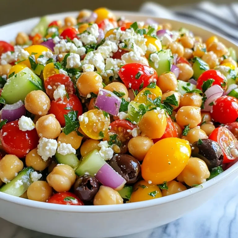 For a vibrant Mediterranean chickpea salad, gather these key ingredients: - 1 can (15 oz) chickpeas, drained and rinsed - 1 cup cherry tomatoes, halved - 1 cucumber, diced - 1 red bell pepper, diced - ½ red onion, finely chopped - ¼ cup black olives, sliced - ¼ cup feta cheese, crumbled - 2 tablespoons fresh parsley, chopped - 3 tablespoons olive oil - 2 tablespoons lemon juice - 1 teaspoon dried oregano - Salt and pepper, to taste These ingredients give the salad its fresh and colorful look. The chickpeas add protein while the veggies offer crunch. You can make this salad your own with a few extra touches. Try adding: - Avocado for creaminess - Spinach or kale for added greens - Quinoa for more texture and protein - Artichoke hearts for a unique flavor - Nuts like almonds for crunch These options let you play with flavors and textures. Feel free to mix and match based on what you like! This salad is not only tasty but also healthy. Here’s a quick look at its benefits: - High in protein and fiber from chickpeas - Rich in vitamins from fresh veggies - Healthy fats from olive oil and olives - Low in calories, making it a great light meal Each serving is packed with nutrients. Enjoy this tasty salad as a meal or a side dish, knowing it fuels your body well! {{ingredient_image_1}} To make this Mediterranean chickpea salad, start by gathering your ingredients. You need: - 1 can (15 oz) chickpeas, drained and rinsed - 1 cup cherry tomatoes, halved - 1 cucumber, diced - 1 red bell pepper, diced - ½ red onion, finely chopped - ¼ cup black olives, sliced - ¼ cup feta cheese, crumbled - 2 tablespoons fresh parsley, chopped In a large mixing bowl, combine the chickpeas, cherry tomatoes, cucumber, red bell pepper, red onion, and black olives. Make sure to mix them well but gently, so you don’t squish the tomatoes. To ensure even mixing, use a large bowl. This gives you space to toss the ingredients. Start with the lighter ingredients first, like the chickpeas and tomatoes. Add the denser items, like cucumber and bell pepper, last. This helps keep everything intact. Toss everything gently with a spoon, or use your hands. Just be careful not to mash the ingredients. Now, let’s make the dressing. In a smaller bowl, whisk together: - 3 tablespoons olive oil - 2 tablespoons lemon juice - 1 teaspoon dried oregano - Salt and pepper, to taste Whisk until smooth and well mixed. Pour this dressing over your salad mixture. Toss gently until all ingredients are coated with the dressing. This adds flavor to every bite. Finally, sprinkle the feta cheese and parsley on top. Give it one last gentle toss before serving. Use fresh ingredients for the best taste. Look for firm tomatoes and crisp cucumbers. Choose bright red bell peppers and fresh parsley. Always rinse and drain canned chickpeas well. This step removes extra sodium and improves flavor. Add a pinch of cayenne pepper for heat. Try fresh basil or mint for a twist. You can also use balsamic vinegar instead of lemon juice. A dash of garlic powder adds depth, too. Mix in some artichoke hearts for more texture. Serve the salad in a large, shallow bowl. This makes it easy to scoop. Garnish with extra olives and parsley leaves. For fun, use mason jars for individual servings. It looks great and is easy to take on the go! Pro Tips Fresh Ingredients: Always use fresh vegetables for the best flavor and texture in your Mediterranean Chickpea Salad. Chill Before Serving: Allow the salad to chill in the refrigerator for at least 30 minutes before serving to let the flavors meld beautifully. Customizable Add-Ins: Feel free to add other ingredients like avocado, artichokes, or even grilled chicken to suit your taste preferences. Meal Prep Friendly: This salad keeps well in the fridge, making it a great option for meal prep. Just store the dressing separately until ready to eat. {{image_2}} To make this salad vegan, simply skip the feta cheese. You can add in avocado for creaminess. Nutritional yeast is a great way to add cheesy flavor without dairy. You might also try marinated tofu or tempeh cubes for extra protein. If you want to switch cheeses, try goat cheese or vegan cheese. Ricotta works well too, adding a nice texture. Each cheese gives a different taste, so feel free to experiment. A sprinkle of Parmesan can also add a salty kick. You can change the salad based on the season. In spring, add fresh peas or asparagus. In summer, throw in diced bell peppers or zucchini. Fall is perfect for adding roasted butternut squash. Winter calls for crispy radishes or hearty kale. Each season brings new flavors to enjoy! Store your Mediterranean chickpea salad in an airtight container. This keeps it fresh and tasty. Make sure it cools to room temperature before sealing it. If you have extra dressing, store it separately. This helps avoid soggy salad. Your chickpea salad lasts about 3 to 5 days in the fridge. After that, the veggies may lose their crunch. Always check for any strange smells or colors before eating. If it looks or smells off, throw it away. Freezing this salad isn’t the best option. The texture of the veggies changes after freezing. If you must freeze it, only freeze the chickpeas. Pack them in a freezer-safe bag. They last up to 3 months in the freezer. When ready, thaw them in the fridge overnight. Then mix with fresh veggies and dressing. Yes, you can use dried chickpeas! First, soak them overnight in water. This softens them. After soaking, boil the chickpeas until they are soft. This may take about one to two hours. Rinse them well before adding to your salad. Using dried chickpeas gives a great texture and flavor. If you want to skip feta cheese, try using goat cheese or ricotta. These cheeses add creaminess and taste. You can also use a vegan cheese if you prefer a plant-based option. Tofu works too, especially when crumbled. Each choice will change the flavor slightly but will still be tasty. To spice up your salad, add some chopped jalapeños or red pepper flakes. These will bring heat and flavor. You can also mix in a dash of hot sauce when you make the dressing. If you like it really hot, try adding diced habanero peppers. Just be careful; a little goes a long way! In this post, we covered the key ingredients and steps for a delicious chickpea salad. You learned how to mix flavors and customize your dish. We also shared tips for fresh ingredients, storage, and variations. With these insights, you can make a salad that suits your taste and needs. You now have simple ways to enjoy this meal all week. Use these ideas to create your perfect salad. Dive in and enjoy every bite!