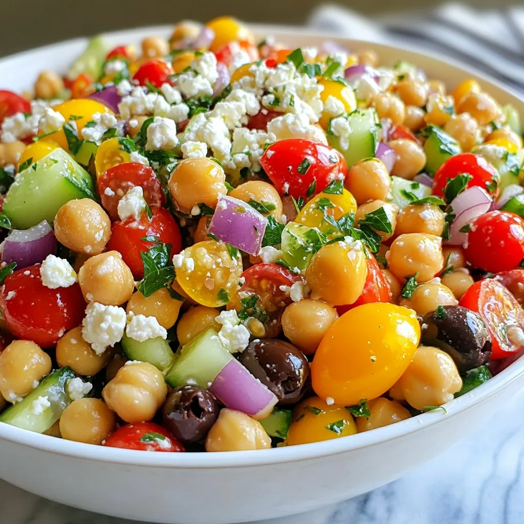 For a vibrant Mediterranean chickpea salad, gather these key ingredients: - 1 can (15 oz) chickpeas, drained and rinsed - 1 cup cherry tomatoes, halved - 1 cucumber, diced - 1 red bell pepper, diced - ½ red onion, finely chopped - ¼ cup black olives, sliced - ¼ cup feta cheese, crumbled - 2 tablespoons fresh parsley, chopped - 3 tablespoons olive oil - 2 tablespoons lemon juice - 1 teaspoon dried oregano - Salt and pepper, to taste These ingredients give the salad its fresh and colorful look. The chickpeas add protein while the veggies offer crunch. You can make this salad your own with a few extra touches. Try adding: - Avocado for creaminess - Spinach or kale for added greens - Quinoa for more texture and protein - Artichoke hearts for a unique flavor - Nuts like almonds for crunch These options let you play with flavors and textures. Feel free to mix and match based on what you like! This salad is not only tasty but also healthy. Here’s a quick look at its benefits: - High in protein and fiber from chickpeas - Rich in vitamins from fresh veggies - Healthy fats from olive oil and olives - Low in calories, making it a great light meal Each serving is packed with nutrients. Enjoy this tasty salad as a meal or a side dish, knowing it fuels your body well! {{ingredient_image_1}} To make this Mediterranean chickpea salad, start by gathering your ingredients. You need: - 1 can (15 oz) chickpeas, drained and rinsed - 1 cup cherry tomatoes, halved - 1 cucumber, diced - 1 red bell pepper, diced - ½ red onion, finely chopped - ¼ cup black olives, sliced - ¼ cup feta cheese, crumbled - 2 tablespoons fresh parsley, chopped In a large mixing bowl, combine the chickpeas, cherry tomatoes, cucumber, red bell pepper, red onion, and black olives. Make sure to mix them well but gently, so you don’t squish the tomatoes. To ensure even mixing, use a large bowl. This gives you space to toss the ingredients. Start with the lighter ingredients first, like the chickpeas and tomatoes. Add the denser items, like cucumber and bell pepper, last. This helps keep everything intact. Toss everything gently with a spoon, or use your hands. Just be careful not to mash the ingredients. Now, let’s make the dressing. In a smaller bowl, whisk together: - 3 tablespoons olive oil - 2 tablespoons lemon juice - 1 teaspoon dried oregano - Salt and pepper, to taste Whisk until smooth and well mixed. Pour this dressing over your salad mixture. Toss gently until all ingredients are coated with the dressing. This adds flavor to every bite. Finally, sprinkle the feta cheese and parsley on top. Give it one last gentle toss before serving. Use fresh ingredients for the best taste. Look for firm tomatoes and crisp cucumbers. Choose bright red bell peppers and fresh parsley. Always rinse and drain canned chickpeas well. This step removes extra sodium and improves flavor. Add a pinch of cayenne pepper for heat. Try fresh basil or mint for a twist. You can also use balsamic vinegar instead of lemon juice. A dash of garlic powder adds depth, too. Mix in some artichoke hearts for more texture. Serve the salad in a large, shallow bowl. This makes it easy to scoop. Garnish with extra olives and parsley leaves. For fun, use mason jars for individual servings. It looks great and is easy to take on the go! Pro Tips Fresh Ingredients: Always use fresh vegetables for the best flavor and texture in your Mediterranean Chickpea Salad. Chill Before Serving: Allow the salad to chill in the refrigerator for at least 30 minutes before serving to let the flavors meld beautifully. Customizable Add-Ins: Feel free to add other ingredients like avocado, artichokes, or even grilled chicken to suit your taste preferences. Meal Prep Friendly: This salad keeps well in the fridge, making it a great option for meal prep. Just store the dressing separately until ready to eat. {{image_2}} To make this salad vegan, simply skip the feta cheese. You can add in avocado for creaminess. Nutritional yeast is a great way to add cheesy flavor without dairy. You might also try marinated tofu or tempeh cubes for extra protein. If you want to switch cheeses, try goat cheese or vegan cheese. Ricotta works well too, adding a nice texture. Each cheese gives a different taste, so feel free to experiment. A sprinkle of Parmesan can also add a salty kick. You can change the salad based on the season. In spring, add fresh peas or asparagus. In summer, throw in diced bell peppers or zucchini. Fall is perfect for adding roasted butternut squash. Winter calls for crispy radishes or hearty kale. Each season brings new flavors to enjoy! Store your Mediterranean chickpea salad in an airtight container. This keeps it fresh and tasty. Make sure it cools to room temperature before sealing it. If you have extra dressing, store it separately. This helps avoid soggy salad. Your chickpea salad lasts about 3 to 5 days in the fridge. After that, the veggies may lose their crunch. Always check for any strange smells or colors before eating. If it looks or smells off, throw it away. Freezing this salad isn’t the best option. The texture of the veggies changes after freezing. If you must freeze it, only freeze the chickpeas. Pack them in a freezer-safe bag. They last up to 3 months in the freezer. When ready, thaw them in the fridge overnight. Then mix with fresh veggies and dressing. Yes, you can use dried chickpeas! First, soak them overnight in water. This softens them. After soaking, boil the chickpeas until they are soft. This may take about one to two hours. Rinse them well before adding to your salad. Using dried chickpeas gives a great texture and flavor. If you want to skip feta cheese, try using goat cheese or ricotta. These cheeses add creaminess and taste. You can also use a vegan cheese if you prefer a plant-based option. Tofu works too, especially when crumbled. Each choice will change the flavor slightly but will still be tasty. To spice up your salad, add some chopped jalapeños or red pepper flakes. These will bring heat and flavor. You can also mix in a dash of hot sauce when you make the dressing. If you like it really hot, try adding diced habanero peppers. Just be careful; a little goes a long way! In this post, we covered the key ingredients and steps for a delicious chickpea salad. You learned how to mix flavors and customize your dish. We also shared tips for fresh ingredients, storage, and variations. With these insights, you can make a salad that suits your taste and needs. You now have simple ways to enjoy this meal all week. Use these ideas to create your perfect salad. Dive in and enjoy every bite!