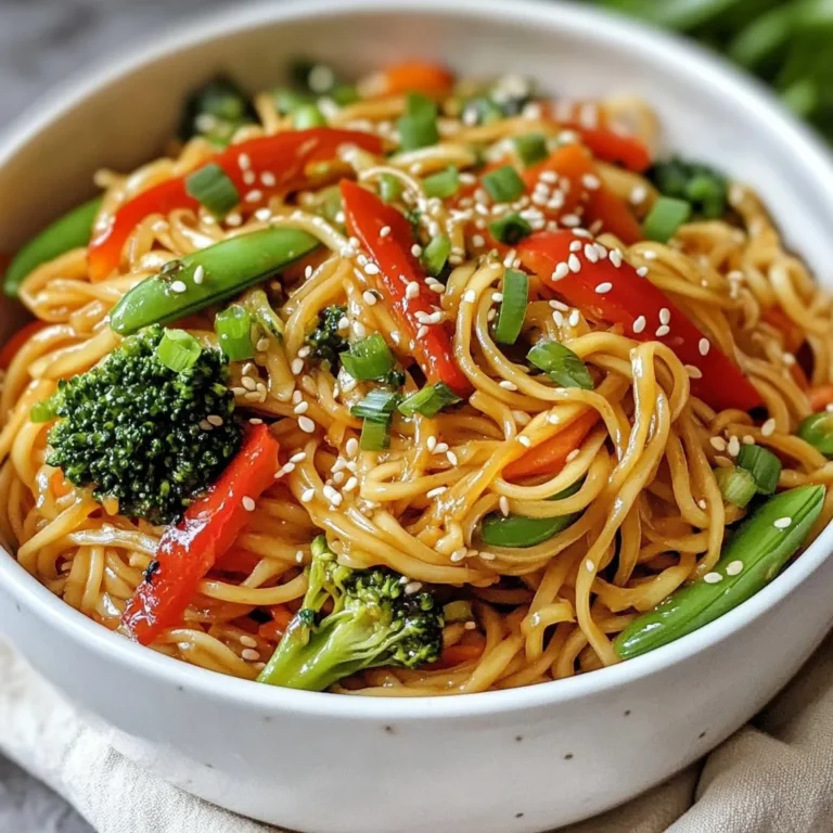 - 8 oz egg noodles or rice noodles - 2 tablespoons sesame oil - 4 cloves garlic, minced - 1 tablespoon fresh ginger, grated - 1 red bell pepper, thinly sliced - 1 cup broccoli florets - 1 cup snap peas - 2 carrots, julienned - 3 green onions, chopped - ¼ cup soy sauce (low sodium preferred) - 1 tablespoon rice vinegar - 1 tablespoon toasted sesame seeds - Salt and pepper to taste - Optional: Fresh cilantro for garnish In this dish, I love using egg noodles or rice noodles. They soak up flavors well. The sesame oil adds a rich taste. Fresh garlic and ginger give it a nice kick. For vegetables, I use a vibrant mix. The red bell pepper brings sweetness. Broccoli adds crunch, while snap peas and carrots offer color and texture. Green onions finish it off with a fresh bite. For extra flavor, I use low sodium soy sauce. Rice vinegar adds a tangy note. Toasted sesame seeds give it a nutty crunch. A pinch of salt and pepper brings it all together. If you want, add fresh cilantro for a bright touch. These ingredients create a tasty and colorful stir fry. They work well together and make each bite special. {{ingredient_image_1}} Start by boiling a large pot of water. Add 8 oz of egg noodles or rice noodles. Cook them according to the package instructions until they are al dente. Once done, drain the noodles and set them aside. This step is crucial because the noodles need to be ready before adding them to the stir fry. In a large skillet or wok, heat 2 tablespoons of sesame oil over medium heat. As the oil warms up, add 4 cloves of minced garlic and 1 tablespoon of grated fresh ginger. Sauté these for about 30 seconds. You want the garlic and ginger to smell great but not turn brown. Next, toss in the vegetables: 1 thinly sliced red bell pepper, 1 cup of broccoli florets, 1 cup of snap peas, and 2 julienned carrots. Stir-fry these for 3-4 minutes until they become tender yet crisp. Now it’s time to bring everything together. Add the drained noodles to the skillet with the vegetables. Toss everything well to mix. Pour in ¼ cup of low-sodium soy sauce and 1 tablespoon of rice vinegar. Stir to coat the noodles and vegetables evenly. Cook for another 2-3 minutes to let the flavors blend. At this point, taste your stir fry and season it with salt and pepper as needed. For the finishing touch, remove the pan from heat and sprinkle with chopped green onions and 1 tablespoon of toasted sesame seeds. If you like, add fresh cilantro for extra flavor. To get the right texture in your stir fry, focus on the heat. Use high heat for a quick cook. This keeps the noodles and veggies crisp. Stir constantly to prevent burning. Overcooked veggies lose their bright color and crunch. Aim for a tender yet crunchy texture. Cook them just until they soften but still snap. You can swap out egg noodles for rice noodles. If you want a gluten-free dish, try rice noodles or zucchini noodles. For veggies, use bell peppers or any seasonal choices. If you don't have broccoli, use spinach or bok choy. You can mix and match based on what you like. Serve your stir fry in a large bowl. A shallow plate makes it easy to see all the colors. Garnishing adds flair. Sprinkle toasted sesame seeds and chopped green onions on top. A lime wedge on the side adds brightness and color. These small touches make a big difference when serving. Pro Tips Prep Your Ingredients: Having all your vegetables sliced and noodles cooked before you start cooking will make the stir-frying process smooth and quick. Use High Heat: Stir-frying works best at high temperatures. Make sure your skillet or wok is hot enough to give the vegetables a nice sear without overcooking them. Customize Your Veggies: Feel free to substitute any of the vegetables with your favorites or whatever you have on hand. Zucchini, mushrooms, or bok choy work great too! Make It Spicy: If you enjoy a kick of heat, add some red pepper flakes or a dash of sriracha when you mix in the soy sauce for an extra layer of flavor. {{image_2}} You can make your stir fry even better by adding protein. Chicken, shrimp, or tofu work great. - Chicken: Cut it into thin strips. Marinate in soy sauce and ginger for flavor. - Shrimp: Use peeled shrimp. They cook fast and soak up flavors well. - Tofu: Press and cube it. Marinate in soy sauce or chili sauce for a tasty kick. These proteins will boost the meal's flavor and nutrition. Changing the sauce can add new tastes to your dish. Try using: - Teriyaki sauce: This will give a sweet and savory flavor. - Chili sauce: Want heat? This adds a spicy kick. You can also mix in herbs and spices. Try sesame seeds, crushed red pepper, or fresh cilantro. Each will change the taste and make it special. Make your stir fry fit the season. Choose fresh vegetables for the best flavor. - Spring: Add asparagus or snap peas. - Summer: Try zucchini or sweet corn. - Fall: Use bell peppers or carrots. Look in your pantry too! If you have leftover veggies, toss them in. This recipe is flexible, so you can adapt based on what you have. To store leftover sesame garlic noodle stir fry, let it cool first. Place it in an airtight container. This keeps it fresh and tasty. You can store it in the fridge for up to three days. If you want to eat it later, make sure to check for any off smells before reheating. Yes, you can freeze sesame garlic noodle stir fry. To freeze it, use a freezer-safe container. Leave some space on top for the food to expand. It can last in the freezer for up to three months. When you're ready to eat it, thaw it in the fridge overnight for best results. To reheat, you have a few good options. You can use a microwave or a skillet. If using the microwave, heat it in short bursts. Stir between each burst to warm it evenly. If using a skillet, add a splash of water to help steam the noodles. This helps keep them from getting mushy. Always check that it's heated all the way through before serving. Yes, you can use many types of noodles. For gluten-free options, try rice noodles or zucchini noodles. If you want low-carb alternatives, consider shirataki noodles. Each type adds a unique taste and texture to your stir fry. Just make sure to adjust the cooking time based on the noodle type you choose. This dish is not spicy by default. If you like heat, add red pepper flakes or sriracha. Start with a small amount. You can always add more if you want it spicier. Adjusting the spice level helps you create a dish that suits your taste perfectly. Yes, this recipe is great for meal prep. You can make it ahead and store it in airtight containers. Keep it in the fridge for up to four days. To reheat, use a microwave or skillet. Just add a splash of water to keep the noodles from drying out. This way, you enjoy tasty meals all week! This blog post guides you through making a tasty sesame garlic noodle stir fry. We discussed key ingredients, like egg noodles, fresh veggies, and flavor boosters. I shared tips to perfect your stir fry, including how to avoid overcooked vegetables. You can customize this dish with proteins and seasonal veggies for variety. Finally, we covered storage tips to keep leftovers fresh. Enjoy creating your own version and exploring different flavors. This dish is simple and satisfying for any meal.