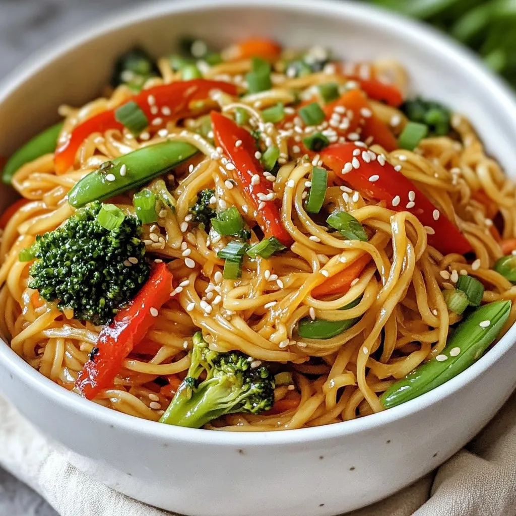 - 8 oz egg noodles or rice noodles - 2 tablespoons sesame oil - 4 cloves garlic, minced - 1 tablespoon fresh ginger, grated - 1 red bell pepper, thinly sliced - 1 cup broccoli florets - 1 cup snap peas - 2 carrots, julienned - 3 green onions, chopped - ¼ cup soy sauce (low sodium preferred) - 1 tablespoon rice vinegar - 1 tablespoon toasted sesame seeds - Salt and pepper to taste - Optional: Fresh cilantro for garnish In this dish, I love using egg noodles or rice noodles. They soak up flavors well. The sesame oil adds a rich taste. Fresh garlic and ginger give it a nice kick. For vegetables, I use a vibrant mix. The red bell pepper brings sweetness. Broccoli adds crunch, while snap peas and carrots offer color and texture. Green onions finish it off with a fresh bite. For extra flavor, I use low sodium soy sauce. Rice vinegar adds a tangy note. Toasted sesame seeds give it a nutty crunch. A pinch of salt and pepper brings it all together. If you want, add fresh cilantro for a bright touch. These ingredients create a tasty and colorful stir fry. They work well together and make each bite special. {{ingredient_image_1}} Start by boiling a large pot of water. Add 8 oz of egg noodles or rice noodles. Cook them according to the package instructions until they are al dente. Once done, drain the noodles and set them aside. This step is crucial because the noodles need to be ready before adding them to the stir fry. In a large skillet or wok, heat 2 tablespoons of sesame oil over medium heat. As the oil warms up, add 4 cloves of minced garlic and 1 tablespoon of grated fresh ginger. Sauté these for about 30 seconds. You want the garlic and ginger to smell great but not turn brown. Next, toss in the vegetables: 1 thinly sliced red bell pepper, 1 cup of broccoli florets, 1 cup of snap peas, and 2 julienned carrots. Stir-fry these for 3-4 minutes until they become tender yet crisp. Now it’s time to bring everything together. Add the drained noodles to the skillet with the vegetables. Toss everything well to mix. Pour in ¼ cup of low-sodium soy sauce and 1 tablespoon of rice vinegar. Stir to coat the noodles and vegetables evenly. Cook for another 2-3 minutes to let the flavors blend. At this point, taste your stir fry and season it with salt and pepper as needed. For the finishing touch, remove the pan from heat and sprinkle with chopped green onions and 1 tablespoon of toasted sesame seeds. If you like, add fresh cilantro for extra flavor. To get the right texture in your stir fry, focus on the heat. Use high heat for a quick cook. This keeps the noodles and veggies crisp. Stir constantly to prevent burning. Overcooked veggies lose their bright color and crunch. Aim for a tender yet crunchy texture. Cook them just until they soften but still snap. You can swap out egg noodles for rice noodles. If you want a gluten-free dish, try rice noodles or zucchini noodles. For veggies, use bell peppers or any seasonal choices. If you don't have broccoli, use spinach or bok choy. You can mix and match based on what you like. Serve your stir fry in a large bowl. A shallow plate makes it easy to see all the colors. Garnishing adds flair. Sprinkle toasted sesame seeds and chopped green onions on top. A lime wedge on the side adds brightness and color. These small touches make a big difference when serving. Pro Tips Prep Your Ingredients: Having all your vegetables sliced and noodles cooked before you start cooking will make the stir-frying process smooth and quick. Use High Heat: Stir-frying works best at high temperatures. Make sure your skillet or wok is hot enough to give the vegetables a nice sear without overcooking them. Customize Your Veggies: Feel free to substitute any of the vegetables with your favorites or whatever you have on hand. Zucchini, mushrooms, or bok choy work great too! Make It Spicy: If you enjoy a kick of heat, add some red pepper flakes or a dash of sriracha when you mix in the soy sauce for an extra layer of flavor. {{image_2}} You can make your stir fry even better by adding protein. Chicken, shrimp, or tofu work great. - Chicken: Cut it into thin strips. Marinate in soy sauce and ginger for flavor. - Shrimp: Use peeled shrimp. They cook fast and soak up flavors well. - Tofu: Press and cube it. Marinate in soy sauce or chili sauce for a tasty kick. These proteins will boost the meal's flavor and nutrition. Changing the sauce can add new tastes to your dish. Try using: - Teriyaki sauce: This will give a sweet and savory flavor. - Chili sauce: Want heat? This adds a spicy kick. You can also mix in herbs and spices. Try sesame seeds, crushed red pepper, or fresh cilantro. Each will change the taste and make it special. Make your stir fry fit the season. Choose fresh vegetables for the best flavor. - Spring: Add asparagus or snap peas. - Summer: Try zucchini or sweet corn. - Fall: Use bell peppers or carrots. Look in your pantry too! If you have leftover veggies, toss them in. This recipe is flexible, so you can adapt based on what you have. To store leftover sesame garlic noodle stir fry, let it cool first. Place it in an airtight container. This keeps it fresh and tasty. You can store it in the fridge for up to three days. If you want to eat it later, make sure to check for any off smells before reheating. Yes, you can freeze sesame garlic noodle stir fry. To freeze it, use a freezer-safe container. Leave some space on top for the food to expand. It can last in the freezer for up to three months. When you're ready to eat it, thaw it in the fridge overnight for best results. To reheat, you have a few good options. You can use a microwave or a skillet. If using the microwave, heat it in short bursts. Stir between each burst to warm it evenly. If using a skillet, add a splash of water to help steam the noodles. This helps keep them from getting mushy. Always check that it's heated all the way through before serving. Yes, you can use many types of noodles. For gluten-free options, try rice noodles or zucchini noodles. If you want low-carb alternatives, consider shirataki noodles. Each type adds a unique taste and texture to your stir fry. Just make sure to adjust the cooking time based on the noodle type you choose. This dish is not spicy by default. If you like heat, add red pepper flakes or sriracha. Start with a small amount. You can always add more if you want it spicier. Adjusting the spice level helps you create a dish that suits your taste perfectly. Yes, this recipe is great for meal prep. You can make it ahead and store it in airtight containers. Keep it in the fridge for up to four days. To reheat, use a microwave or skillet. Just add a splash of water to keep the noodles from drying out. This way, you enjoy tasty meals all week! This blog post guides you through making a tasty sesame garlic noodle stir fry. We discussed key ingredients, like egg noodles, fresh veggies, and flavor boosters. I shared tips to perfect your stir fry, including how to avoid overcooked vegetables. You can customize this dish with proteins and seasonal veggies for variety. Finally, we covered storage tips to keep leftovers fresh. Enjoy creating your own version and exploring different flavors. This dish is simple and satisfying for any meal.