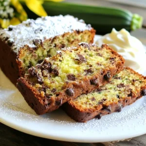 To make chocolate chip zucchini bread, gather these key ingredients: - 1 ½ cups grated zucchini (about 1 medium zucchini) - 1 cup all-purpose flour - 1 cup whole wheat flour - 1 teaspoon baking soda - 1 teaspoon baking powder - ½ teaspoon salt - 1 teaspoon ground cinnamon - ½ cup brown sugar, packed - ½ cup granulated sugar - ⅓ cup vegetable oil - 2 large eggs - 1 teaspoon vanilla extract - 1 cup semi-sweet chocolate chips These ingredients blend well together, creating a moist and flavorful bread. You can add some extra flavor or texture with these optional ingredients: - ½ cup chopped walnuts - ½ cup chopped pecans - ½ cup raisins or dried cranberries These options let you customize the bread to your taste. Here are some useful tools for making this recipe: - 9x5-inch loaf pan - Mixing bowls - Whisk - Spatula - Grater for zucchini - Measuring cups and spoons Using the right tools helps ensure your baking goes smoothly. {{ingredient_image_1}} Start by preheating your oven to 350°F (175°C). Grab a 9x5-inch loaf pan and grease it well. This step helps the bread slide out easily after baking. Next, take one medium zucchini and grate it. You need about 1 ½ cups of grated zucchini. This adds moisture and flavor to your bread. Set the grated zucchini aside while you prepare the wet and dry ingredients. In a medium bowl, mix the grated zucchini with the following: - ½ cup brown sugar, packed - ½ cup granulated sugar - ⅓ cup vegetable oil - 2 large eggs - 1 teaspoon vanilla extract Stir these together until they blend well. In a large bowl, whisk together the dry ingredients: - 1 cup all-purpose flour - 1 cup whole wheat flour - 1 teaspoon baking soda - 1 teaspoon baking powder - ½ teaspoon salt - 1 teaspoon ground cinnamon Once mixed, slowly add the wet ingredients to the dry ingredients. Stir gently until just combined. Be careful not to over-mix; a few lumps are okay. Finally, fold in 1 cup of semi-sweet chocolate chips and, if you like, ½ cup of chopped walnuts. Pour the batter into your greased loaf pan. Smooth the top with a spatula for a nice finish. Bake the bread for 55-60 minutes. Check for doneness by inserting a toothpick into the center; it should come out clean. Once baked, take the pan out of the oven. Let the bread cool in the pan for about 10 minutes. After that, transfer it to a wire rack to cool completely. Enjoy the delicious smells while you wait! Grating zucchini is easy and quick. Use a box grater or a food processor. Cut the zucchini into smaller pieces first. This makes it easier to handle. Grate the zucchini using the large holes on the grater. Aim for about one and a half cups for the recipe. To avoid extra moisture, squeeze the grated zucchini in a clean towel. This helps remove excess water. Baking can be tricky. Here are some tips to help. Start by measuring your ingredients carefully. Use a kitchen scale for accuracy when possible. Mix the wet and dry ingredients gently. Over-mixing can lead to tough bread. Also, make sure your oven is preheated. An oven thermometer can help ensure the right temperature. Finally, keep an eye on your bread as it bakes. Every oven is different, so check for doneness a few minutes early. Moisture is key for great zucchini bread. Grated zucchini adds moisture naturally. Using both all-purpose and whole wheat flour helps balance texture. The brown sugar also adds moisture and flavor. Don't skip the oil; it keeps the bread soft. If you want even more moisture, consider adding applesauce. This can make the bread extra rich and tasty. Remember to cool the bread properly. Let it rest in the pan for a bit before transferring it to a rack. This helps keep it moist and prevents it from drying out. Pro Tips Grate Zucchini Correctly: Ensure the zucchini is grated finely to blend seamlessly into the batter, providing moisture without overwhelming the texture. Don’t Over-Mix: When combining wet and dry ingredients, mix until just combined. Over-mixing can lead to a dense loaf instead of a light and fluffy texture. Check for Doneness: Use a toothpick to test the center of the bread. If it comes out clean or with a few crumbs, it’s ready; avoid opening the oven door too often. Cool Properly: Allow the bread to cool in the pan for a short time before transferring it to a wire rack to cool completely, preserving its moisture and texture. {{image_2}} You can boost the flavor and crunch of your zucchini bread by adding nuts. Walnuts are popular, but pecans or almonds work well too. Just chop them into small pieces. Stir in about ½ cup of your choice when mixing in the chocolate chips. This will give your bread a nice texture and taste. If you want to change the sweetness, try using dark chocolate or white chocolate chips. Dark chocolate gives a rich flavor, while white chocolate adds a creamy touch. You can replace the semi-sweet chips with either type or mix them for a fun twist. Just keep the amount the same at 1 cup. For a gluten-free version, swap the all-purpose and whole wheat flour with a gluten-free blend. Many brands are available and work well in baking. Make sure to check that the blend contains xanthan gum for the best texture. This way, everyone can enjoy the delicious taste of chocolate chip zucchini bread! To keep your chocolate chip zucchini bread fresh, wrap it tightly in plastic wrap. This helps keep moisture in and prevents it from drying out. You can also place it in an airtight container. If you plan to eat it within a few days, room temperature storage works well. For longer storage, refrigeration is a better option. You can freeze zucchini bread easily. First, let it cool completely. Then, wrap it in plastic wrap and place it in a freezer bag. Make sure to remove as much air as possible. When you're ready to enjoy it, take it out and thaw it in the fridge overnight. For a quick thaw, you can leave it at room temperature for a few hours. Chocolate chip zucchini bread lasts about 3-4 days at room temperature. If stored in the fridge, it can last up to a week. When frozen, it stays good for about 2-3 months. Always check for signs of spoilage, like mold or an off smell, before eating. Yes, you can use frozen zucchini. Just thaw it first and drain excess water. Frozen zucchini works well and saves time. It still gives you that moist texture. To make this recipe healthier, try these tips: - Use more whole wheat flour. - Reduce the sugar by a bit. - Add nuts or seeds for extra nutrients. - Swap vegetable oil for applesauce or yogurt. You can use several options to replace eggs: - 1/4 cup unsweetened applesauce for each egg. - 1/4 cup mashed banana works well too. - Flaxseed meal mixed with water: 1 tablespoon flaxseed meal + 2.5 tablespoons water equals one egg. Check the bread with a toothpick. Insert it into the center. If it comes out clean, the bread is done. It should also be golden brown on top. Let it cool before slicing for the best texture. Now you have everything you need to make chocolate chip zucchini bread. We covered the main and optional ingredients, baking steps, and helpful tips. You learned about cool variations and how to store your bread. Remember, you can play with flavors and textures in your recipes. With practice, your baking skills will grow. Enjoy every bite of your delicious creation. Your kitchen adventure starts now!