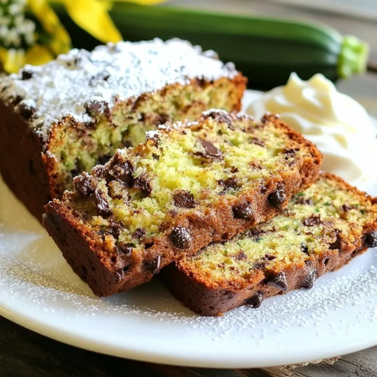 To make chocolate chip zucchini bread, gather these key ingredients: - 1 ½ cups grated zucchini (about 1 medium zucchini) - 1 cup all-purpose flour - 1 cup whole wheat flour - 1 teaspoon baking soda - 1 teaspoon baking powder - ½ teaspoon salt - 1 teaspoon ground cinnamon - ½ cup brown sugar, packed - ½ cup granulated sugar - ⅓ cup vegetable oil - 2 large eggs - 1 teaspoon vanilla extract - 1 cup semi-sweet chocolate chips These ingredients blend well together, creating a moist and flavorful bread. You can add some extra flavor or texture with these optional ingredients: - ½ cup chopped walnuts - ½ cup chopped pecans - ½ cup raisins or dried cranberries These options let you customize the bread to your taste. Here are some useful tools for making this recipe: - 9x5-inch loaf pan - Mixing bowls - Whisk - Spatula - Grater for zucchini - Measuring cups and spoons Using the right tools helps ensure your baking goes smoothly. {{ingredient_image_1}} Start by preheating your oven to 350°F (175°C). Grab a 9x5-inch loaf pan and grease it well. This step helps the bread slide out easily after baking. Next, take one medium zucchini and grate it. You need about 1 ½ cups of grated zucchini. This adds moisture and flavor to your bread. Set the grated zucchini aside while you prepare the wet and dry ingredients. In a medium bowl, mix the grated zucchini with the following: - ½ cup brown sugar, packed - ½ cup granulated sugar - ⅓ cup vegetable oil - 2 large eggs - 1 teaspoon vanilla extract Stir these together until they blend well. In a large bowl, whisk together the dry ingredients: - 1 cup all-purpose flour - 1 cup whole wheat flour - 1 teaspoon baking soda - 1 teaspoon baking powder - ½ teaspoon salt - 1 teaspoon ground cinnamon Once mixed, slowly add the wet ingredients to the dry ingredients. Stir gently until just combined. Be careful not to over-mix; a few lumps are okay. Finally, fold in 1 cup of semi-sweet chocolate chips and, if you like, ½ cup of chopped walnuts. Pour the batter into your greased loaf pan. Smooth the top with a spatula for a nice finish. Bake the bread for 55-60 minutes. Check for doneness by inserting a toothpick into the center; it should come out clean. Once baked, take the pan out of the oven. Let the bread cool in the pan for about 10 minutes. After that, transfer it to a wire rack to cool completely. Enjoy the delicious smells while you wait! Grating zucchini is easy and quick. Use a box grater or a food processor. Cut the zucchini into smaller pieces first. This makes it easier to handle. Grate the zucchini using the large holes on the grater. Aim for about one and a half cups for the recipe. To avoid extra moisture, squeeze the grated zucchini in a clean towel. This helps remove excess water. Baking can be tricky. Here are some tips to help. Start by measuring your ingredients carefully. Use a kitchen scale for accuracy when possible. Mix the wet and dry ingredients gently. Over-mixing can lead to tough bread. Also, make sure your oven is preheated. An oven thermometer can help ensure the right temperature. Finally, keep an eye on your bread as it bakes. Every oven is different, so check for doneness a few minutes early. Moisture is key for great zucchini bread. Grated zucchini adds moisture naturally. Using both all-purpose and whole wheat flour helps balance texture. The brown sugar also adds moisture and flavor. Don't skip the oil; it keeps the bread soft. If you want even more moisture, consider adding applesauce. This can make the bread extra rich and tasty. Remember to cool the bread properly. Let it rest in the pan for a bit before transferring it to a rack. This helps keep it moist and prevents it from drying out. Pro Tips Grate Zucchini Correctly: Ensure the zucchini is grated finely to blend seamlessly into the batter, providing moisture without overwhelming the texture. Don’t Over-Mix: When combining wet and dry ingredients, mix until just combined. Over-mixing can lead to a dense loaf instead of a light and fluffy texture. Check for Doneness: Use a toothpick to test the center of the bread. If it comes out clean or with a few crumbs, it’s ready; avoid opening the oven door too often. Cool Properly: Allow the bread to cool in the pan for a short time before transferring it to a wire rack to cool completely, preserving its moisture and texture. {{image_2}} You can boost the flavor and crunch of your zucchini bread by adding nuts. Walnuts are popular, but pecans or almonds work well too. Just chop them into small pieces. Stir in about ½ cup of your choice when mixing in the chocolate chips. This will give your bread a nice texture and taste. If you want to change the sweetness, try using dark chocolate or white chocolate chips. Dark chocolate gives a rich flavor, while white chocolate adds a creamy touch. You can replace the semi-sweet chips with either type or mix them for a fun twist. Just keep the amount the same at 1 cup. For a gluten-free version, swap the all-purpose and whole wheat flour with a gluten-free blend. Many brands are available and work well in baking. Make sure to check that the blend contains xanthan gum for the best texture. This way, everyone can enjoy the delicious taste of chocolate chip zucchini bread! To keep your chocolate chip zucchini bread fresh, wrap it tightly in plastic wrap. This helps keep moisture in and prevents it from drying out. You can also place it in an airtight container. If you plan to eat it within a few days, room temperature storage works well. For longer storage, refrigeration is a better option. You can freeze zucchini bread easily. First, let it cool completely. Then, wrap it in plastic wrap and place it in a freezer bag. Make sure to remove as much air as possible. When you're ready to enjoy it, take it out and thaw it in the fridge overnight. For a quick thaw, you can leave it at room temperature for a few hours. Chocolate chip zucchini bread lasts about 3-4 days at room temperature. If stored in the fridge, it can last up to a week. When frozen, it stays good for about 2-3 months. Always check for signs of spoilage, like mold or an off smell, before eating. Yes, you can use frozen zucchini. Just thaw it first and drain excess water. Frozen zucchini works well and saves time. It still gives you that moist texture. To make this recipe healthier, try these tips: - Use more whole wheat flour. - Reduce the sugar by a bit. - Add nuts or seeds for extra nutrients. - Swap vegetable oil for applesauce or yogurt. You can use several options to replace eggs: - 1/4 cup unsweetened applesauce for each egg. - 1/4 cup mashed banana works well too. - Flaxseed meal mixed with water: 1 tablespoon flaxseed meal + 2.5 tablespoons water equals one egg. Check the bread with a toothpick. Insert it into the center. If it comes out clean, the bread is done. It should also be golden brown on top. Let it cool before slicing for the best texture. Now you have everything you need to make chocolate chip zucchini bread. We covered the main and optional ingredients, baking steps, and helpful tips. You learned about cool variations and how to store your bread. Remember, you can play with flavors and textures in your recipes. With practice, your baking skills will grow. Enjoy every bite of your delicious creation. Your kitchen adventure starts now!