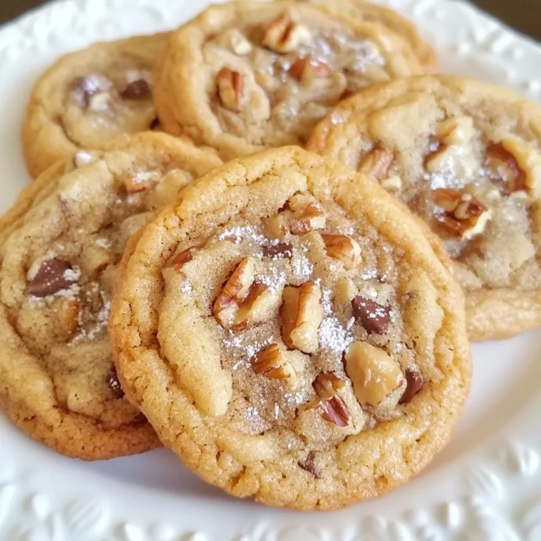 - 1 cup unsalted butter - 1 cup packed brown sugar - 1/2 cup granulated sugar - 2 large eggs - 2 teaspoons vanilla extract - 2 1/4 cups all-purpose flour - 1 teaspoon baking soda - 1/2 teaspoon salt - 1 cup pecans, chopped - 1/2 teaspoon cinnamon (optional) - 1 cup chocolate chips (optional) When making brown butter pecan cookies, the right ingredients matter a lot. Each item adds flavor and texture. Unsalted Butter: This is key for rich, nutty flavor. Brown it slowly to get that perfect taste. Brown Sugar: It brings moisture and a deep caramel flavor. The more packed it is, the better. Granulated Sugar: This helps with sweetness and gives a slight crunch. Eggs: They bind everything together and add some fluffiness. Vanilla Extract: Adds warmth and a nice scent. Use pure for best flavor. All-Purpose Flour: This is the base of your cookies. It gives them structure. Baking Soda: This helps the cookies rise a little. It keeps them soft. Salt: A pinch is needed to balance the sweetness. Chopped Pecans: They give a lovely crunch and nutty taste. Toast them for extra flavor. Cinnamon (Optional): A little spice can make a big difference. Use it if you like warmth. Chocolate Chips (Optional): They add sweetness and richness. Use dark or milk chocolate, your choice. Having these ingredients ready will set you up for success. Each one plays a role in making these cookies rich and flavorful. {{ingredient_image_1}} Melting the Butter Start by cutting 1 cup of unsalted butter into pieces. Place it in a saucepan over medium heat. Stir it often as it melts. Achieving the Perfect Golden Brown Color Keep cooking the butter until it turns golden brown. You will notice a nutty smell, which is great! This takes about 5 to 7 minutes. Once it reaches this color, take it off the heat and let it cool a bit. Mixing the Sugars with Brown Butter In a large bowl, mix the brown butter with 1 cup of brown sugar and 1/2 cup of granulated sugar. Use a whisk or a mixer until the mixture is creamy and well combined. Adding Eggs and Vanilla Add 2 large eggs to the mix, one at a time. Stir well after each egg. Then, add in 2 teaspoons of vanilla extract. Make sure everything is mixed in nicely. Whisking Together Flour, Baking Soda, and Salt In another bowl, whisk together 2 1/4 cups of all-purpose flour, 1 teaspoon of baking soda, and 1/2 teaspoon of salt. If you like, add 1/2 teaspoon of cinnamon for extra flavor. Combining Wet and Dry Mixtures Gradually add the dry mix to the wet mix. Stir it gently until it just comes together. Don't overmix; it should be a bit lumpy. Incorporating Pecans and Chocolate Fold in 1 cup of chopped pecans and 1 cup of chocolate chips if you want. Make sure they are evenly mixed into the dough. Chilling the Dough Cover the bowl with plastic wrap. Put the dough in the fridge for at least 30 minutes to an hour. This step helps the flavors blend and makes the cookies chewier. Preheating the Oven Preheat your oven to 350°F (175°C). Line a baking sheet with parchment paper to keep cookies from sticking. Scooping and Spacing Dough on Baking Sheet Use a spoon to scoop tablespoons of dough onto the baking sheet. Leave about 2 inches between each scoop. Baking Time and Indicators Bake the cookies for 10 to 12 minutes. Look for golden edges and soft centers to know they are done. Cooling on Baking Sheet After baking, let the cookies cool on the baking sheet for 5 minutes. This helps them set up a bit more. Transferring to Wire Rack Carefully move the cookies to a wire rack to cool completely. Now, they are ready to enjoy! - Importance of Brown Butter Brown butter is key for rich flavor. It adds a nutty taste that makes cookies special. To make brown butter, melt unsalted butter over medium heat. Keep stirring until it turns golden brown. This should take about 5-7 minutes. - Chilling Dough for Better Flavor Chilling the dough is crucial. It makes the flavors blend well. Cover the bowl with plastic wrap and chill for at least 30 minutes. This step helps the cookies stay soft and chewy. - Checking for Doneness Look for golden edges and soft centers. The cookies should not be too brown. Remove them from the oven when they are slightly underbaked. They will firm up as they cool. - Avoiding Overmixing Mix just until combined. Overmixing can lead to tough cookies. Stir in the flour carefully to keep the texture light and airy. - Presentation Tips for Visual Appeal Serve cookies on a rustic platter. Dust them with powdered sugar for a nice touch. Warm cookies look and taste great. - Pairing with Beverages Pair these cookies with a glass of milk. You can also enjoy them with a scoop of ice cream. This makes for a delicious treat! Pro Tips Brown Butter Timing: Ensure you keep an eye on the butter as it cooks; it can go from perfectly browned to burnt quickly. Remove it from the heat as soon as it reaches a golden color and smells nutty. Chilling the Dough: Chilling the dough not only enhances the flavor but also helps the cookies maintain their shape during baking. For a richer taste, consider chilling overnight. Pecan Toasting: For an extra depth of flavor, toast the pecans in a dry skillet over medium heat for a few minutes before adding them to the dough. This enhances their nuttiness. Cookie Size Consistency: Use a cookie scoop for uniform cookie sizes, ensuring even baking and consistent texture. This will help all cookies bake at the same rate. {{image_2}} - Walnuts: If you want a different crunch, try walnuts. They add a lovely flavor. Walnuts are also softer than pecans, which can change the cookie's texture. - Pecans with a Twist: You can mix pecans with other nuts like almonds. This gives your cookies a new taste and texture. - Adding Additional Spices: You can add more spices like nutmeg or allspice. These spices bring warmth and depth to your cookies. Just a pinch can change the whole flavor. - Infusing with Zest: Try adding lemon or orange zest. The zest gives a bright, fresh taste. It pairs nicely with the nutty flavor of the pecans. - Gluten-Free Flour Options: You can use gluten-free flour instead of all-purpose flour. Brands like almond flour or oat flour work well. They keep the texture nice and chewy. - Vegan Substitutions: To make these cookies vegan, substitute eggs with flax seeds or applesauce. Use vegan butter instead of regular butter. This way, everyone can enjoy these treats! To keep your brown butter pecan cookies fresh, store them in an airtight container. This helps to lock in moisture and flavor. You can also use a cookie jar, but it may not keep them as fresh. If you use a jar, place a slice of bread inside. The bread will absorb excess air and keep your cookies soft. Freezing cookie dough is a great way to save some for later. To freeze, scoop the dough into balls and place them on a baking sheet. Freeze them for about an hour, then transfer the balls to a freezer bag. Make sure to label the bag with the date. To bake, thaw the dough in the fridge overnight. Preheat your oven and bake directly from the fridge without letting it warm up. At room temperature, your cookies will stay fresh for about a week. Store them in an airtight container to keep them tasty. If you choose to refrigerate them, they can last up to two weeks. Just remember to let them sit out for a few minutes before enjoying. This makes them soft and warm again. The secret to chewy cookies lies in the butter and sugars. Use brown sugar for moisture. Brown butter adds a rich flavor that enhances chewiness. Also, don't overmix the dough. This keeps the cookies softer. Yes, you can use salted butter. Just reduce the added salt by half. This helps balance the flavors. Salted butter can add a nice depth to your cookies. Check the edges of the cookies. They should be golden brown, while the center looks soft. If they puff up and start to crack, they are ready. Remove them from the oven promptly. Absolutely! Feel free to add mix-ins like dried fruit or different nuts. Chocolate chips are great too. Just keep the total mix-ins to about 1 to 1.5 cups. Chilling the dough firms it up and helps the flavors meld. It also prevents the cookies from spreading too much while baking. This step ensures a perfect texture and rich taste. In this post, I covered the key steps to make delicious cookies. We discussed the essential ingredients, and how to prepare brown butter for the best flavor. I shared tips for perfect texture and ways to store your cookies. Finally, I highlighted variations to make your cookies unique. For tasty, chewy cookies, remember to chill your dough and watch for that golden brown color. With these tips, enjoy baking and sharing your treats!