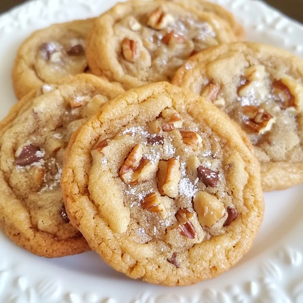 - 1 cup unsalted butter - 1 cup packed brown sugar - 1/2 cup granulated sugar - 2 large eggs - 2 teaspoons vanilla extract - 2 1/4 cups all-purpose flour - 1 teaspoon baking soda - 1/2 teaspoon salt - 1 cup pecans, chopped - 1/2 teaspoon cinnamon (optional) - 1 cup chocolate chips (optional) When making brown butter pecan cookies, the right ingredients matter a lot. Each item adds flavor and texture. Unsalted Butter: This is key for rich, nutty flavor. Brown it slowly to get that perfect taste. Brown Sugar: It brings moisture and a deep caramel flavor. The more packed it is, the better. Granulated Sugar: This helps with sweetness and gives a slight crunch. Eggs: They bind everything together and add some fluffiness. Vanilla Extract: Adds warmth and a nice scent. Use pure for best flavor. All-Purpose Flour: This is the base of your cookies. It gives them structure. Baking Soda: This helps the cookies rise a little. It keeps them soft. Salt: A pinch is needed to balance the sweetness. Chopped Pecans: They give a lovely crunch and nutty taste. Toast them for extra flavor. Cinnamon (Optional): A little spice can make a big difference. Use it if you like warmth. Chocolate Chips (Optional): They add sweetness and richness. Use dark or milk chocolate, your choice. Having these ingredients ready will set you up for success. Each one plays a role in making these cookies rich and flavorful. {{ingredient_image_1}} Melting the Butter Start by cutting 1 cup of unsalted butter into pieces. Place it in a saucepan over medium heat. Stir it often as it melts. Achieving the Perfect Golden Brown Color Keep cooking the butter until it turns golden brown. You will notice a nutty smell, which is great! This takes about 5 to 7 minutes. Once it reaches this color, take it off the heat and let it cool a bit. Mixing the Sugars with Brown Butter In a large bowl, mix the brown butter with 1 cup of brown sugar and 1/2 cup of granulated sugar. Use a whisk or a mixer until the mixture is creamy and well combined. Adding Eggs and Vanilla Add 2 large eggs to the mix, one at a time. Stir well after each egg. Then, add in 2 teaspoons of vanilla extract. Make sure everything is mixed in nicely. Whisking Together Flour, Baking Soda, and Salt In another bowl, whisk together 2 1/4 cups of all-purpose flour, 1 teaspoon of baking soda, and 1/2 teaspoon of salt. If you like, add 1/2 teaspoon of cinnamon for extra flavor. Combining Wet and Dry Mixtures Gradually add the dry mix to the wet mix. Stir it gently until it just comes together. Don't overmix; it should be a bit lumpy. Incorporating Pecans and Chocolate Fold in 1 cup of chopped pecans and 1 cup of chocolate chips if you want. Make sure they are evenly mixed into the dough. Chilling the Dough Cover the bowl with plastic wrap. Put the dough in the fridge for at least 30 minutes to an hour. This step helps the flavors blend and makes the cookies chewier. Preheating the Oven Preheat your oven to 350°F (175°C). Line a baking sheet with parchment paper to keep cookies from sticking. Scooping and Spacing Dough on Baking Sheet Use a spoon to scoop tablespoons of dough onto the baking sheet. Leave about 2 inches between each scoop. Baking Time and Indicators Bake the cookies for 10 to 12 minutes. Look for golden edges and soft centers to know they are done. Cooling on Baking Sheet After baking, let the cookies cool on the baking sheet for 5 minutes. This helps them set up a bit more. Transferring to Wire Rack Carefully move the cookies to a wire rack to cool completely. Now, they are ready to enjoy! - Importance of Brown Butter Brown butter is key for rich flavor. It adds a nutty taste that makes cookies special. To make brown butter, melt unsalted butter over medium heat. Keep stirring until it turns golden brown. This should take about 5-7 minutes. - Chilling Dough for Better Flavor Chilling the dough is crucial. It makes the flavors blend well. Cover the bowl with plastic wrap and chill for at least 30 minutes. This step helps the cookies stay soft and chewy. - Checking for Doneness Look for golden edges and soft centers. The cookies should not be too brown. Remove them from the oven when they are slightly underbaked. They will firm up as they cool. - Avoiding Overmixing Mix just until combined. Overmixing can lead to tough cookies. Stir in the flour carefully to keep the texture light and airy. - Presentation Tips for Visual Appeal Serve cookies on a rustic platter. Dust them with powdered sugar for a nice touch. Warm cookies look and taste great. - Pairing with Beverages Pair these cookies with a glass of milk. You can also enjoy them with a scoop of ice cream. This makes for a delicious treat! Pro Tips Brown Butter Timing: Ensure you keep an eye on the butter as it cooks; it can go from perfectly browned to burnt quickly. Remove it from the heat as soon as it reaches a golden color and smells nutty. Chilling the Dough: Chilling the dough not only enhances the flavor but also helps the cookies maintain their shape during baking. For a richer taste, consider chilling overnight. Pecan Toasting: For an extra depth of flavor, toast the pecans in a dry skillet over medium heat for a few minutes before adding them to the dough. This enhances their nuttiness. Cookie Size Consistency: Use a cookie scoop for uniform cookie sizes, ensuring even baking and consistent texture. This will help all cookies bake at the same rate. {{image_2}} - Walnuts: If you want a different crunch, try walnuts. They add a lovely flavor. Walnuts are also softer than pecans, which can change the cookie's texture. - Pecans with a Twist: You can mix pecans with other nuts like almonds. This gives your cookies a new taste and texture. - Adding Additional Spices: You can add more spices like nutmeg or allspice. These spices bring warmth and depth to your cookies. Just a pinch can change the whole flavor. - Infusing with Zest: Try adding lemon or orange zest. The zest gives a bright, fresh taste. It pairs nicely with the nutty flavor of the pecans. - Gluten-Free Flour Options: You can use gluten-free flour instead of all-purpose flour. Brands like almond flour or oat flour work well. They keep the texture nice and chewy. - Vegan Substitutions: To make these cookies vegan, substitute eggs with flax seeds or applesauce. Use vegan butter instead of regular butter. This way, everyone can enjoy these treats! To keep your brown butter pecan cookies fresh, store them in an airtight container. This helps to lock in moisture and flavor. You can also use a cookie jar, but it may not keep them as fresh. If you use a jar, place a slice of bread inside. The bread will absorb excess air and keep your cookies soft. Freezing cookie dough is a great way to save some for later. To freeze, scoop the dough into balls and place them on a baking sheet. Freeze them for about an hour, then transfer the balls to a freezer bag. Make sure to label the bag with the date. To bake, thaw the dough in the fridge overnight. Preheat your oven and bake directly from the fridge without letting it warm up. At room temperature, your cookies will stay fresh for about a week. Store them in an airtight container to keep them tasty. If you choose to refrigerate them, they can last up to two weeks. Just remember to let them sit out for a few minutes before enjoying. This makes them soft and warm again. The secret to chewy cookies lies in the butter and sugars. Use brown sugar for moisture. Brown butter adds a rich flavor that enhances chewiness. Also, don't overmix the dough. This keeps the cookies softer. Yes, you can use salted butter. Just reduce the added salt by half. This helps balance the flavors. Salted butter can add a nice depth to your cookies. Check the edges of the cookies. They should be golden brown, while the center looks soft. If they puff up and start to crack, they are ready. Remove them from the oven promptly. Absolutely! Feel free to add mix-ins like dried fruit or different nuts. Chocolate chips are great too. Just keep the total mix-ins to about 1 to 1.5 cups. Chilling the dough firms it up and helps the flavors meld. It also prevents the cookies from spreading too much while baking. This step ensures a perfect texture and rich taste. In this post, I covered the key steps to make delicious cookies. We discussed the essential ingredients, and how to prepare brown butter for the best flavor. I shared tips for perfect texture and ways to store your cookies. Finally, I highlighted variations to make your cookies unique. For tasty, chewy cookies, remember to chill your dough and watch for that golden brown color. With these tips, enjoy baking and sharing your treats!