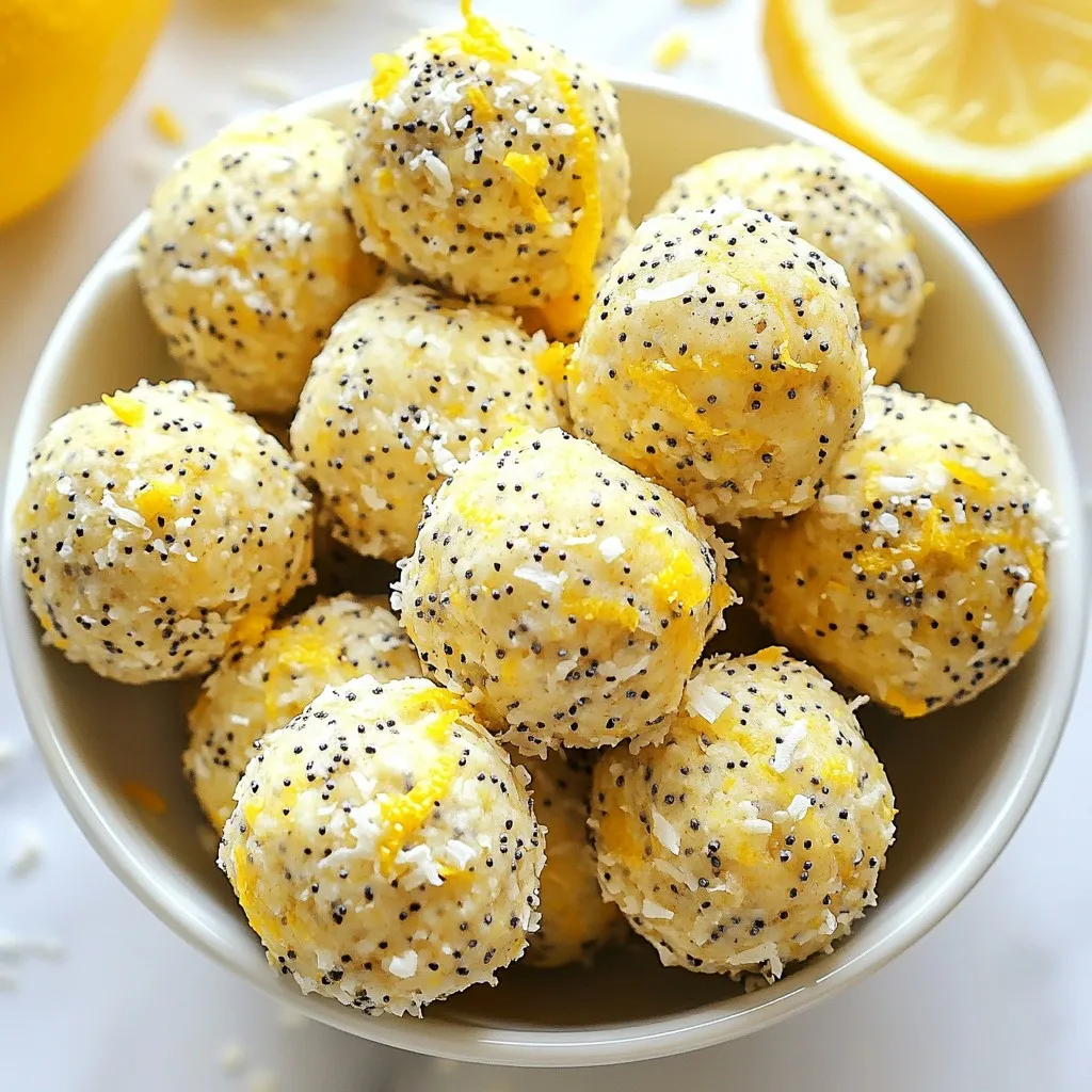 To make these tasty energy bites, gather the following ingredients: - 1 cup rolled oats - 1/2 cup almond butter (or peanut butter) - 1/4 cup honey or maple syrup - Zest of 2 lemons - 2 tablespoons lemon juice - 2 tablespoons poppy seeds - 1/4 teaspoon salt - 1/2 teaspoon vanilla extract - 1/4 cup shredded coconut (unsweetened) These ingredients combine to create a bright and zesty flavor. While the main ingredients shine, you can tweak the recipe. Here are some fun options: - 2 tablespoons chia seeds for extra nutrition - Swap almond butter for peanut butter if you prefer. - Use agave syrup instead of honey or maple syrup for a vegan option. - Add a handful of nuts or seeds for crunch. These add-ins can boost flavor and texture. Each ingredient brings its own health perks: - Rolled oats are great for energy and full of fiber. - Almond butter provides healthy fats and protein. - Honey offers natural sweetness and antioxidants. - Lemon juice adds vitamin C, which supports your immune system. - Poppy seeds give a nice crunch and are rich in minerals. - Chia seeds are packed with omega-3 fatty acids and fiber. These ingredients make the energy bites not just tasty but also a healthy snack choice. {{ingredient_image_1}} To start, gather your ingredients. You will need rolled oats, almond butter, honey, lemon zest, lemon juice, poppy seeds, salt, vanilla extract, and shredded coconut. If you want extra nutrition, add chia seeds. In a large bowl, mix the rolled oats, almond butter, and honey together. Stir until it blends well. Next, add the lemon zest, lemon juice, poppy seeds, salt, and vanilla extract. Mix everything until it’s well combined. If you’re using chia seeds and shredded coconut, fold them in now. Once your mixture is ready, cover the bowl with plastic wrap. Place it in the fridge for about 30 minutes. This chilling helps the mix firm up, making it easier to roll. After chilling, take out the mixture. Scoop out about one tablespoon of the mix. Roll it between your palms to form a bite-sized ball. Repeat until you finish the mixture. Place the rolled bites on a baking sheet with parchment paper. For a fun twist, you can roll the bites in extra shredded coconut or poppy seeds before laying them down. These energy bites are great for snacking any time of day. To serve, put them in a small bowl or on a tiered stand for a nice display. This makes them look inviting. Enjoy these bites as a quick snack or as an energy boost during your day! To keep your energy bites fresh, store them in an airtight container. Place them in the fridge. They stay good for about a week. You can also freeze them for longer storage. Just use a freezer-safe bag or container. Energy bites can last up to three months in the freezer. When you want one, let it thaw in the fridge overnight. Feel free to get creative with flavors. You can swap the almond butter for peanut butter or cashew butter. Try adding different seeds like pumpkin or sunflower seeds. If you love chocolate, mix in dark chocolate chips. For a tropical twist, use dried fruit like mango or pineapple. You can even add spices like cinnamon or nutmeg for warmth and depth. One common mistake is not chilling the mixture long enough. Chilling helps the bites hold their shape. Another mistake is measuring ingredients too loosely. Make sure to measure accurately for the best texture. Don't skip the salt; it enhances all the flavors. Lastly, avoid rolling the bites too large. Aim for about one tablespoon per bite for the right size. Pro Tips Use Fresh Lemons: For the best flavor, use fresh lemons for zest and juice instead of bottled lemon juice. Experiment with Nut Butters: Feel free to swap almond butter with other nut butters like cashew or sunflower seed butter for different flavor profiles. Chill for Firmness: Chilling the mixture before rolling helps the energy bites hold their shape better. Customize Your Add-Ins: Get creative by adding ingredients like dried fruits, nuts, or seeds for added texture and nutrition. {{image_2}} If you want to skip nuts, use sunflower seed butter. This swap keeps the bites creamy and tasty. You can also use soy nut butter for a similar flavor. Both options work well and are safe for nut allergies. Try adding different zests like orange or lime for new flavors. You can mix in spices like cinnamon or ginger for warmth. To make them sweeter, add mini chocolate chips or dried fruit. Each of these changes keeps the bites fun and fresh. Chia seeds add fiber and protein. You can also mix in hemp seeds for extra omega-3s. Another great option is flaxseed, which boosts nutrition without changing the taste. These superfoods make your energy bites even healthier. To keep your lemon poppy seed energy bites fresh, store them in an airtight container. Place parchment paper between layers if you stack them. This keeps them from sticking together. Store the bites in the fridge for up to a week. The cool temperature helps preserve their flavor and texture. If you want to keep these energy bites longer, freezing is a great option. After making the bites, lay them flat on a baking sheet. Freeze them for about 1-2 hours until firm. Once frozen, transfer them to a freezer-safe bag or container. They can last for about 2-3 months in the freezer. Just thaw them in the fridge overnight before eating. Check for signs of spoiling before you eat your energy bites. Look for any changes in color or texture. If they feel slimy or have an off smell, it’s best to throw them away. If there are any visible mold spots, discard them immediately. Always trust your senses to keep snacks safe and tasty! Lemon poppy seed energy bites last about one week in the fridge. Store them in an airtight container. For longer storage, you can freeze them. They will keep well for up to three months in the freezer. Just thaw them in the fridge before enjoying. Yes, you can easily make these bites vegan. Just swap honey for maple syrup. Use almond butter or peanut butter, as both are vegan-friendly. This way, you keep all the great taste without any animal products. If you don’t have almond butter, use peanut butter or sunflower seed butter. Both options work well and give a nice flavor. They will keep the bites creamy and tasty, just like almond butter does. Each energy bite has about 100 calories. This can vary slightly based on the ingredients you use. If you add chia seeds or coconut, it may change the count a bit. Always check your specific brands for exact numbers. Yes, you can omit the poppy seeds if you want. The bites will still be delicious without them. However, poppy seeds add a nice crunch and flavor. You might want to replace them with chopped nuts or seeds for texture. In this post, we explored how to make Lemon Poppy Seed Energy Bites. We covered the key ingredients, their nutrition benefits, and how to prepare and store them. I shared tips for customizing flavors and avoiding common mistakes. You can enjoy different variations to suit your taste. These bites are easy to make and great for snacks. With proper storage, they stay fresh for longer. Enjoy trying them, and feel free to make them your own!