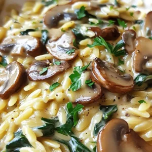 To make Creamy Mushroom Spinach Orzo, gather these simple ingredients: - 1 cup orzo pasta - 2 tablespoons olive oil - 1 medium onion, finely chopped - 3 cloves garlic, minced - 8 ounces mushrooms, sliced (cremini or button) - 4 cups fresh spinach, roughly chopped - 1 cup vegetable broth - 1 cup heavy cream (or coconut cream for a dairy-free option) - ½ cup grated Parmesan cheese (or nutritional yeast for a vegan option) - 1 teaspoon dried thyme - Salt and pepper to taste - Fresh parsley, chopped (for garnish) You can easily adapt this dish for different diets. Here are some swaps: - Use whole wheat or gluten-free orzo for gluten-free options. - Replace heavy cream with coconut cream for a dairy-free meal. - Substitute Parmesan cheese with nutritional yeast to keep it vegan. - Swap olive oil for avocado oil if you prefer. Using fresh herbs brings a bright taste to your dish. Fresh parsley adds color and flavor. For dried herbs, thyme works well in this recipe. Dried herbs are more concentrated, so use less. Aim for about one-third the amount of dried herbs compared to fresh. This way, you keep the flavor balance just right. {{ingredient_image_1}} First, fill a large pot with water and add a pinch of salt. Bring the water to a boil. Once boiling, pour in 1 cup of orzo pasta. Cook the orzo according to the package directions, which usually takes about 8-10 minutes. You want it to be al dente, which means it should still have a little bite. After cooking, drain the orzo and set it aside. In the same pot, add 2 tablespoons of olive oil and heat it over medium. Once the oil is warm, add 1 finely chopped onion. Cook it for about 3-4 minutes until it becomes translucent. Then, add 3 minced garlic cloves. Stir for about a minute until you smell that lovely garlic scent. Next, add 8 ounces of sliced mushrooms to the pot. Cook these for 5-7 minutes. You want them to brown and release their moisture. After that, stir in 4 cups of roughly chopped spinach. Cook for another 2-3 minutes until the spinach wilts down. Now, pour in 1 cup of vegetable broth and bring it to a gentle simmer. Add 1 cup of heavy cream and stir well. Let the mix simmer for 3-4 minutes until it thickens slightly. Now, return the cooked orzo to the pot. Stir in ½ cup of grated Parmesan cheese (or nutritional yeast if you prefer). Add 1 teaspoon of dried thyme and season with salt and pepper to taste. Mix everything well until heated through. Your creamy mushroom spinach orzo is now ready to serve! To get that smooth and creamy feel, start with heavy cream. If you need a dairy-free option, use coconut cream. As you stir in the cream, let it heat gently. Avoid boiling, as this can break the cream. Let it simmer for a few minutes. This helps thicken the dish without losing flavor. The starch from the orzo also adds to the creaminess. So, don’t rush it; let everything meld together. When cooking mushrooms, always start with a hot pan. This helps them brown nicely. Use olive oil for flavor. Once they hit the pan, leave them alone for a few minutes. This way, they can release their moisture and brown well. Stirring too often can prevent this. Cook them until they turn golden brown. This deep flavor enhances your dish a lot. Remember, fresh mushrooms give the best taste. For a flavor boost, add fresh herbs like parsley right before serving. Dried thyme works well, too, but fresh herbs pack a punch. Consider adding a splash of lemon juice. It brightens up the dish and adds a nice zing. Don’t forget salt and pepper; taste as you go. Adjust to your liking. A pinch of red pepper flakes can also add warmth without overpowering the dish. Each of these tips helps bring out the best in your creamy mushroom spinach orzo. Pro Tips Use Fresh Spinach: Fresh spinach wilts beautifully and offers a vibrant flavor. If using frozen spinach, make sure to thoroughly drain and squeeze out excess moisture before adding it to the dish. Customize Your Mushrooms: Experiment with different types of mushrooms like shiitake or portobello for varied flavors and textures. Mixing varieties can also enhance the dish. Make it Vegan: Substitute heavy cream with coconut cream and use nutritional yeast instead of Parmesan for a delicious vegan version that doesn’t compromise on creaminess. Perfectly Cooked Orzo: To avoid mushy orzo, be sure to cook it al dente according to the package instructions, as it will continue to cook slightly when combined with the sauce. {{image_2}} You can add protein to make this dish heartier. Grilled chicken works well. Simply slice it and mix it in at the end. Tofu is a great choice for a plant-based option. Use firm tofu, cube it, and sauté it with the mushrooms. This adds texture and flavor. To keep it vegan, replace heavy cream with coconut cream. It gives a rich taste without dairy. Use nutritional yeast instead of Parmesan cheese for a cheesy flavor. Both swaps keep the meal creamy and delicious. Make sure your vegetable broth is vegan too. You can change the veggies with the seasons. Try adding asparagus in spring. In summer, use zucchini or tomatoes. Fall brings squash or kale, while winter is perfect for root veggies. These variations not only add flavor but also boost nutrition. Plus, it keeps the dish fresh and exciting. To keep your leftover creamy mushroom spinach orzo fresh, place it in an airtight container. Let it cool to room temperature first. Then, seal it tightly and store it in the fridge. It should last for about 3 to 4 days. To keep flavors bright, try to consume it within this time frame. You can freeze creamy mushroom spinach orzo for later. Use a freezer-safe container or bag. Make sure to leave some space for expansion. Label it with the date. It will stay good for up to 2 months. When you are ready to enjoy it, thaw it overnight in the fridge. Reheating creamy mushroom spinach orzo is easy. If you stored it in the fridge, pour it into a pot. Heat on low to medium heat, stirring often. If it seems dry, add a splash of vegetable broth or cream. For frozen orzo, thaw it first. Then, reheat it in the pot or microwave until hot. Enjoy your cozy meal! Yes, you can make Creamy Mushroom Spinach Orzo ahead of time. It stores well in the fridge. Prepare it, then let it cool. Place it in an airtight container. It stays fresh for 3 to 4 days. When you're ready to eat, reheat it on the stove or in the microwave. Add a splash of broth or cream to keep it creamy. To make Creamy Mushroom Spinach Orzo gluten-free, simply swap the orzo pasta. Use gluten-free orzo or your favorite gluten-free pasta. Check the package for cooking times. The rest of the recipe stays the same. Your meal will still be rich and creamy. Enjoy the same great taste without gluten. Creamy Mushroom Spinach Orzo is great on its own. You can add a side salad for freshness. A slice of crusty bread pairs well too. For protein, add grilled chicken or shrimp. You can also sprinkle extra cheese on top before serving. Fresh herbs like basil or parsley add color and flavor. Enjoy your meal! In this article, we explored the key ingredients for Creamy Mushroom Spinach Orzo. You learned about substitutions for different diets and how to choose fresh or dried herbs. We covered step-by-step cooking methods, tips for the perfect texture, and ways to enhance flavors. You also discovered variations to customize the dish and storage tips for leftovers. This dish is versatile and easy to make ahead. With these tips, you can enjoy both a delicious meal and your personal touch. Happy cooking!