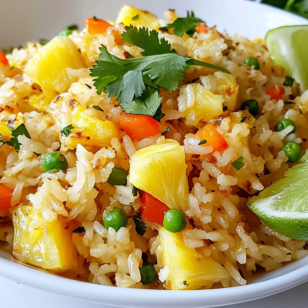To make Thai pineapple fried rice, you need these main ingredients: - 2 cups jasmine rice, cooked and cooled - 1 cup fresh pineapple, diced - 1 medium onion, diced - 2 cloves garlic, minced - 1 red bell pepper, diced - 1 cup peas and carrots (fresh or frozen) - 3 green onions, chopped - 2 tablespoons soy sauce (or tamari for gluten-free) - 1 tablespoon fish sauce (optional) - 2 tablespoons vegetable oil - 1 tablespoon curry powder - Salt and pepper to taste You can add these to make your dish special: - Cooked chicken or shrimp - Cashews or peanuts for crunch - Extra vegetables like broccoli or snap peas - A dash of chili sauce for heat - Fresh herbs like basil or mint Use these tools for cooking: - A large skillet or wok - A spatula for stirring - A measuring cup and spoons - A knife and cutting board - A serving bowl for presentation These ingredients and tools will help you create a tasty pineapple fried rice that everyone will love. {{ingredient_image_1}} To make this pineapple fried rice, start with a large skillet or wok. Heat 2 tablespoons of vegetable oil over medium heat. Add 1 medium diced onion. Sauté it for about 3 minutes until it becomes soft. Next, add 2 cloves of minced garlic and 1 diced red bell pepper. Cook these for 2 minutes until the bell pepper is tender. Now, stir in 1 tablespoon of curry powder. Let it cook for 30 seconds to bring out that great flavor. Then, add 2 cups of cooked jasmine rice. Break up any clumps and mix it well with the veggies. Push the rice to one side of the skillet. On the other side, add 1 cup of diced fresh pineapple and 1 cup of peas and carrots. Sauté these for 2-3 minutes until they are heated through. Mix everything together in the pan. Drizzle in 2 tablespoons of soy sauce and 1 tablespoon of fish sauce if you like it. Stir everything to combine evenly. Finally, season with salt and pepper to taste. Add 3 chopped green onions and mix for 1 more minute. Your fried rice is now ready to serve. Transfer it to a bowl and garnish with fresh cilantro. Serve with lime wedges on the side for a zesty kick. Using jasmine rice is key. It has a nice aroma and texture. Make sure to cook the rice ahead of time. Let it cool before using it in the dish. This helps prevent sticky rice. If you have leftover rice, that works great too. Day-old rice is often the best for fried rice. When sautéing vegetables, keep the heat at medium. This helps them cook evenly. Start with onions, as they take longer to soften. Add garlic next, as it cooks quickly. The bell pepper adds color and sweetness. Stir often to avoid burning. If you want more crunch, sauté the vegetables for a shorter time. Enjoy the fresh taste they bring to your dish! When picking a pineapple, look for one that feels heavy. A ripe pineapple has a sweet smell at the base. The skin should be golden and firm, not too soft. Avoid pineapples with dark spots or wrinkles. The leaves on top should be green and fresh. This way, your fried rice will taste bright and sweet. You can swap jasmine rice with basmati rice or brown rice. If you do not have fish sauce, use extra soy sauce. For a vegan twist, skip the fish sauce completely. Try adding tofu or tempeh for protein. You can also use any veggies you like, such as broccoli or corn. This recipe is flexible and fun to customize! One mistake is using hot rice. Make sure your rice is cooled before cooking. This helps keep the grains separate and fluffy. Another mistake is not seasoning enough. Taste as you cook and adjust salt and pepper. Lastly, don’t rush the sautéing. Give veggies time to soften and develop flavor. Taking your time makes a big difference! Pro Tips Use Day-Old Rice: For the best texture, use rice that has been cooked and cooled, preferably left in the fridge overnight. This helps the grains stay separate during frying. Customize Your Veggies: Feel free to swap in other vegetables like bell peppers, corn, or broccoli based on your preference or what you have on hand! Adjust the Spice: If you love heat, consider adding chopped chili peppers or a dash of sriracha to the mix for an extra kick! Garnish for Freshness: Always garnish with fresh herbs like cilantro or basil and serve with lime wedges. This adds brightness and enhances the dish's tropical flavors. {{image_2}} You can easily make this dish vegetarian or vegan. Simply skip the fish sauce. Use soy sauce or tamari instead. This option keeps the flavor while being meat-free. Add more veggies like broccoli or bell peppers for extra color and taste. You might also try tofu for added protein. Firm tofu works best when sautéed until golden. For a fun twist, add other tropical fruits. Mango, papaya, or even coconut can make this dish shine. You can also use different nuts like cashews or peanuts. They add a nice crunch. If you want more texture, consider adding cooked shrimp or chicken. Just make sure they are cooked before adding them to the rice. Like it spicy? Add some chopped chili peppers to the mix. You can also use chili flakes for heat. If you prefer it mild, stick with just curry powder. This gives the rice a warm flavor without the spice. Taste as you go to find your ideal heat level. To keep your Thai pineapple fried rice fresh, place it in an airtight container. Let it cool first. This keeps moisture out, which helps prevent sogginess. Make sure to store it in the fridge within two hours of cooking. It should last up to three days. When you're ready to eat, reheat the rice on the stove or in the microwave. For the stove, use a little oil in a pan. Heat it over medium heat and stir often. This helps keep the rice from sticking. In the microwave, use a microwave-safe dish. Add a splash of water to keep it moist. Heat in short bursts, stirring in between. You can freeze Thai pineapple fried rice for later. First, cool it completely. Then, pack it in freezer-safe bags or containers. Squeeze out as much air as you can. Label the bags with the date. It can stay in the freezer for about one month. To use, thaw it in the fridge overnight before reheating. You can serve Thai Pineapple Fried Rice with many tasty options. Try pairing it with spring rolls for a crunchy bite. Grilled chicken or shrimp works well for protein lovers. A fresh salad adds a nice crunch, too. You can even serve it with a sweet chili sauce for a spicy kick. Lime wedges brighten the dish and add fresh flavor. Yes, you can make Thai Pineapple Fried Rice in advance. Cook the rice and veggies, then store them in the fridge. It stays fresh for up to three days. When ready to eat, just reheat it in a pan or microwave. Add a little oil to keep it moist and tasty. Thai Pineapple Fried Rice has a unique sweet and savory flavor. The fresh pineapple gives it a tropical taste that stands out. The use of curry powder adds a warm spice not found in other styles. Also, the mix of veggies adds color and crunch, making it more vibrant. Thai Pineapple Fried Rice offers a fun mix of flavors and textures. You learned about key ingredients, cooking steps, and tips for perfect results. We also explored tasty variations and smart storage methods. Remember, you can customize this dish to suit your taste. Try different spices or add veggies to make it your own. Enjoy your cooking, and don’t hesitate to experiment. Happy cooking!