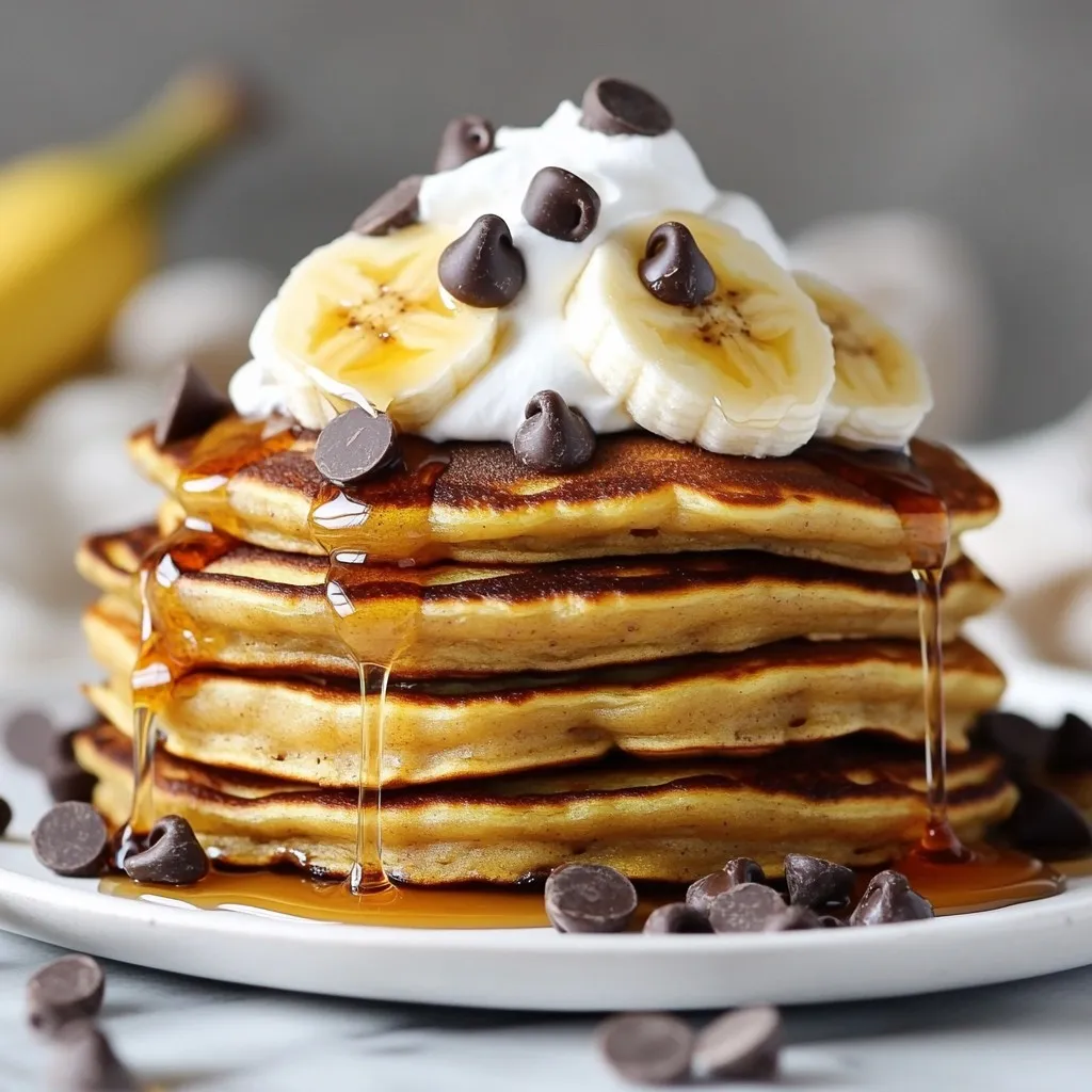 - 1 cup all-purpose flour - 2 tablespoons sugar - 1 tablespoon baking powder - 1/2 teaspoon salt - 1 cup milk - 1 large ripe banana, mashed - 1 large egg - 2 tablespoons melted butter (plus extra for cooking) - 1/2 cup chocolate chips - 1/2 teaspoon vanilla extract - Optional toppings: sliced bananas, whipped cream, maple syrup Gathering the right ingredients is key to making delicious chocolate chip banana pancakes. Each item plays a big role in creating that perfect fluffy texture. Start with 1 cup of all-purpose flour. This is the base for your pancakes. Next, add 2 tablespoons of sugar. This gives a little sweetness without being overpowering. Then, include 1 tablespoon of baking powder. This helps the pancakes rise and stay light. Don’t forget 1/2 teaspoon of salt. Salt balances the sweetness and enhances the flavors. You will need 1 cup of milk for moisture. It makes the batter smooth and creamy. Grab 1 large ripe banana and mash it well. This adds natural sweetness and flavor. You also need 1 large egg. The egg binds everything together and adds richness. Melt 2 tablespoons of butter. This adds flavor and keeps the pancakes from sticking. Add in 1/2 cup of chocolate chips. This is where the magic happens; they melt perfectly in the warm pancakes. Finally, don’t skip 1/2 teaspoon of vanilla extract for that lovely aroma and taste. For toppings, you can use sliced bananas, whipped cream, or maple syrup. These add fun flavors and make your pancakes extra special. With all these ingredients, you’re ready to make a breakfast treat that everyone will love! {{ingredient_image_1}} First, grab a large mixing bowl. Add 1 cup of all-purpose flour, 2 tablespoons of sugar, 1 tablespoon of baking powder, and 1/2 teaspoon of salt. Use a whisk to mix these ingredients well. Whisking helps to blend the flour and baking powder evenly. This step is key. It ensures that the pancakes rise well, giving you that light and fluffy texture. In another bowl, combine 1 cup of milk, 1 large ripe banana (mashed), 1 large egg, 2 tablespoons of melted butter, and 1/2 teaspoon of vanilla extract. Mix these until you get a smooth mixture. This is where the banana adds flavor. It blends nicely with the milk and butter, making your pancakes moist and delicious. Now, pour the wet mixture into the bowl with the dry ingredients. Stir gently until just combined. The batter should still look slightly lumpy. Overmixing can lead to tough pancakes. So, take your time and fold the mixture carefully. When you see a few dry spots, you’re ready to add the chocolate chips. Preheat a non-stick skillet over medium heat. Add a small amount of butter to grease the surface. Pour about 1/4 cup of batter for each pancake. Cook until bubbles form on top, about 2-3 minutes. This shows they are ready to flip. Carefully turn them over and cook for another 1-2 minutes until golden brown. Keep an eye on the heat to avoid burning. Repeat this with the remaining batter and enjoy your pancakes warm! To make your pancakes fluffy, use room temperature ingredients. Cold milk and eggs can make the batter dense. Let them sit out for about 30 minutes. Resting the batter for 10 minutes also helps. It allows the flour to absorb the moisture fully. This step makes your pancakes rise better during cooking. Use a non-stick skillet for easy flipping. Preheat it over medium heat. Add a small amount of butter to the skillet before pouring in the batter. If the heat is too high, the pancakes can burn on the outside while staying raw inside. If they cook too fast, lower the heat slightly. Fold in the chocolate chips gently. This keeps the batter light and airy. Avoid stirring too much, as it can lead to dense pancakes. For even chocolate placement, sprinkle some chips on top of the batter once it is in the skillet. This way, you prevent heavy chocolate at the bottom. Pro Tips Perfectly Ripe Bananas: Use bananas that are very ripe, with lots of brown spots, as they provide the best flavor and natural sweetness for your pancakes. Don’t Overmix: When combining wet and dry ingredients, mix just until combined. A few lumps are okay; overmixing can lead to dense pancakes. Even Heat Distribution: Make sure your skillet or griddle is evenly heated to prevent pancakes from burning. Test with a drop of water; it should sizzle and evaporate quickly. Keep Them Warm: If making multiple pancakes, keep cooked ones warm in a low oven (200°F or 93°C) while you finish the batch. {{image_2}} You can make your pancakes healthier with a few swaps. Try using whole wheat flour instead of all-purpose flour. Whole wheat adds fiber and nutrients. Oat flour is another great choice. It gives a nutty flavor and works well. For sweetening, think about using honey or maple syrup. These natural options can replace sugar. They add a different taste and are often less processed. Want to mix it up? Try adding nuts to your batter. Chopped walnuts or pecans bring crunch and flavor. You could also sprinkle in some cinnamon or nutmeg. These spices add warmth and depth. Don’t forget about chocolate! You can use dark chocolate chips or even white chocolate. Each type offers a unique taste. You can even blend different chocolates for a fun twist. If you follow a dairy-free diet, use almond milk or soy milk instead of regular milk. For butter, try coconut oil or a dairy-free spread. These swaps keep the flavor without dairy. If you're vegan, you can skip the egg. Use a flaxseed or chia seed mix instead. Just mix one tablespoon of seeds with three tablespoons of water. Let it sit for five minutes to thicken. This mix binds the pancakes just like an egg would. To keep leftover pancakes fresh, place them in an airtight container. You can stack them with parchment paper between each pancake to avoid sticking. Properly stored, they last about 3 to 4 days in the fridge. When reheating, use a microwave or skillet. For the microwave, place a pancake on a plate and cover it with a damp paper towel. Heat for about 20-30 seconds until warm. If you prefer the skillet, heat it over low heat with a touch of butter. Cook each pancake for about 1-2 minutes on both sides. This method adds a nice crispness. Freezing pancakes is easy and a great way to save time. Start by letting the pancakes cool completely. Then, stack them with parchment paper in between each one to prevent sticking. Wrap the entire stack in plastic wrap or place them in a freezer bag. Squeeze out as much air as possible. They can stay fresh for up to 2 months in the freezer. To thaw frozen pancakes, take them out and leave them in the fridge overnight. If you're in a hurry, you can microwave them directly from the freezer. Heat for about 1 minute, flipping halfway through. For a crispy finish, use a skillet over low heat for a few minutes. Enjoy your pancakes just like fresh! Yes, you can make these pancakes gluten-free. Use gluten-free flour blends available at stores. Look for blends made from rice flour, almond flour, or coconut flour. These blends work well in pancakes. Just replace the all-purpose flour with your choice of flour blend. Adjust the liquid slightly if needed since gluten-free flours can absorb more moisture. If you need an egg substitute, there are many options. You can use 1/4 cup of unsweetened applesauce for each egg. Mashed banana works great too; use 1/4 cup for one egg. You can also use flaxseed meal. Mix 1 tablespoon of flaxseed with 3 tablespoons of water and let it sit for a few minutes. This mixture acts like an egg in pancakes. To boost nutrition, add fruits like blueberries or diced apples into the batter. You can also mix in oats or whole wheat flour for more fiber. Chia seeds or flax seeds add healthy fats and fiber too. These options enhance flavor and make the pancakes healthier without losing their tasty appeal. Pancakes stay fresh in the fridge for about 3 to 4 days. Store them in an airtight container to keep them moist. When you’re ready to eat, just reheat them in the microwave or on the skillet. For longer storage, consider freezing them. They can last up to 2 months in the freezer if wrapped well. In this post, we explored a simple, tasty pancake recipe using easy ingredients. We covered steps to mix and cook the batter for fluffy pancakes. You now know tips for variations and storage options. These pancakes can fit any diet and taste preference. Enjoy making them at home, and share the joy with family or friends. Simple tools and a bit of practice will lead you to perfect pancakes every time. Now, get cooking and treat yourself!